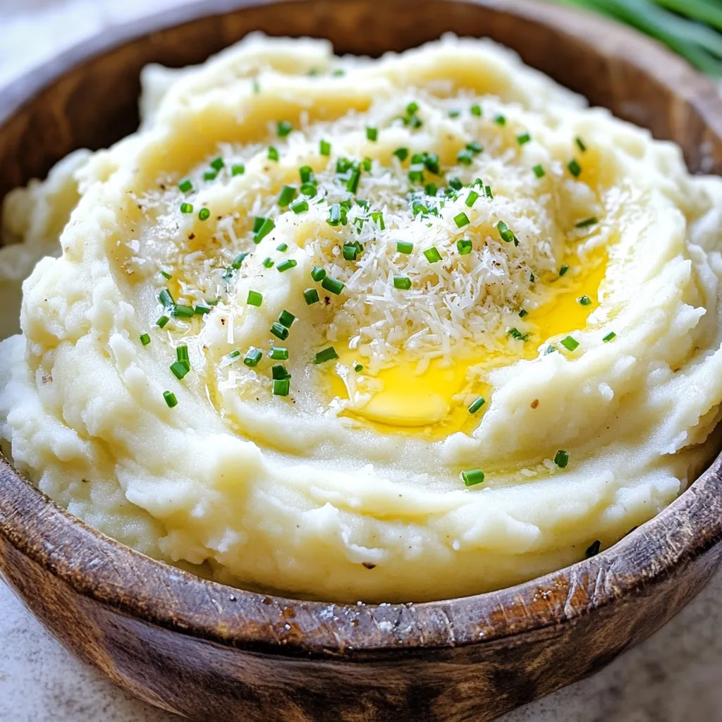 - 2 pounds Yukon Gold potatoes, peeled and chopped into uniform pieces - 4 cloves fresh garlic, finely minced - 1 cup heavy cream, warmed - 1/2 cup unsalted butter, cut into small cubes - 1 cup freshly grated Parmesan cheese - Salt and freshly ground black pepper, to taste - Fresh chives or parsley, finely chopped, for garnish To make creamy garlic Parmesan mashed potatoes, you need the best ingredients. Yukon Gold potatoes are my top choice. They are buttery and smooth. Fresh garlic adds a strong flavor that makes the dish pop. Next, heavy cream gives the potatoes their rich texture. I prefer unsalted butter for a pure taste. Parmesan cheese brings a nice salty flavor that blends well. Always season with salt and black pepper to enhance the taste. Finally, fresh herbs like chives or parsley add a lovely touch. These ingredients work together to create a dish that is both comforting and gourmet. You will love how they combine to create a creamy and delicious side. Start by peeling and chopping 2 pounds of Yukon Gold potatoes. Cut them into even pieces. Place the potatoes in a large pot. Cover them with cold water and add a pinch of salt. Turn the heat to medium-high. Wait for the water to boil. Once it boils, lower the heat to medium-low. Let the potatoes simmer until they are fork-tender. This takes about 15 to 20 minutes. While the potatoes cook, prepare the garlic cream mixture. Take 4 minced garlic cloves and combine them with 1 cup of warmed heavy cream in a small saucepan. Heat this mix on low heat. Make sure it does not boil. You want to warm it until you can smell the garlic. Once the potatoes are tender, drain them in a colander. Return them to the pot. Add 1/2 cup of cubed unsalted butter to the hot potatoes. Let the butter melt for a minute. Then, pour the garlic cream mixture over the potatoes. Use a potato masher for a rustic texture or a hand mixer for a smooth mash. Mash until creamy and free of lumps. Next, fold in 1 cup of freshly grated Parmesan cheese. Mix until the cheese melts into the potatoes. Season with salt and freshly ground black pepper. If you want creamier potatoes, add more heavy cream until you reach the right texture. To make the best creamy garlic Parmesan mashed potatoes, you need to focus on texture. Start by adjusting the cream. If your potatoes feel too thick, add more warmed heavy cream. This helps you reach that dreamy, creamy texture. Avoid gummy potatoes by mashing them right after cooking. Letting them sit can cause them to get sticky. Use a potato masher for a rustic feel or a hand mixer for smoothness. Each method gives you a different style, so choose what you like best. For extra flavor, consider adding more seasonings. Fresh herbs like chives or parsley can brighten the dish. They add color and taste. You can also try a pinch of garlic powder or nutmeg for a unique twist. Using fresh garlic is key to a rich taste. Mince it finely and mix it with the cream. This way, you infuse the potatoes with a strong garlic flavor. Finish your dish with a sprinkle of Parmesan on top. This makes it look even more delicious! {{image_4}} Want to make your creamy garlic Parmesan mashed potatoes even better? You can add more flavors. Here are some great ideas: - Incorporating sour cream or cream cheese: Adding sour cream gives a nice tang. Cream cheese makes the mash even creamier. Just mix in about half a cup for a richer taste. - Including roasted garlic or caramelized onions: Roasted garlic has a sweet flavor. You can roast a whole bulb in the oven. For caramelized onions, cook them slowly in a pan until they turn golden brown. Both options add depth to your mash. Need to adapt the recipe for special diets? No problem! Here are some easy swaps: - Vegan version using plant-based butter and cream: You can use vegan butter and coconut cream instead of regular butter and cream. This keeps the dish creamy without dairy. - Gluten-free considerations: This recipe is naturally gluten-free! Just make sure your butter and any added ingredients are gluten-free. You can enjoy these mashed potatoes without worry. Feel free to experiment with these ideas. Your creamy garlic Parmesan mashed potatoes will always shine! Store your creamy garlic Parmesan mashed potatoes in an airtight container. This keeps them fresh and tasty. If stored properly, they last in the fridge for up to four days. Always let the potatoes cool to room temperature before sealing the container. This helps prevent condensation, which can make the potatoes watery. To bring back the creaminess, add a splash of heavy cream when reheating. Stir well to mix it in. You can use the microwave or stovetop. - Microwave: Place the mashed potatoes in a microwave-safe bowl. Cover with a damp paper towel and heat in 30-second bursts. Stir in between until warmed through. - Stovetop: Pour the potatoes into a saucepan over low heat. Stir often and add more cream if needed. This method gives you control over the texture and heat. Both methods work well, but stovetop reheating can help keep them smooth. Enjoy your delicious mashed potatoes again! Yes, you can make these potatoes ahead of time. - Cook the potatoes and mash them as usual. - Store them in an airtight container in the fridge. - Reheat them gently before serving. This way, you save time on busy days. Just remember to add a little cream or butter when reheating for the best taste. These mashed potatoes pair well with many dishes. - Roast chicken or turkey brings out their flavor. - Grilled steak or pork chops add a nice contrast. - Serve them with sautéed green beans or a fresh salad for balance. They make any meal feel special and rich. To make your mashed potatoes extra creamy, follow these tips: - Use Yukon Gold potatoes for a smooth texture. - Warm your heavy cream before adding it. - Add butter while the potatoes are hot, so it melts well. - For a richer taste, fold in extra Parmesan cheese. If they are too thick, stir in more cream until smooth. Enjoy your perfect creamy mash! This blog post shared how to make creamy garlic Parmesan mashed potatoes. We covered the key ingredients, step-by-step instructions, and tips for perfect results. You learned how to enhance flavor and adjust texture. Plus, we explored variations and storage tips. In conclusion, these mashed potatoes are a tasty addition to any meal. With simple steps and ingredients, you can create a comforting dish that everyone will love. Enjoy your cooking journey!