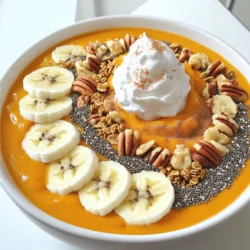 - 1 cup pumpkin puree (canned or homemade) - 1 frozen banana - 1/2 cup Greek yogurt (or a dairy-free alternative) - 1/2 cup almond milk (or your preferred milk) - 1 teaspoon vanilla extract - 1 teaspoon pumpkin pie spice - 1 tablespoon maple syrup (or honey for sweetening) - Toppings: granola, sliced bananas, chia seeds, toasted pecans, a sprinkle of cinnamon, coconut whipped cream (optional) When you measure your ingredients, use standard cups and spoons. If you need to convert, here are some quick tips: - 1 cup equals 240 milliliters. - 1 tablespoon equals 15 milliliters. - 1 teaspoon equals about 5 milliliters. You can use these conversions to ensure you get the right amounts for your cozy pumpkin pie smoothie bowl. If you have dietary restrictions, don’t worry! Here are some alternatives: - For a dairy-free option, use coconut yogurt instead of Greek yogurt. - Swap almond milk with oat milk or soy milk based on your taste preference. - If you avoid added sugars, use mashed dates or a ripe banana instead of maple syrup. These swaps help you enjoy the cozy pumpkin pie smoothie bowl while meeting your needs. To start, gather your ingredients. You need pumpkin puree, a frozen banana, Greek yogurt, almond milk, vanilla extract, pumpkin pie spice, and maple syrup. It’s best to measure each item first. This helps keep your kitchen tidy. Next, take your blender and add the pumpkin puree. Then, toss in the frozen banana. Next, add the Greek yogurt and almond milk. The yogurt makes it creamy. Add the vanilla extract and pumpkin pie spice for flavor. Finally, drizzle in the maple syrup for sweetness. Make sure to blend on high speed. Blend until the mixture is creamy and smooth. It should look thick but pourable. If it seems too thick, add a little more almond milk. Blend again until you reach the right texture. When blending, always start with the liquids at the bottom. This helps the blender mix everything well. Use a tamper if your blender has one. This tool pushes the ingredients down without stopping the blend. If your smoothie bowl is still lumpy, blend longer. You want a silky texture. If needed, pause the blender and scrape down the sides. This ensures all ingredients mix evenly. Once your smoothie is blended, pour it into a bowl. Use a spatula to get every bit out. Now for the fun part: decorating! Start by adding a base layer of granola in the center. This adds crunch. Then, place sliced bananas, chia seeds, and toasted pecans around the edges. Make it look beautiful and colorful. To finish, sprinkle a little cinnamon on top. If you like, add a dollop of coconut whipped cream right in the center. This makes it look extra special. Serve your cozy pumpkin pie smoothie bowl right away with a spoon. Enjoy! To get the right thickness, use a frozen banana. It helps to chill the mix well. If your smoothie is too thick, add more almond milk. Blend until smooth and creamy. You want it to flow easily but not be runny. To boost the taste, try adding a pinch of nutmeg or ginger. These spices give warmth and depth. You can also mix in a dash of cinnamon for extra flavor. Always adjust to your own taste. Remember, it's all about what makes you happy! Use a good blender to ensure a smooth blend. I suggest a high-speed blender for best results. A bowl and a spatula are key for serving. You’ll want good, sharp knives for slicing toppings. A measuring cup helps with accuracy in your ingredients. {{image_4}} To make your cozy pumpkin pie smoothie bowl dairy-free and vegan, swap the Greek yogurt for a dairy-free yogurt. Brands like almond, coconut, or cashew yogurt work well. You can also use coconut milk instead of almond milk. This change keeps the creamy texture while keeping it plant-based. You can enhance the flavor of your smoothie bowl with fun add-ins. For a chocolate twist, blend in a tablespoon of cocoa powder. If you love nutty flavors, add a spoonful of your favorite nut butter. This makes the bowl richer and adds healthy fats. You can also try adding a pinch of nutmeg for extra warmth. In the fall, use fresh pumpkin if you have it. Simply roast and puree it for a fresh taste. In winter, swap the pumpkin for sweet potato for a different flavor. You can also use spices like ginger or cinnamon to match the season. This keeps the recipe exciting all year long! Store any leftover smoothie in an airtight container. Keep it in the fridge for up to two days. The smoothie may separate, so give it a good shake before serving. If you want to keep it longer, freezing is a great option. You can freeze this smoothie bowl for later. Pour the smoothie into freezer-safe containers or bags. Leave some space at the top for expansion. It can last for up to three months in the freezer. When you are ready to enjoy it, take it out and let it thaw in the fridge overnight. To reheat the smoothie, avoid using the microwave. Instead, let it sit at room temperature for about 30 minutes. If it becomes too thick, stir in a little almond milk to reach your desired consistency. Enjoy your cozy pumpkin pie smoothie bowl fresh! Yes, you can use fresh pumpkin. First, roast the pumpkin until soft. Then, scoop out the flesh and blend it until smooth. This option gives a fresh taste to your smoothie bowl. To make it vegan, swap Greek yogurt for a dairy-free yogurt. Use almond milk or any plant-based milk. Maple syrup is already vegan, so you’re good to go! The best toppings are granola, sliced bananas, and chia seeds. You can also add toasted pecans for crunch. A sprinkle of cinnamon makes it warm and cozy. For a treat, add coconut whipped cream! You learned about crafting a great smoothie bowl in this post. We covered key ingredients, step-by-step preparation, and useful tips. You can make it your own with variations and alternatives to fit your diet. Storing leftovers and reheating options keep your meal fresh and easy. Experiment with flavors and enjoy your creations. You now have the tools to make the perfect smoothie bowl that suits your taste and needs. Happy blending!