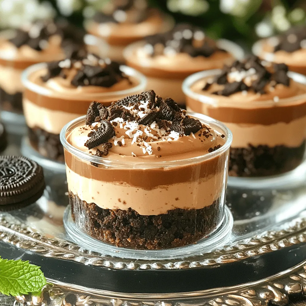 To make these delightful cheesecake cups, you'll need the following ingredients: - 1 cup Oreo cookie crumbs - 2 tablespoons unsalted butter, melted - 8 oz cream cheese, softened to room temperature - 1/2 cup Nutella chocolate hazelnut spread - 1/2 cup powdered sugar - 1 teaspoon pure vanilla extract - 1 cup heavy whipping cream - Additional Oreo cookies, crumbled, for topping - Shaved chocolate (optional) for an elegant garnish For the best results, use measuring cups and spoons. Always level off dry ingredients with a straight edge. This way, you avoid adding too much or too little. When measuring sticky items like Nutella, spray the cup with cooking spray first. This helps it slide out easily. For cream cheese, make sure it is soft. This leads to a smooth texture. You can easily swap some ingredients to fit different diets: - Use gluten-free cookies instead of Oreos for a gluten-free option. - Choose dairy-free cream cheese and whipped cream for a vegan treat. - If you're watching sugar, select a sugar-free Nutella spread. These swaps help everyone enjoy this dessert without worry. To start, grab a medium bowl. Combine 1 cup of Oreo cookie crumbs with 2 tablespoons of melted butter. Mix them well. You want the crumbs to look like wet sand. Once mixed, divide the crumb mixture into about 6 cups or jars. Press the mixture firmly at the bottom of each cup. This creates a solid base for the cheesecake. Next, take a clean bowl. Beat 8 oz of softened cream cheese with 1/2 cup of Nutella, 1/2 cup of powdered sugar, and 1 teaspoon of vanilla extract. Use an electric mixer on medium speed. Mix until smooth with no lumps. In another bowl, whip 1 cup of heavy cream until stiff peaks form, about 3-5 minutes. Gently fold the whipped cream into the Nutella mixture in two additions. This keeps it light and fluffy. Now it's time to fill the cups. Use a spoon or piping bag to add the Nutella cheesecake mixture. Leave a little space at the top. Sprinkle the extra crumbled Oreo cookies over the cheesecake layer. This adds a nice crunch. Cover the cups with plastic wrap and place them in the refrigerator. Chill for at least 4 hours or overnight for the best taste. If you like, add shaved chocolate on top just before serving. Enjoy this delightful treat! To get a smooth cheesecake, start with soft cream cheese. Let it sit at room temperature for about 30 minutes. This helps it blend well. Mix the cream cheese with Nutella, powdered sugar, and vanilla extract. Beat them together until there are no lumps. Use a hand mixer for the best results. If you notice lumps, keep mixing until the texture is even. Whipping cream is key to a light texture. Begin with cold heavy cream for the best results. Use a clean bowl and beaters to avoid any residue. Start mixing on low speed to avoid splatter. Gradually increase to high speed until stiff peaks form. This usually takes about 3 to 5 minutes. Be careful not to over-whip, as it can turn grainy. Presentation makes a big difference! Use clear cups to show off the layers of your cheesecake. This adds fun to your dessert. Sprinkle crumbled Oreos on top for a nice crunch. For an extra touch, add shaved chocolate before serving. A fresh mint sprig can also brighten the look. Serve the cups on a decorative platter for a stunning display. {{image_4}} You can change up the flavor of your cheesecake cups. Mix in peanut butter for a nutty twist. Just add 1/4 cup of creamy peanut butter to the Nutella mix. For a tropical vibe, try coconut. Swap out some cream cheese with coconut cream. This adds rich flavor and creamy texture. Toppings can take your dessert to the next level. Use crushed nuts for crunch. Chopped hazelnuts or almonds work well. You can also add fresh berries for a burst of color and flavor. Strawberries or raspberries add a nice tartness. A drizzle of caramel or chocolate sauce can make it extra sweet and rich. These cheesecake cups fit many events. For a birthday party, add colorful sprinkles on top. If you're hosting a dinner, use clear cups for a fancy touch. For casual get-togethers, serve them in fun, colorful jars. They look great and taste even better. Each cup offers a personal treat for your guests. To keep your cheesecake cups fresh, cover them tightly. Use plastic wrap or a lid. This prevents them from absorbing other flavors in the fridge. Store them in the refrigerator for best results. They taste great cold and firm. You can freeze these cheesecake cups! First, cover them with plastic wrap. Then, place them in an airtight container. This stops ice crystals from forming. They will last in the freezer for about three months. When ready to eat, thaw them in the fridge overnight. These cheesecake cups will stay fresh in the fridge for about four days. To enjoy them at their best, eat them within this time frame. Always check for any changes in smell or color before enjoying. Freshness is key for the best taste! Yes, you can use reduced-fat cream cheese. It works well in this recipe. The texture may be slightly different, but the taste will still be great. Just make sure it’s softened before mixing. This will help create a smooth filling. These cheesecake cups last about 3-4 days in the fridge. Store them in an airtight container. Keep the extra Oreo crumbs separate until serving for the best crunch. Enjoy them cold for a refreshing treat on warm days. Absolutely! You can make these cups a day ahead. This allows the flavors to meld together nicely. Just remember to cover them well before chilling. They will taste even better after a night in the fridge. This blog post covered how to make No Bake Nutella Oreo Cheesecake Cups. We detailed the ingredients, alternative options, and the step-by-step instructions. You learned tips for a smooth mixture and presentation ideas. We shared variations to suit your taste and discussed storage for freshness. These cheesecake cups are easy and fun to make. I hope you feel inspired to try this recipe and enjoy the process!