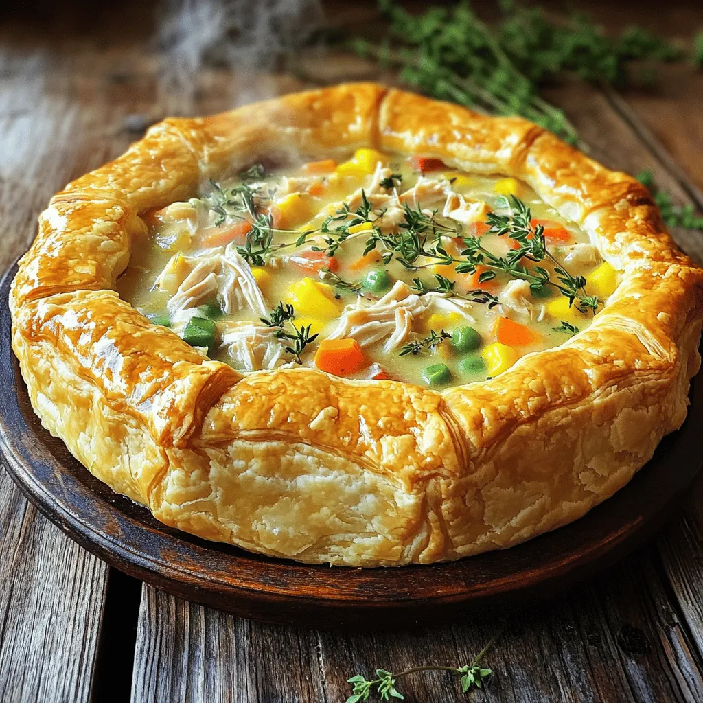 - 1 pound cooked chicken, shredded or diced - 1 cup frozen mixed vegetables (peas, carrots, corn) - 1 cup chicken broth - 1/2 cup heavy cream - 1 small onion, diced - 2 cloves garlic, minced - 2 tablespoons butter - 1 teaspoon dried thyme - Salt and pepper to taste - 1 package (17.3 oz) puff pastry sheets, thawed - 1 egg, beaten (for egg wash) Let’s dive into what makes this dish so tasty. First, you need one pound of cooked chicken. You can use rotisserie chicken or leftover chicken from a previous meal. Shredding or dicing it keeps the pieces bite-sized and easy to eat. Next, grab one cup of frozen mixed vegetables. Peas, carrots, and corn add color and nutrition. They bring a sweet crunch to the dish, making every bite enjoyable. For the sauce, you will use one cup of chicken broth and half a cup of heavy cream. The chicken broth adds flavor, while the cream gives richness. Together, they create a creamy and comforting base. You will also need one small onion and two cloves of garlic. Dicing the onion and mincing the garlic infuse the dish with great aroma. Start with these two ingredients, and your kitchen will smell amazing. Add two tablespoons of butter for sautéing the onion and garlic. Butter adds a nice depth of flavor. Don't forget the herbs! One teaspoon of dried thyme adds a lovely earthiness. Season with salt and pepper to taste. These simple seasonings elevate the dish without overpowering the natural flavors. You will need one package of puff pastry sheets, thawed. This is your golden topping that creates a flaky crust. The puff pastry is key to making a pot pie look and taste great. Lastly, brush the top with one beaten egg. This gives your pastry a beautiful golden color when baked. These ingredients come together to create a delightful chicken pot pie that warms the heart. - Preheat the oven to 400°F (200°C). - In a large skillet, melt 2 tablespoons of butter over medium heat. - Add 1 small diced onion and sauté for about 5 minutes until soft. - Mix in 2 minced garlic cloves and stir for 1 minute. - Add 1 pound of cooked chicken and 1 cup of frozen mixed vegetables. - Pour in 1 cup of chicken broth and 1/2 cup of heavy cream. - Stir in 1 teaspoon of dried thyme, along with salt and pepper. - Let the mixture simmer for 5-7 minutes until it thickens. - On a floured surface, roll out the puff pastry until it's large enough. - Pour the chicken and vegetable filling into your baking dish. - Carefully cover it with puff pastry, sealing the edges tightly. - Cut a few small slits in the top of the pastry for steam to escape. - Brush the top with a beaten egg for a golden finish. - Place the dish in the oven and bake for 25-30 minutes. - The pastry should puff up and turn golden brown. - Let the pot pie cool for a few minutes before serving. - How to ensure perfect puff pastry texture To get a great puff pastry, keep it cold. Use chilled butter and don’t overwork the dough. Roll it out gently and make sure to have layers. When you bake, the steam makes it puff up. - Substitutions for fresh ingredients If you don’t have fresh veggies, frozen ones work well. You can also swap heavy cream with half-and-half for a lighter dish. For herbs, dried thyme is a good choice if you lack fresh herbs. - Optimal cooking times for varied ovens Ovens can vary, so keep an eye on your dish. Start checking around 25 minutes. If the pastry is golden and puffy, it’s done. Adjust time by a few minutes based on your oven. - Presentation ideas for serving Serve the pot pie in the baking dish for a rustic look. You can also spoon portions into bowls for a more elegant setting. - Best sides to pair with chicken pot pie A fresh salad or steamed green beans makes a great side. You can also serve crusty bread for dipping in the filling. - Ideal garnishes for added flavor Fresh thyme or chopped parsley adds color and taste. A sprinkle of black pepper can also enhance the dish's flavor. {{image_4}} You can easily tweak this recipe to fit different diets. For a vegetarian option, use vegetable broth instead of chicken broth. This keeps the taste rich and satisfying while making it plant-based. If you need a gluten-free alternative, choose gluten-free puff pastry. It puffs up nicely and tastes great. For those watching their fat intake, try using low-fat creams. This will still give you a creamy texture without the extra calories. To switch things up, play with different herbs. Rosemary or oregano can add a lovely twist to the classic flavor. If you like cheese, add some grated cheese to the filling. This makes it creamy and even more delicious. If you want some heat, experiment with spices like cayenne or paprika. A little bit can go a long way in making your pot pie exciting. To store your leftover chicken pot pie, let it cool first. Cover it tightly with plastic wrap or aluminum foil. This keeps the moisture in and stops it from drying out. Place it in the fridge for up to three days. For longer storage, you can freeze it. Wrap the pot pie in plastic wrap, then in foil. This method helps keep the flavor. You can freeze it for up to three months. To reheat the pot pie in the oven, preheat it to 350°F (175°C). Place the pie in an oven-safe dish. Cover it with foil to keep it from browning too much. Heat for about 20-25 minutes or until hot. If you want a crispier top, remove the foil for the last 5 minutes. For quick meals, you can microwave individual portions. Place a slice on a microwave-safe plate. Cover it with a damp paper towel to keep it moist. Heat on high for 1-2 minutes, checking every 30 seconds. Be careful, as the filling can get very hot. Can I use leftover chicken in this recipe? Yes, you can use leftover chicken. It saves time and adds flavor. Just shred or dice it into small pieces. How long can the chicken pot pie be stored? You can store the chicken pot pie in the fridge for up to three days. Make sure to cover it well. Can I make this dish ahead of time? Yes, you can prepare it a day ahead. Just assemble it but do not bake. Cover it and store it in the fridge. Bake it fresh when ready to serve. What should I do if my filling is too runny? If the filling is too runny, try adding a bit of flour. Mix it well and let it simmer longer. This will help thicken the sauce. How do I know when the pot pie is fully cooked? Your pot pie is done when the pastry is golden brown. Also, the filling should bubble slightly at the edges. Can I double the recipe for larger gatherings? Yes, you can double the recipe easily. Just use a larger dish and make sure to adjust the baking time. This blog post covered a delicious chicken pot pie recipe. We listed the key ingredients, offered step-by-step instructions, and provided tips for better results. You learned about variations to suit dietary needs and how to store leftovers properly. Chicken pot pie is fun to make and share. Try your own twists with flavors. Remember, cooking is about enjoying the experience. Happy baking!