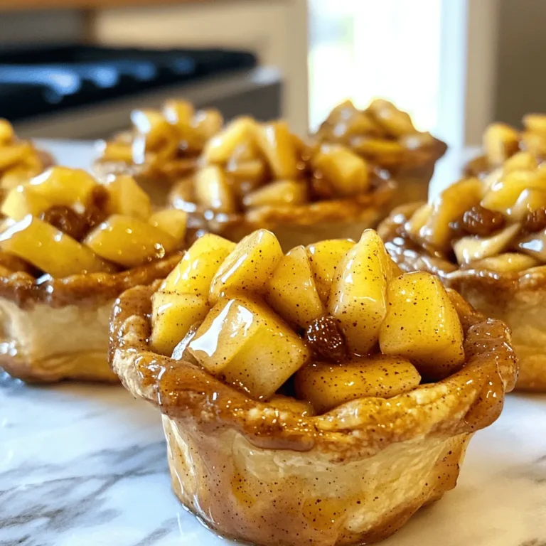- 1 can of refrigerated cinnamon roll dough - 2 medium-sized apples, peeled and diced - 1/4 cup of packed brown sugar - 1 teaspoon ground cinnamon - 1 tablespoon fresh lemon juice - 1 tablespoon unsalted butter, melted - Glaze from the cinnamon roll dough - 1/4 cup raisins - 1/4 cup chopped walnuts - Muffin tin - Mixing bowl - Small knife - Non-stick spray or butter for greasing - Spoon for filling cups First, preheat your oven to 350°F (175°C). This step warms the oven for even baking. While the oven heats, take your muffin tin and lightly grease it. You can use non-stick spray or a bit of butter. This helps the cups come out easily after baking. Next, let’s make the apple filling. In a medium bowl, mix the diced apples, brown sugar, ground cinnamon, lemon juice, and melted butter. If you want, you can add raisins or walnuts for extra texture. Stir gently until all the apples are coated. This mix gives the cups a sweet and tasty flavor. Now, open the can of cinnamon roll dough. Carefully separate each roll. Use your hands to flatten each roll into a disk. This makes it easier to shape them into cups. Press each disk into the greased muffin tin. Make sure the dough covers the bottom and sides, forming a small cup shape. Spoon the apple filling into each cinnamon roll cup. Fill them to the top edge of the dough. Place the muffin tin in your preheated oven. Bake for 15 to 18 minutes. The cups should turn golden brown, and the apples should be soft. Once done, take the tin out and let it cool for a few minutes. To remove the cups, run a small knife around the edges. This loosens them from the tin. Drizzle the glaze from the cinnamon roll dough over the warm cups. This adds a sweet touch. Serve them warm for a delightful treat. Enjoy the mix of cinnamon, apple, and dough! To mix the filling, start with fresh apples. I like to peel and dice them into small pieces. This makes sure they cook evenly. Next, add brown sugar, ground cinnamon, and lemon juice. The lemon juice brightens the flavors. Then, drizzle in melted butter for richness. If you want extra texture, toss in raisins or walnuts. Mix gently to coat the apples well. This will give you a tasty and balanced filling for your cups. For great results, preheat your oven to 350°F (175°C) before baking. This ensures even cooking. When you prepare the muffin tin, grease it well. This helps the cinnamon roll cups to release easily. After pressing the flattened dough into the cups, make sure they cover the sides and bottom. Fill each cup with the apple mixture, packing it down lightly. Bake for 15-18 minutes until they turn golden brown. Watch closely, as ovens vary. You want the apples to be soft but not mushy. Serve these delightful cups warm for the best taste. Drizzle the included glaze over each one to add sweetness. You can also add a scoop of vanilla ice cream for a special touch. If you like, sprinkle some extra cinnamon on top for extra flavor. These cups make a great dessert or a sweet snack. They are perfect for sharing with friends and family, or for indulging all by yourself! {{image_4}} You can change the fruit in this recipe. Try using pears, peaches, or berries. Each fruit gives a unique taste. For a tart flavor, add cranberries. They will balance the sweetness of the cinnamon rolls well. Experiment with your favorite fruits and find your perfect mix! If you need gluten-free dough, look for gluten-free cinnamon roll options. Many stores sell them now. You can also make your own using almond flour or coconut flour. Just follow a gluten-free recipe. Ensure your other ingredients are also gluten-free to keep everything safe and delicious. Adding spices can enhance your dessert. Try nutmeg for a warm, cozy flavor. Vanilla extract can add a sweet note. You can mix these spices into the apple filling. Just a pinch of each can make a big difference. Feel free to get creative and change the taste with your favorite flavors! To store leftover apple pie cups, place them in an airtight container. Let them cool completely first. Store them in the fridge for up to three days. This keeps the flavors fresh and the dough soft. When you are ready to enjoy your leftover cups, preheat the oven to 350°F (175°C). Place the cups on a baking sheet. Heat them for about 5-10 minutes. This method keeps the dough crispy and warm. You can also microwave them for 20-30 seconds. However, this may make the dough softer. If you want to freeze the apple pie cups, place them in a single layer on a baking sheet. Freeze them for 1-2 hours until firm. Then, transfer them to a freezer-safe bag. They can last up to a month in the freezer. When you want to eat them, thaw overnight in the fridge. Reheat in the oven for the best taste. Yes, you can use homemade cinnamon roll dough. Just make sure it is soft and easy to shape. Roll it out flat, then cut it into circles. This method gives you a fresh flavor and a great texture. You will know the cups are done by their color and smell. They should be a golden brown. The apples inside should be soft but not mushy. If you can smell the cinnamon and apples, they are close to ready. You can use pears or peaches if you want. Berries, like blueberries or raspberries, also work well. Just adjust the sugar, as some fruits are sweeter than apples. Yes, you can leave out the nuts. The recipe will still taste great. If you want added texture, try using oats or seeds instead. This keeps it nut-free while still being delicious. You now know how to make delicious cinnamon roll apple pie cups. We covered ingredient lists, tools you need, and step-by-step baking instructions. I shared tips to achieve perfect texture and creative serving ideas. We also explored variations with different fruits and gluten-free options, plus storage and reheating tips. Remember, enjoy making these treats your way! Try out the recipe, and let your creativity shine. Happy baking!