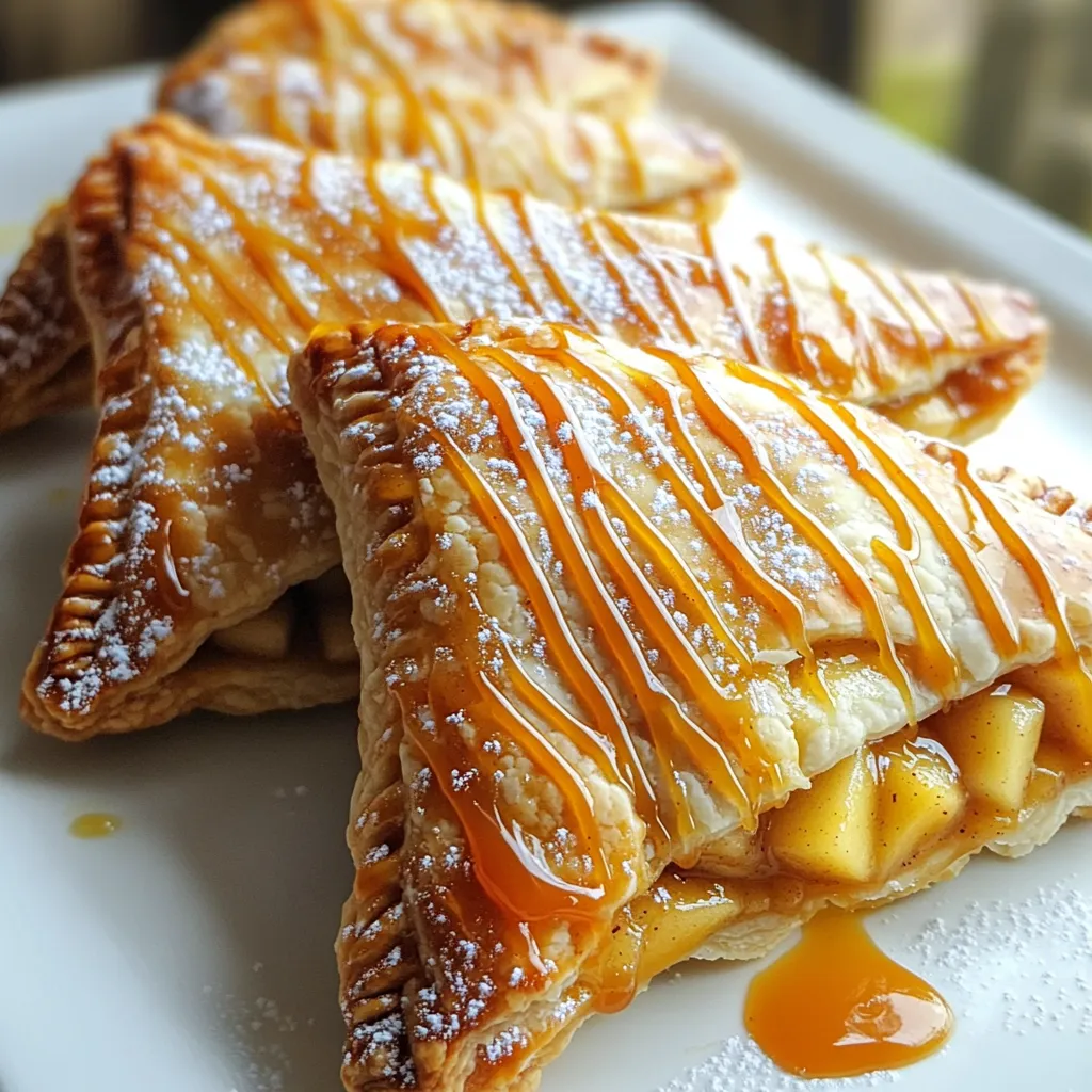 - 2 large apples, peeled, cored, and diced - 1 cup brown sugar - 1 teaspoon ground cinnamon - 2 tablespoons fresh lemon juice - 1 cup caramel sauce - 1 package refrigerated pie crusts - 1 egg (for egg wash) - 1 tablespoon milk - 1 tablespoon granulated sugar - A pinch of nutmeg for warmth - Chopped nuts for crunch - A splash of vanilla extract for sweetness - Sea salt to balance the sweetness - Medium mixing bowl - Medium saucepan - Rolling pin - Cookie cutter or glass for cutting circles - Fork for sealing edges - Whisk for egg wash - Parchment paper for baking sheet - Wire rack for cooling Start by gathering your apples. You need two large apples. Peel, core, and dice them into small pieces. In a medium bowl, mix the diced apples with one cup of brown sugar, one teaspoon of ground cinnamon, and two tablespoons of fresh lemon juice. Stir well to coat the apples. Let the mixture sit for about ten minutes. This waiting time helps the flavors blend together nicely. Next, transfer the apple mixture to a medium saucepan. Set the heat to medium. Cook the apples for about five to seven minutes. Stir occasionally until they soften a bit but still hold their shape. Once they are ready, remove them from the heat and let them cool down to room temperature. While the apples cool, prepare your pie crusts. Roll out the refrigerated pie crusts on a lightly floured surface. Use a cookie cutter or the rim of a glass to cut out circles that are about four inches wide. You should get around eight to ten circles, based on how thick your dough is. Preheat your oven to 400°F (200°C) during this process. On each dough circle, place about one tablespoon of the apple filling in the center. Drizzle a little caramel sauce over the filling for a sweet touch. Now, fold the dough over the filling to create a half-moon shape. Press the edges to seal them well. Use a fork to crimp the edges for a nice look and a secure seal. Repeat this with the rest of the dough and filling. In a small bowl, whisk together one egg and one tablespoon of milk to make an egg wash. Brush this mixture over the tops of the hand pies. Sprinkle some granulated sugar on top for added sweetness and crunch. Arrange the hand pies on a parchment-lined baking sheet, giving them space. Bake them in the preheated oven for about 20 to 25 minutes. They should turn golden brown and the crust should be flaky. Once done, let them cool slightly before serving. Enjoy these delicious treats warm with extra caramel sauce if you like! When making caramel apple hand pies, keep a few things in mind. First, use firm apples like Granny Smith or Honeycrisp. They hold their shape well during cooking. Second, let the apple filling sit for 10 minutes. This step helps the flavors blend and enhances the taste. - Choose a good pie crust. A store-bought crust is fine, but homemade adds a personal touch. - Work with cold dough. Cold dough makes a flakier crust. Chill it in the fridge before rolling it out. - Don’t overfill the pies. Use about 1 tablespoon of filling per pie. This keeps them from leaking during baking. Many home cooks make simple mistakes. Avoid these for the best hand pies. - Skipping the egg wash can lead to pale, unappealing pies. Always brush the tops with it for a golden color. - Not sealing the edges well can cause filling to leak. Press the edges firmly and crimp them with a fork. - Overcooking the apple filling can make it mushy. Cook just until slightly soft. This keeps the apples intact. A flaky crust is key to great hand pies. Here’s how to achieve it: - Use cold butter or shortening. This creates flaky layers as the fat melts during baking. - Don’t overwork the dough. Mix until just combined to avoid tough crusts. - Roll the dough evenly. Aim for about 1/8 inch thick. A consistent thickness ensures even baking. Follow these tips, and your caramel apple hand pies will turn out delicious every time! {{image_4}} You can mix flavors in many fun ways. Try adding spices like nutmeg or ginger to the apple filling. A pinch of vanilla extract can also boost the sweetness. You can even swap apples for pears or peaches. For a nutty twist, add chopped walnuts or pecans to the filling. These changes make each bite exciting and unique. To make these hand pies gluten-free, use a gluten-free pie crust. Many brands offer good options that taste great. For a vegan version, replace the egg wash with a splash of almond milk. You can also use a vegan caramel sauce. Check labels for dairy-free choices. These swaps keep the pies delicious without losing flavor. Seasons bring different fruits. In autumn, try adding cranberries or figs for a tart touch. In summer, fresh berries like blueberries or strawberries work well. In winter, citrus fruits like oranges can add a zing. Each fruit gives you a chance to explore new tastes and textures. Enjoy the flavors of each season with your hand pies! To keep your leftover hand pies fresh, place them in an airtight container. Line the container with paper towels to soak up extra moisture. This step helps keep the crust crispy. Store them at room temperature for up to two days. If you want to keep them longer, refrigeration works too, but the crust may lose some crispiness. Freezing hand pies is a great option for make-ahead snacks. Allow the baked pies to cool completely. Once cool, place them on a baking sheet lined with parchment paper. Freeze them for about one hour or until firm. After that, transfer the pies to a freezer-safe bag or container. They can stay in the freezer for up to three months. When ready to eat, you can bake them straight from the freezer. To reheat hand pies, preheat your oven to 350°F (175°C). Place the pies on a baking sheet lined with parchment paper. Heat them for about 10-15 minutes, or until they are warm and the crust is flaky again. Avoid using the microwave, as it can make the crust soggy. For an extra touch, brush the tops with a bit of melted butter before heating to add flavor. Yes, you can use other apples. I like Granny Smith for their tartness. Honeycrisp apples add sweetness and crunch. Mix and match for the best flavor. Just make sure the apples hold their shape when cooked. Making homemade caramel sauce is simple. You need just three ingredients: sugar, butter, and cream. 1. In a saucepan, heat 1 cup of sugar on medium heat. Stir until it melts and turns golden brown. 2. Add 6 tablespoons of butter and stir until melted. 3. Slowly pour in 1/2 cup of cream while stirring. Be careful; it will bubble! 4. Remove from heat and let it cool. Use it in your hand pies or drizzle on top for extra sweetness. Absolutely! Air frying hand pies gives them a nice, crispy crust. Preheat your air fryer to 375°F (190°C). 1. Place the hand pies in a single layer in the air fryer basket. 2. Cook for about 10-12 minutes, checking for golden brown color. 3. Enjoy them warm! This method saves time and makes cleanup easy. You learned how to make tasty hand pies with a lot of unique flavors. We covered the ingredients, cooking steps, and handy tips to improve your pie-making skills. You can try different fruits and even make them gluten-free or vegan. Remember to store leftovers properly and even freeze them for later. Making these pies is fun and easy. Enjoy your baking adventure and share it with friends!