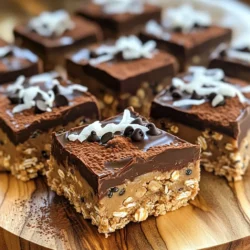 - 1 cup rolled oats - 1 cup creamy peanut butter - 1/2 cup honey or maple syrup - 1/2 cup dark chocolate chips - 1/4 cup chia seeds (optional for added nutrition) - 1/2 cup unsweetened shredded coconut - 1/4 teaspoon salt - 1 teaspoon vanilla extract Each ingredient plays a key role in flavor and texture. The rolled oats provide a hearty base. Creamy peanut butter adds richness and binds everything together. Honey or maple syrup gives sweetness. Dark chocolate chips bring a delicious, melty touch. Chia seeds add nutrition, while shredded coconut gives a nice chew. Salt enhances all the flavors, and vanilla extract adds warmth. Chia seeds are optional but highly recommended. They boost nutrition with fiber and omega-3s. You can also add nuts or seeds for crunch. If you want more sweetness, use extra honey or maple syrup. Feel free to get creative with flavors, too! Add spices like cinnamon or nutmeg for a twist. First, gather your ingredients. You will need rolled oats, peanut butter, honey, chocolate chips, chia seeds, shredded coconut, salt, and vanilla extract. In a large bowl, mix the rolled oats, chia seeds (if you use them), shredded coconut, and salt. Stir well to combine them evenly. This step is key to a great texture. Next, heat the peanut butter and honey in a small saucepan over low heat. Stir the mixture for about 2-3 minutes. This makes it easier to mix. Once warm, take it off the heat and add the vanilla extract. Mix it well. Now, pour this warm mixture into your dry ingredients. Use a spatula or spoon to mix everything together. Make sure the oats and coconut are well coated. While the mixture is still warm, gently fold in the chocolate chips. They will melt a bit and mix in nicely. Now, line an 8x8 inch baking dish with parchment paper. Leave some paper hanging over the sides. This helps you lift the bars out later. Transfer the oat mixture into the dish. Press it down firmly with your hands or a spatula. Make it even across the bottom. Place the dish in the refrigerator. Let it set for at least 2 hours. This step is important for the bars to firm up. Once they are set, lift them out using the parchment paper. Place on a cutting board and cut them into squares or rectangles. Enjoy your tasty bars! Store your no-bake chocolate peanut butter oat bars in an airtight container. Keep them in the fridge for up to a week. For longer storage, you can freeze them. Wrap each bar in plastic wrap and place them in a freezer bag. They will last for about three months in the freezer. To ensure a great texture, press the mixture firmly into the pan. This helps the bars hold together well. If you want a chewier bar, add more oats. For a crunchier texture, use less peanut butter. Experiment until you find your perfect bite! You can adjust the sweetness of your bars. If you want them sweeter, add more honey or maple syrup. For a less sweet bar, reduce the sweetener by half. You can also swap the sweetener for mashed banana or applesauce. This adds natural sweetness and moisture. {{image_4}} If you can't use peanut butter, don’t worry! You can swap it with almond butter or cashew butter. Both give a nice flavor. Sunflower seed butter is a great choice if you want a nut-free option. Each substitute gives a unique taste while keeping the bars creamy. Honey is not the only sweetener here. Maple syrup works well too. You can also try agave nectar for a lighter taste. If you prefer less sugar, use mashed bananas or unsweetened applesauce. These options keep your bars sweet and moist. Want to spice up your bars? Add chopped nuts like walnuts or almonds for crunch. Dried fruits, such as cranberries or raisins, bring sweetness and chewiness. You can also mix in protein powder for a healthy boost. These add-ins make your bars even more fun and tasty! Each bar has about 150 calories. This makes them a great snack. You can enjoy them without worrying too much about calories. - Protein: 5 grams - Carbohydrates: 20 grams - Fat: 7 grams These bars give you a nice balance of protein and healthy fats. The oats provide good carbs that fuel your day. - Rolled Oats: They help with digestion and keep you full longer. - Peanut Butter: This adds protein and healthy fats. It also supports heart health. - Honey or Maple Syrup: Both are natural sweeteners that give you quick energy. - Chia Seeds: If you add these, they boost fiber and omega-3s. - Dark Chocolate: This adds antioxidants and can improve mood. - Shredded Coconut: It brings healthy fats and a nice texture. All these ingredients work together to make a tasty and healthy treat. Each bite is not just delicious but also good for you! Yes, you can use quick oats. Quick oats will make the bars softer. Rolled oats hold their shape better. The bars will last about one week in the fridge. Keep them in an airtight container. Yes, you can make them vegan. Use maple syrup instead of honey. Choose dairy-free chocolate chips too. You can use maple syrup or agave syrup. Both will work well in this recipe. Yes, you can freeze them. Wrap the bars tightly and place them in the freezer. They will stay fresh for up to three months. We covered key steps to make No-Bake Chocolate Peanut Butter Oat Bars. You learned the ingredients, measurements, and optional additions. I shared tips for better storage and texture. You now know how to use substitutes and different sweeteners. Understanding the nutritional info shows these bars can fit well in your diet. Feel free to try variations and make it your own. Enjoy your tasty results!
