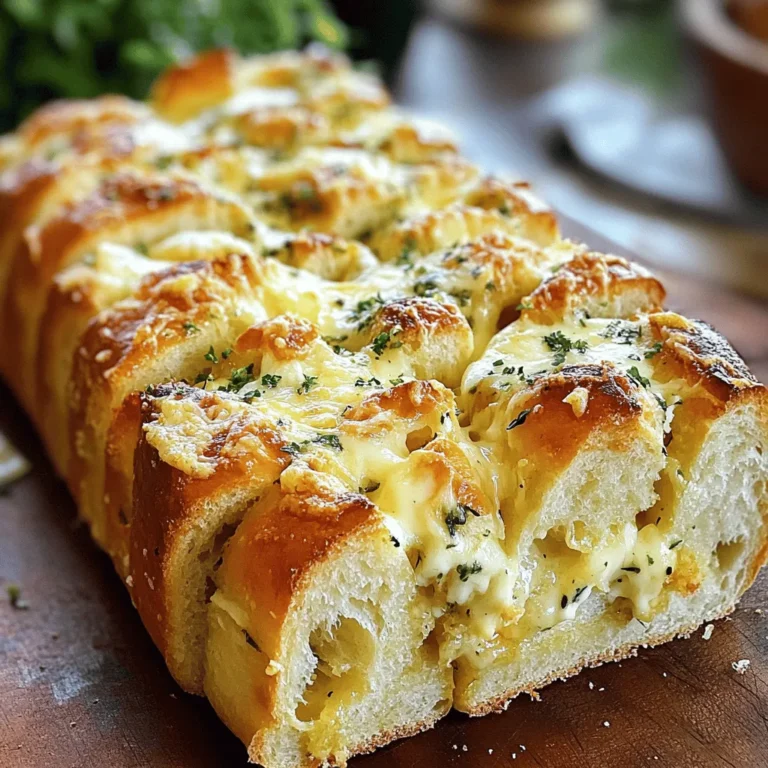 - Fresh sourdough bread - Unsalted butter - Garlic (fresh minced) - Fresh parsley - Dried oregano - Salt - Black pepper - Grated Parmesan cheese - Shredded mozzarella cheese - Mixing bowl - Sharp serrated knife - Aluminum foil - Baking sheet Gathering the right ingredients is key to making this tasty Garlic Parmesan Pull-Apart Bread. You need a loaf of fresh sourdough bread. This bread will give you the perfect texture. Unsalted butter adds richness without extra salt. Fresh minced garlic gives the best flavor. You can also use dried garlic if needed. Fresh parsley brightens up the taste. Dried oregano adds a nice herbal note. Don’t forget salt and black pepper to enhance the flavors. For that cheesy goodness, you need grated Parmesan cheese and shredded mozzarella cheese. The combination of these cheeses makes each pull apart delightful. For equipment, you need a mixing bowl to combine the garlic butter. A sharp serrated knife is essential for cutting the bread without squishing it. Aluminum foil helps keep the bread moist while baking. Lastly, a baking sheet is needed for stability in the oven. With these ingredients and tools, you're ready to create a savory delight that is sure to impress! - Preheat the oven to 350°F (175°C). - Slice the sourdough loaf in a grid pattern. To start, you need to warm up your oven. Setting it to 350°F helps the bread cook just right. Next, grab a sharp serrated knife to slice your sourdough loaf. Make sure to cut it into a grid. Aim for 1-inch cuts, both ways. But be careful! Don't cut all the way through; the bottom should stay intact. This keeps the loaf together for easy pulling later. - Combine melted butter, garlic, parsley, oregano, salt, and pepper. Now, let's make the garlic herb butter. In a small bowl, mix melted butter with minced garlic. Add fresh parsley, dried oregano, salt, and black pepper. Whisk it all together until smooth. This mixture will bring a lovely garlic flavor to your bread. - Drizzle garlic butter into the bread cuts. - Stuff with Parmesan and mozzarella cheese. Next, it's time to assemble! Drizzle the garlic butter into the cuts of the bread. Make sure to get it into every crevice. This step is key for flavor! After that, stuff the grated Parmesan cheese into the cuts. Then, add the shredded mozzarella cheese on top. Try to fill every space with cheese for a gooey treat. - Wrap in aluminum foil and bake. - Unwrap and bake for additional browning. Wrap the loaf in aluminum foil to keep it moist. Place it on a baking sheet for support. Bake it in the oven for 15 minutes. After that, unwrap the top of the bread. Put it back in the oven for another 10-15 minutes. This will help the cheese melt and turn golden brown. Once it's done, let it cool for a bit before serving. Enjoy the warm, cheesy goodness with friends! To get the best flavor, balance is key. Use 4 cloves of garlic for a bold taste. If you prefer a milder flavor, reduce the garlic to 2 cloves. Fresh herbs brighten the taste. I love using parsley and oregano. You can mix these with garlic for a delightful aroma. For cheese, combine Parmesan and mozzarella. Parmesan gives a sharp, salty kick. Mozzarella adds that creamy stretch we crave. Both together create a rich, cheesy experience. Feel free to add other cheeses, like cheddar, for extra depth. Presentation matters, especially for gatherings. Serve your pull-apart bread on a wooden board. Add a sprinkle of fresh parsley on top for color. This simple touch makes it look gourmet. Pair your bread with dips like marinara or garlic aioli. For drinks, light wines or sparkling water work well. These complement the flavors without overpowering them. One common error is over-slicing the bread. Cut just enough to let the butter and cheese seep in. If you cut too deep, the bread falls apart. Another mistake is not adding enough cheese. Ensure you fill every slice with both cheeses. This way, every bite is full of cheesy goodness. Don't skimp on flavor; it's what makes this dish special! {{image_4}} You can enhance the flavor of your Garlic Parmesan Pull-Apart Bread with simple add-ins. Try adding fresh herbs like thyme or rosemary. These herbs bring a nice aroma and depth of flavor. For those who enjoy a bit of heat, sprinkle in some red pepper flakes. This small change gives the bread a spicy kick. If you want to mix things up, try different cheeses. Cheddar adds a sharp flavor, while gouda brings a creamy texture. You can also use a blend of cheeses for a richer taste. Just remember to keep the same amount of cheese for good melty results. For a gluten-free version, use gluten-free bread. Look for a sturdy loaf that can hold the buttery mixture. You may need to adjust baking time slightly. Keep an eye on it to avoid overbaking. Enjoy your tasty bread without gluten! To keep your Garlic Parmesan Pull-Apart Bread fresh, wrap it tightly in plastic wrap or foil. This helps keep moisture inside. Store it at room temperature for up to two days. If you want to save it longer, the fridge is not ideal as it can dry out the bread. Instead, place it in a sealed bag or container. This method helps maintain the bread's soft texture. For reheating, preheat your oven to 350°F (175°C). Wrap the bread in foil to keep it moist. Heat it for about 10 minutes, or until warm. This way, the cheese will melt again, and the bread will be soft and tasty. You can also freeze Garlic Parmesan Pull-Apart Bread for later. First, wrap the cooled bread in plastic wrap. Then, place it in a freezer-safe bag. This method prevents freezer burn and keeps the bread fresh. It can last up to three months in the freezer. When you're ready to eat it, take it out and let it thaw in the fridge overnight. For reheating, you can use the oven. Preheat to 350°F (175°C), unwrap the bread, and bake for 15-20 minutes. This process ensures your bread stays delicious and cheesy. To make Garlic Parmesan Pull-Apart Bread ahead, prepare it up to the baking step. Slice the bread and make the garlic butter. Stuff the bread with cheese and seal it in foil. Store it in the fridge for up to a day. When ready, bake it straight from the fridge. Just add a few extra minutes to the bake time. Yes, you can use other types of bread. A French baguette or ciabatta works well too. These breads have a good crust and soft inside. They will soak up the garlic butter nicely. Experiment with your favorite bread for a fun twist. This bread pairs well with many dishes. Serve it with soups, salads, or pasta. It also makes a great side for a cheese board. You can add dips like marinara or pesto for extra flavor. Guests love pulling apart this tasty treat. Leftover pull-apart bread lasts about 2-3 days when stored properly. Wrap it in foil or plastic wrap. Keep it at room temperature for the best taste. You can also refrigerate it, but it may dry out faster. Yes, you can make this recipe without butter. Use olive oil instead for a healthier option. The taste will change slightly, but it will still be tasty. You can also try vegan butter if you want a dairy-free version. This Garlic Parmesan Pull-Apart Bread is a simple yet delightful dish. We explored all the key steps, from fresh ingredients to baking tips. Remember to slice carefully and load up on cheese! You can customize it with different herbs and cheeses for new flavors. Proper storage ensures your leftovers stay tasty. Follow these guidelines, and you’ll impress anyone at your table. Enjoy your baking adventure, and may every pull be delicious!