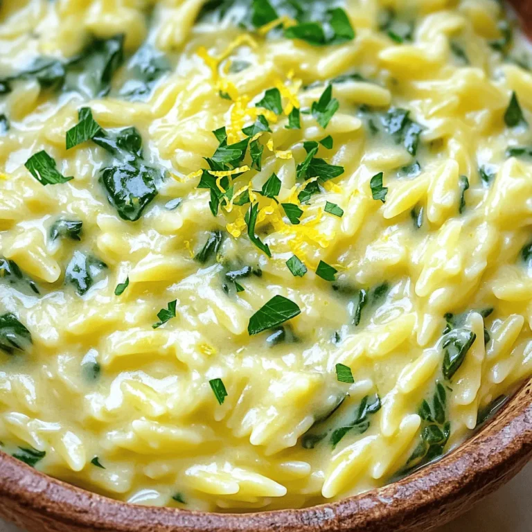 To make One Pot Creamy Lemon Spinach Orzo, you need these main ingredients: - 1 cup orzo pasta - 2 cups vegetable broth - 1 cup fresh spinach, roughly chopped - 1 tablespoon extra virgin olive oil - 2 garlic cloves, minced - Zest of 1 lemon - Juice of 1 lemon - 1/2 cup cream cheese, softened to room temperature - 1/2 teaspoon dried oregano - Salt and freshly cracked black pepper to taste These ingredients work well together to create a creamy and zesty dish. You can add more flavor with these optional ingredients: - 1/4 cup grated Parmesan cheese (for extra richness) - Fresh parsley, chopped (for garnish) Adding Parmesan cheese gives a nice depth to the orzo. Fresh parsley adds a pop of color and freshness. If you're dealing with allergies, here are some easy substitutions: - Use gluten-free orzo to make it gluten-free. - Swap cream cheese with a dairy-free cream cheese for a vegan option. - Replace vegetable broth with homemade broth if you prefer. These substitutions keep the dish delicious while accommodating dietary needs. Start by gathering all your ingredients. This makes cooking easier and faster. You need: - 1 cup orzo pasta - 2 cups vegetable broth - 1 cup fresh spinach, roughly chopped - 1 tablespoon extra virgin olive oil - 2 garlic cloves, minced - Zest of 1 lemon - Juice of 1 lemon - 1/2 cup cream cheese, softened to room temperature - 1/2 teaspoon dried oregano - Salt and freshly cracked black pepper to taste - 1/4 cup grated Parmesan cheese (optional for extra richness) - Fresh parsley, chopped, for garnish Heat the olive oil in a large pot over medium heat. Once the oil shimmers, add the minced garlic. Sauté for about 1 minute. You want the garlic fragrant, not browned. Next, add the orzo pasta. Stir it well to coat with the oil. Toast the orzo lightly for 2-3 minutes, stirring to avoid burning. Now, pour in the vegetable broth. Bring this mix to a rolling boil. Once boiling, lower the heat and cover the pot. Let it simmer gently for 8-10 minutes. The orzo should be al dente and most liquid absorbed when done. Remove the lid from the pot. Add the chopped spinach, lemon zest, lemon juice, and softened cream cheese. Stir vigorously until the cream cheese melts and the mix is creamy. Season with dried oregano, salt, and black pepper. Taste as you go to adjust flavors. If you like, fold in the grated Parmesan for extra creaminess. Cook for another 2-3 minutes, stirring occasionally. This lets everything heat through and blend well. Once done, take the pot off the heat. Let it sit covered for a couple of minutes. This helps the flavors meld before you serve. To cook orzo well, use a big pot. Fill it with water and add salt. Bring the water to a boil before adding the orzo. Stir often to stop it from sticking. Cook for 8-10 minutes until it's just right. Drain it if needed, but for this recipe, keep it in the pot. This keeps the orzo nice and creamy. Fresh herbs can make your dish shine. I love adding parsley and basil. Chop them finely and stir them in at the end. This adds brightness and freshness. You can also use thyme or dill for a different taste. Always taste your dish before serving. Adjust the herbs to match your likes. You can make this dish ahead of time. Cook the orzo and mix in the creamy sauce. Let it cool, then store it in an airtight container. It stays good in the fridge for about three days. When you're ready to eat, just reheat it on the stove or in the microwave. Add a splash of broth for extra creaminess while reheating. This makes a quick and tasty meal anytime! {{image_4}} You can easily add protein to One Pot Creamy Lemon Spinach Orzo. Chicken or shrimp makes a great choice. Cook diced chicken in the pot before adding garlic. For shrimp, toss them in with the spinach. They cook quickly and add flavor. You can also use canned chickpeas for a plant-based option. Just rinse and mix them in with the spinach. They add protein and texture, making the dish heartier. To make this dish vegetarian, simply skip the Parmesan cheese or use a vegetarian option. For a vegan version, swap cream cheese for a plant-based cream cheese. You can also use almond milk or cashew cream for a rich taste. Make sure the vegetable broth is vegan as well. These changes keep the dish creamy and delicious without any animal products. Adding seasonal veggies enhances flavor and nutrition. In spring, fresh peas or asparagus pair well with lemon. In summer, zucchini or bell peppers add color and crunch. Fall favorites like butternut squash bring sweetness. You can toss any of these into the pot with the spinach. Just adjust cooking time as needed. This keeps the dish vibrant and exciting all year long. To store your leftover creamy lemon spinach orzo, first let it cool. Place it in an airtight container. This helps keep the flavor fresh. You can keep it in the fridge for up to three days. Make sure to label the container with the date. This way, you will know when to use it. When you are ready to eat your orzo again, you can reheat it easily. Place it in a pot over low heat. Add a splash of vegetable broth or water to help it stay creamy. Stir it often until it warms up. You can also use the microwave. Just heat it in short bursts, stirring in between. If you want to keep orzo for later, freezing works well. Portion it into small containers. Leave some space at the top for expansion. It will stay good in the freezer for up to three months. When ready to eat it, let it thaw in the fridge overnight. Reheat it as mentioned above to enjoy its creamy goodness again. Yes, you can use other pasta types. Small pasta like ditalini or acini di pepe works well. You can also try rice or quinoa for a gluten-free option. Just keep an eye on the cooking time. Different pasta may need slight adjustments. If you need a cream cheese substitute, use Greek yogurt or sour cream. Both will add creaminess and tang. You can also try cashew cream for a dairy-free option. It gives a rich taste without the dairy. The creamy orzo stays fresh in the fridge for up to three days. Store it in an airtight container to keep it safe. When you reheat, add a splash of broth or water to bring back its creaminess. This blog post covered how to make a delicious one pot creamy lemon spinach orzo. We discussed the main ingredients and optional ones to boost flavor. I shared tips for cooking orzo perfectly and making it ahead for meal prep. There are also variations, storage info, and answers to common questions. Cook this dish for a quick meal that's easy and fun. Enjoy your cooking journey!
