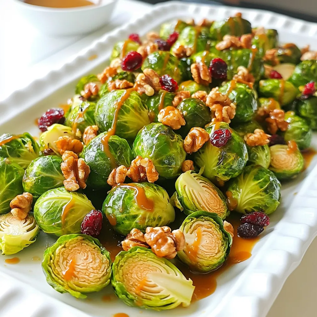 - 1 lb Brussels sprouts, trimmed and halved - 3 tablespoons olive oil - 2 tablespoons pure maple syrup - 1 tablespoon Dijon mustard - 2 cloves garlic, minced - Salt and pepper to taste These main ingredients create a wonderful mix of flavors. The Brussels sprouts are the star, bringing a nice crunch. Olive oil adds richness, while maple syrup offers sweetness. Dijon mustard gives a tangy kick, and garlic adds depth. Salt and pepper round out the taste. - 1/2 teaspoon red pepper flakes (optional for some heat) - 1/4 cup walnuts, chopped - 1/4 cup dried cranberries Adding red pepper flakes gives a spicy touch. Walnuts add crunch and healthy fats. Dried cranberries introduce a sweet and chewy element. These optional ingredients make the dish more exciting and textured. - Olive oil can be replaced with avocado oil. - Maple syrup can be swapped for honey for a different sweetness. - Dijon mustard can be changed to yellow mustard if needed. These substitutions allow you to adjust the recipe based on what you have. Each swap can change the flavor slightly but still keep the dish delicious. Feel free to experiment and make it your own! Start by gathering all your ingredients. You need Brussels sprouts, olive oil, maple syrup, mustard, garlic, salt, pepper, walnuts, and cranberries. Preheat your oven to 425°F (220°C). Lining your baking sheet with parchment paper helps with easy cleanup. 1. In a mixing bowl, blend olive oil, maple syrup, mustard, and minced garlic. 2. Season this mixture with salt and pepper. If you like heat, add red pepper flakes. Whisk until smooth. 3. Add the halved Brussels sprouts. Toss them until they are well-coated with the maple mustard mix. 4. Spread the Brussels sprouts on your baking sheet. Make sure they are in a single layer. 5. Roast them in the oven for 20 minutes. Stir halfway for even cooking. 6. In the last 5 minutes, sprinkle walnuts and cranberries on top. This adds crunch and sweetness. 7. When the sprouts are tender and caramelized, take them out of the oven. Let them cool slightly before serving. To get the best flavor, make sure the sprouts are dry before mixing. This helps them roast well. Space the sprouts out on the pan. If they are too close, they will steam instead of roast. Stir halfway through to keep them from burning. Always check for tenderness; they should be soft and golden. Enjoy the lovely mix of flavors and textures! To cook Brussels sprouts well, always select fresh ones. Look for firm sprouts with bright green color. Trim the ends and cut them in half for even cooking. Make sure to roast them in a single layer. This helps them brown nicely and get a crispy texture. Stir them halfway through cooking for even heat. A smooth glaze makes the dish shine. Combine olive oil, maple syrup, and Dijon mustard for the best flavor. Whisk them together until blended. If the glaze is too thick, add a bit more olive oil. If it’s too thin, add more mustard or syrup. The right glaze should coat the sprouts well but not drench them. Presentation adds joy to your meal. Use a large, colorful platter for serving. After roasting, drizzle any leftover glaze on top. This adds shine and flavor. For extra flair, sprinkle more cranberries and walnuts on top. The mix of colors makes the dish look inviting and tasty. Enjoy your meal with friends or family for an even better experience! {{image_4}} You can change the taste of your Maple Mustard Brussels Sprouts. Here are some fun ideas: - Bacon or Pancetta: Add crispy bits for a smoky flavor. - Cheese: Sprinkle feta or goat cheese for a creamy touch. - Lemon Zest: A hint of zest brightens the overall taste. - Herbs: Fresh thyme or rosemary can add an earthy note. Mix and match these to find your favorite combo! You can adapt this dish to fit the seasons. Here are some ideas: - Fall: Add roasted squash or apples for warmth. - Winter: Include root veggies like carrots or parsnips for heartiness. - Spring: Toss in fresh peas or asparagus for a bright flavor. - Summer: Add cherry tomatoes or zucchini for a fresh twist. Seasonal changes keep the dish exciting and fresh! You can easily make this dish vegetarian or vegan. Here’s how: - Maple Syrup: Ensure it’s pure and vegan-friendly. - Butter: Use vegan butter instead of regular if you want a richer flavor. - Nuts: Substitute walnuts for pecans or almonds for a different crunch. These small changes give you tasty options while keeping it plant-based! To keep your Maple Mustard Brussels Sprouts fresh, let them cool first. After they cool, place them in an airtight container. Store them in the fridge for up to three days. If you want to keep them longer, consider freezing. To reheat, preheat your oven to 350°F (175°C). Spread the sprouts on a baking sheet. Heat them for about 10 minutes or until warm. This keeps them crispy. You can also use a microwave, but the texture may be softer. Yes, you can freeze Brussels sprouts. First, blanch them in boiling water for three minutes. Then, cool them quickly in ice water. Drain and pack them in freezer bags. They can last for up to six months. When ready to use, thaw and roast as needed. You can use frozen Brussels sprouts. However, fresh sprouts work best. Frozen sprouts may lose some crunch. Thaw and drain them first to avoid excess water. This helps keep your dish crispy and tasty. To thicken the glaze, you can simmer it. Heat the maple syrup and mustard mix in a small pot. Cook it on low heat until it reduces and thickens. Another option is to add a bit of cornstarch mixed with water. Stir it in while cooking for a thicker texture. These sprouts pair well with many dishes. Try serving them with roasted chicken or grilled fish. They also go great with quinoa or rice for a vegetarian meal. Add a fresh salad for a balanced plate. This blog post shared the best way to make Maple Mustard Brussels Sprouts. We covered key ingredients, cooking steps, and tips for perfect results. Remember to experiment with flavors and variations to find your favorite mix. Proper storage keeps the sprouts fresh, and simple reheating makes easy meals. Exploring this dish can lead to delicious new ideas for your kitchen. Enjoy crafting this tasty recipe that fits your taste and needs!