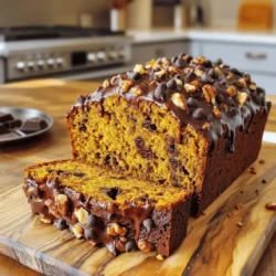To make this lovely bread, you need: - 1 cup pumpkin puree - 1/2 cup vegetable oil - 3/4 cup brown sugar, packed - 1/2 cup granulated sugar - 2 large eggs, at room temperature - 1 teaspoon pure vanilla extract - 1 1/2 cups all-purpose flour - 1 teaspoon baking soda - 1/2 teaspoon baking powder - 1/2 teaspoon fine salt - 1 teaspoon ground cinnamon - 1/2 teaspoon ground nutmeg - 1/2 teaspoon ground ginger - 1 cup semi-sweet chocolate chips These ingredients work together to create a moist, sweet bread with rich flavor. You can add some fun twists to your bread: - 1/2 cup chopped walnuts - Other nuts like pecans or almonds - Dried fruit like cranberries or raisins - A sprinkle of sea salt on top Adding walnuts gives a nice crunch. You can swap them for any nuts you like! If you run out of an ingredient, here are some swaps: - Use applesauce instead of oil for a lighter bread. - Swap brown sugar for white sugar if needed. - Try a gluten-free flour mix in place of all-purpose flour. - Use maple syrup in place of granulated sugar for a different flavor. These substitutions can change the taste and texture, but they still work well! Start by preheating your oven to 350°F (175°C). This ensures even baking. Grease a 9x5 inch loaf pan using butter or cooking spray. Set it aside so it’s ready for the batter. In a large mixing bowl, combine 1 cup of pumpkin puree, 1/2 cup of vegetable oil, 3/4 cup of packed brown sugar, and 1/2 cup of granulated sugar. Whisk these together until the mixture is smooth and well blended. Adding the sugars will give your bread a sweet, rich flavor. In a separate bowl, sift together 1 1/2 cups of all-purpose flour, 1 teaspoon of baking soda, 1/2 teaspoon of baking powder, 1/2 teaspoon of fine salt, 1 teaspoon of ground cinnamon, 1/2 teaspoon of ground nutmeg, and 1/2 teaspoon of ground ginger. Sifting helps mix the dry ingredients evenly. This step is key for a light, fluffy loaf. Now, gently fold the dry mixture into the wet ingredients. Stir carefully until everything is just combined. A few lumps are okay; overmixing can lead to tough bread. After that, fold in 1 cup of semi-sweet chocolate chips and 1/2 cup of chopped walnuts, if you want a nutty crunch. Pour the batter into your greased loaf pan. Smooth the top with a spatula. Place the loaf pan in the preheated oven and bake for 60-65 minutes. Check if it's done by inserting a toothpick into the center. If it comes out clean or with a few moist crumbs, it's ready. After baking, let the bread cool in the pan for about 10 minutes. Then, transfer it to a wire rack to cool completely. Enjoy the warm aroma as it fills your kitchen! 1. Use Room Temperature Eggs: Room temperature eggs blend better, making your bread fluffier. 2. Don’t Overmix: Mix until just combined. A few lumps are okay. Overmixing can make the bread dense. 3. Sift Your Dry Ingredients: Sifting helps remove lumps and mixes the spices evenly. 4. Check Your Oven Temperature: Use an oven thermometer for accuracy. An incorrect temperature can affect baking time. 5. Cool Before Slicing: Let the bread cool completely. This helps keep it moist and prevents crumbling. - Skipping the Preheat Step: Always preheat your oven. This ensures even baking from the start. - Not Greasing the Pan: Greasing prevents sticking. Use butter or cooking spray generously. - Using Cold Ingredients: Cold ingredients can cause uneven mixing. Make sure everything is at room temperature. - Not Testing for Doneness: Insert a toothpick in the center. It should come out clean or with a few crumbs. - Melted Chocolate Drizzle: Drizzle warm chocolate over slices for a sweet touch. - Whipped Cream: A dollop of whipped cream adds creaminess and makes each bite special. - Cinnamon Garnish: Sprinkle cinnamon on top for extra warmth and flavor. - Serve Warm: Enjoy slices warm for the best taste and texture. These tips and tricks will help you create a delightful Pumpkin Chocolate Chip Bread that everyone will love. Enjoy the process and the delicious results! {{image_4}} To make a vegan version, use flax eggs instead of regular eggs. Mix 1 tablespoon of ground flaxseed with 2.5 tablespoons of water for each egg. Let it sit for about five minutes until it thickens. Replace the vegetable oil with applesauce for a healthier twist. Use a plant-based chocolate chip brand to keep it dairy-free. This version still tastes great and is kind to the planet. For a gluten-free bread, swap the all-purpose flour for a gluten-free blend. Look for a blend that includes xanthan gum, as it helps with texture. You may need to adjust the baking time depending on the blend. Keep an eye on the bread as it bakes. It should still be fluffy and moist. You can enhance the flavor in many ways. Add a pinch of cloves or allspice for warmth. Try using dark chocolate chips for a richer taste. You can even mix in some orange zest for a fresh twist. Mixing in dried cranberries or raisins gives a pleasant sweetness. Feel free to experiment and make it your own! Store leftover pumpkin chocolate chip bread in an airtight container. Keep it at room temperature for up to four days. If you want it to last longer, a cool, dark spot works best. This helps keep the bread fresh and moist. Avoid exposing it to air, which can dry it out. To freeze your bread, wrap it tightly in plastic wrap. Then, place it in a zip-top freezer bag. This method prevents freezer burn. You can freeze it for up to three months. When ready to enjoy, just thaw it in the fridge overnight. Reheat the bread in the oven for the best taste. Preheat your oven to 350°F (175°C). Place the slices on a baking sheet. Warm them for about 10 minutes. You can also use a microwave. Heat slices for 10 to 15 seconds. Enjoy warm slices with butter or a drizzle of chocolate for a tasty treat! Yes, you can use fresh pumpkin. First, cook the pumpkin until soft. Then, blend it until smooth. This fresh pumpkin adds great flavor but may change the bread's texture. If you use fresh pumpkin, make sure to drain any excess water. To check if your bread is done, insert a toothpick into the center. If it comes out clean or with a few moist crumbs, the bread is ready. Start checking around 60 minutes of baking time. The edges should look golden brown. Yes, making mini loaves is a great idea! Just divide the batter evenly into smaller pans. Bake for about 30-35 minutes. Keep an eye on them, as they will bake faster than a large loaf. For great pumpkin chocolate chip bread, try these bakeries: - Flour Bakery in Boston - Sweet Lady Jane in California - The Bread Lab in Washington These places make fresh bread with unique flavors. Check them out for tasty treats! You learned about making delicious pumpkin chocolate chip bread in this guide. We covered key ingredients, step-by-step instructions, and useful tips for baking. You also explored variations, storage options, and answers to common questions. With this knowledge, you can bake a tasty treat for any season. Enjoy sharing this bread with family and friends. Happy baking!