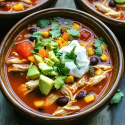 - 1 pound boneless, skinless chicken breasts - 1 can (15 oz) black beans, thoroughly rinsed and drained - 1 can (15 oz) sweet corn, drained - 1 can (10 oz) red enchilada sauce - 1 can (14.5 oz) diced tomatoes with green chilies - 2 cups chicken broth (preferably low-sodium) - 1 medium onion, finely diced - 2 cloves garlic, minced - 1 teaspoon ground cumin - 1 teaspoon chili powder - 1 teaspoon smoked paprika - Sea salt and freshly cracked black pepper to taste - 1 cup shredded cheese (preferably cheddar or a Mexican cheese blend) - 1 ripe avocado, diced - Fresh cilantro, finely chopped - Sour cream for serving The key to a great Slow Cooker Chicken Enchilada Soup lies in its ingredients. I always start with quality chicken breasts as the base. The chicken gives the soup its heartiness and flavor. Next, I add black beans and corn for protein and sweetness. The red enchilada sauce and diced tomatoes bring a rich, zesty taste. Don't forget the chicken broth! It ties everything together and makes the soup nice and warm. For seasonings, I use onion and garlic to create a solid flavor base. Ground cumin, chili powder, and smoked paprika add warmth and depth. I always season with sea salt and black pepper to enhance the overall taste. When serving, I love to add garnishes. Shredded cheese melts into the soup, making it creamy. Diced avocado adds freshness, while cilantro brings brightness. A dollop of sour cream adds richness. Each ingredient brings something special, making this soup a true comfort food. - Start by layering 1 pound of boneless, skinless chicken breasts at the bottom of your slow cooker. This will be the heart of your soup. - Next, add 1 medium diced onion and 2 cloves of minced garlic on top of the chicken. These will add great flavor. - Now, incorporate 1 can of black beans, 1 can of sweet corn, 1 can of red enchilada sauce, 1 can of diced tomatoes with green chilies, and 2 cups of chicken broth into the slow cooker. This mix makes the soup hearty. - Season the mixture with 1 teaspoon of ground cumin, 1 teaspoon of chili powder, and 1 teaspoon of smoked paprika. Also, add sea salt and freshly cracked black pepper to taste. - Gently stir the ingredients together. Make sure the chicken is submerged in the broth. This helps the flavors blend well. - Set your slow cooker to low for 6-7 hours or high for 3-4 hours. The chicken will get tender and soak up the flavors. - After cooking, take out the chicken breasts and shred them with two forks. Mix the shredded chicken back into the soup. - For a creamy finish, stir in 1 cup of shredded cheese until it melts. This adds a rich taste to your soup. Serve hot and enjoy the comforting flavors! - Use fresh ingredients for better flavor. Fresh chicken, herbs, and spices make a big difference. - Adjust seasonings based on personal preference. Taste as you go! Add more chili powder for heat or cumin for warmth. - Ensure chicken is tender for easy shredding. Cook on high for a shorter time or low for a longer time. - Stir occasionally if possible on high setting. This helps mix the flavors and keeps the soup smooth. - Use vibrant bowls for serving. Bright colors make your meal more inviting. - Top with extra cheese, cilantro, and tortilla strips for crunch. This adds texture and makes each bowl look beautiful. {{image_4}} You can switch up the protein in this soup. Use turkey or beef instead of chicken. This change works great and gives a new flavor. For a vegetarian option, swap chicken broth for vegetable broth. It keeps the heartiness while making it meat-free. Want more heat? Increase the chili powder. It adds a bold kick to the soup. You can also add jalapeños for an extra burst of spice. This will bring a fresh flavor and a nice bite. When serving, pair the soup with tortilla chips or fresh bread. This adds a crunchy element that complements the soup's texture. You can also serve it with a side salad. This makes for a well-rounded meal that is both filling and refreshing. Store leftovers in an airtight container in the fridge for up to 3 days. This keeps the soup fresh and tasty. I love to use clear containers so I can see the soup inside. It makes grabbing a bowl easy. You can freeze the soup in individual portions for easy reheating. This way, you have a warm meal ready in no time. Use freezer-safe bags or containers. The soup stays good for up to 3 months. Just remember to label them with the date. Reheat the soup on the stovetop or in the microwave. When reheating, add a splash of chicken broth to thin the soup. This helps keep it creamy and delicious. Stir well as it heats up to ensure even warmth. Enjoy the comforting taste of this soup again! Total cook time is between 3-7 hours depending on the setting. If you select low, it cooks for 6-7 hours. On high, it takes just 3-4 hours. This flexibility allows you to fit it into your schedule, whether you have all day or just a few hours. Yes, the soup can be made one day prior and stored in the fridge. Just let it cool completely, then transfer it to an airtight container. When you are ready to enjoy, simply reheat it on the stove or in the microwave. The flavors often get even better overnight! Consider pairing it with tortilla chips, rice, or a fresh salad. Tortilla chips add a nice crunch, while rice makes for a hearty meal. A fresh salad can offer a light side and balance the richness of the soup. These options create a complete and satisfying dining experience. This blog covered a delicious slow cooker chicken enchilada soup. We explored its main ingredients, how to prepare and cook it, and tips to enhance the dish. You learned about variations to fit your taste. Proper storage methods ensure your leftovers stay fresh. In the end, this recipe is both easy and versatile. I hope you enjoy making this comforting meal!