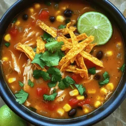 - 1 lb boneless, skinless chicken breasts - 1 can fire-roasted diced tomatoes (14 oz) - 1 can black beans, rinsed and drained (15 oz) - 1 can corn, drained (15 oz) - 1 medium onion, diced - 3 cloves garlic, minced - 1 jalapeño, seeded and finely chopped - 1 teaspoon ground cumin - 1 teaspoon chili powder - 4 cups chicken broth - 1 lime, juiced - Salt and pepper to taste For this soup, I choose fresh chicken breasts. They add great flavor and texture. Fire-roasted tomatoes give a nice smoky taste. Black beans and corn are not just tasty; they also add protein and color. I always use fresh onion and garlic. They make the soup smell amazing! - Fresh cilantro, chopped - Diced avocado - Shredded cheese (cheddar or Monterey Jack) - Crispy tortilla strips Toppings are key to a great soup! Fresh cilantro adds a burst of flavor. Diced avocado gives creaminess. Shredded cheese melts perfectly on top. Crispy tortilla strips add crunch and fun. You can mix and match these toppings to fit your taste. Enjoy! - Layering the chicken Start by placing 1 pound of boneless, skinless chicken breasts at the bottom of your slow cooker. This chicken will cook slowly, soaking up all the great flavors. - Adding the vegetables Next, add a can of fire-roasted diced tomatoes, black beans, and corn. Also, include a diced onion, minced garlic, and a finely chopped jalapeño. Spread these veggies evenly over the chicken. This helps create a balanced flavor in your soup. - Seasoning Now, sprinkle 1 teaspoon of ground cumin and 1 teaspoon of chili powder over the top. Season with salt and pepper to taste. Mix gently to combine the spices with the veggies and chicken. - Pouring in the broth Carefully pour 4 cups of chicken broth over the mixture. Make sure the solids are well covered. This broth brings all the flavors together as it cooks. - Setting the cooking time Cover your slow cooker with its lid. Set it to cook on low for 6-7 hours or on high for 3-4 hours. This long, slow cooking time makes the chicken tender and flavorful. - Shredding the chicken About 30 minutes before serving, take the chicken out using tongs. Shred it into bite-sized pieces with two forks. Then, return the shredded chicken back into the slow cooker. - Incorporating lime juice Squeeze in the juice from 1 lime, stirring to mix. This adds a bright flavor to your soup. Taste and adjust the seasoning if needed with more salt, pepper, or lime juice. - Serving suggestions Ladle the hot soup into bowls. Top with crispy tortilla strips, chopped fresh cilantro, and diced avocado if you like. You can also add some shredded cheese for extra creaminess. Enjoy your comforting bowl of tortilla soup! Adjusting seasoning Taste your soup before serving. Add salt and pepper slowly. This helps you find the right flavor. If you want more zing, squeeze in extra lime juice. A little can go a long way. Ensuring tenderness of chicken Cook the chicken until it easily shreds. This makes the soup rich and hearty. If it feels tough, let it cook longer. Trust your slow cooker; it works magic over time. Best accompaniments Serve this soup with crispy tortilla strips. They add crunch and texture. You can also include a side of fresh lime wedges. They brighten each bite. Garnishing ideas Top each bowl with fresh cilantro. This adds color and flavor. You might also add diced avocado for creaminess. Shredded cheese like cheddar or Monterey Jack is a tasty option too. {{image_4}} - Chicken alternatives: If you want a different protein, use turkey breast or shredded rotisserie chicken. You can also use cooked chicken thighs for more flavor. - Vegan or vegetarian options: Swap the chicken with a mix of beans or lentils. You can use vegetable broth instead of chicken broth. Add firm tofu for protein and texture. - Adding spices: Spice up your soup with some smoked paprika or cayenne pepper. A pinch of oregano adds a nice touch too. - Including additional vegetables: Add chopped bell peppers or zucchini for more veggies. Corn works great too, and you can toss in some spinach for a boost. To store leftovers, let the soup cool down. Once cooled, transfer it into an airtight container. You can keep it in the fridge for up to three days. Make sure the lid is on tight to keep the flavors fresh. When you’re ready to eat, just scoop out a portion and enjoy! To freeze the soup, use freezer-safe bags or containers. Leave some space at the top to allow for expansion. This soup can last in the freezer for up to three months. When you're ready to eat, thaw it in the fridge overnight for best results. For safe reheating, warm the soup in a pot on the stove. Heat it over medium heat, stirring often. You can also use a microwave. Heat it in short bursts to avoid hot spots. Make sure it reaches a safe temperature of 165°F before serving. Enjoy the warmth and comfort of your soup! To make this soup spicier, add more jalapeños. You can chop them finely or leave them in larger pieces for more heat. Another option is to add hot sauce to taste when serving. Be careful not to overdo it. Start with a small amount and taste as you go. This way, you can find the perfect heat level for your liking. Yes, you can use frozen chicken. It is safe to cook frozen chicken in the slow cooker. Just make sure to add about an extra hour to the cooking time. If you’re using frozen chicken, place it at the bottom of the slow cooker. This allows the chicken to thaw and cook evenly. Always check that the chicken reaches 165°F for safe eating. You can serve this soup with a variety of sides. Tortilla chips are great for dipping. You might also enjoy a fresh side salad or some cornbread. For toppings, consider options like sour cream, diced avocado, or extra cheese. These add flavor and texture, making every bite more enjoyable. This blog post covered how to make Slow Cooker Chicken Tortilla Soup. We explored key ingredients, like chicken and veggies. I shared a step-by-step process to prepare and cook. We also discussed tips for flavor and storage. Remember, you can adjust the soup to fit your taste. Try different toppings or spices for a unique twist. Enjoy the warming comfort of this recipe any day!