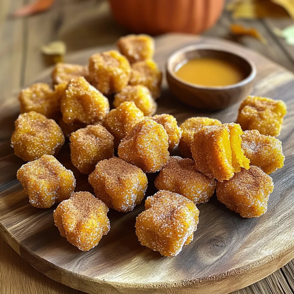 For these delightful pumpkin spice churro bites, you will need: - 1 cup all-purpose flour - 1/4 cup granulated sugar - 1 tablespoon baking powder - 1/2 teaspoon salt - 1 teaspoon pumpkin spice mix - 1/2 cup water - 2 tablespoons unsalted butter, melted - 1/2 teaspoon vanilla extract - Oil for frying - 1/4 cup unsalted butter, melted (for coating) - 1/4 cup granulated sugar (for coating) - 1 teaspoon pumpkin spice mix (for coating) Each ingredient plays a key role in creating that warm, cozy flavor you love. The all-purpose flour gives the churros their structure. The baking powder helps them puff up and become light. Sugar adds sweetness, while pumpkin spice brings that seasonal flair. Butter and vanilla enhance richness, making each bite a treat. Don't forget the oil for frying, which gives them that golden, crispy exterior. Finally, the coating of sugar and pumpkin spice adds the perfect finishing touch. 1. Start by mixing your dry ingredients. In a medium bowl, combine 1 cup of all-purpose flour, 1/4 cup of granulated sugar, 1 tablespoon of baking powder, 1/2 teaspoon of salt, and 1 teaspoon of pumpkin spice mix. Whisk it all together until smooth with no lumps. 2. Next, boil your water. In a small saucepan, bring 1/2 cup of water to a gentle boil over medium heat. Once it's boiling, add 2 tablespoons of melted butter and 1/2 teaspoon of vanilla extract. Stir it well as you add. 3. Now, form the dough. Remove the saucepan from heat. Quickly mix in the flour mixture into the boiling liquid. Stir until the dough pulls away from the sides of the pan. It should be smooth and cohesive. 1. Heat your oil. Use a large pot or deep frying pan. Fill it with about 2 inches of oil. Heat the oil to 350°F (175°C) using a thermometer for accuracy. 2. Pipe the dough into the oil. Carefully use a piping bag with a star tip to pipe small pieces of dough into the hot oil. Use kitchen scissors to cut them off. Be sure not to overcrowd the pot. This keeps the oil hot and the churros crispy. 3. Cook until golden brown. Fry the churro bites for about 2-3 minutes. They should be golden brown on all sides. Once ready, use a slotted spoon to lift them out. Place them on a plate lined with paper towels to drain excess oil. 1. Mix the coating ingredients. In a shallow bowl, combine 1/4 cup of melted butter, 1/4 cup of granulated sugar, and 1 teaspoon of pumpkin spice mix. Stir until fully blended. 2. Toss churro bites while warm. While the churro bites are still warm, toss them in the cinnamon-sugar mixture. Make sure each piece gets an even coating. They should be glistening and full of flavor. - Ensuring proper dough consistency: The dough should be smooth and easy to pipe. If it feels too sticky, add a bit more flour. If it’s dry, add a touch of water. The right mix makes a big difference. - Temperature control for frying: Heat your oil to 350°F (175°C). If it’s too hot, your churros will burn. If it’s too cool, they will soak up too much oil. Use a thermometer for best results. - Avoiding oil overcrowding: Fry in small batches. Overcrowding lowers the oil temperature and leads to soggy churros. Give them space to puff up and fry evenly. - Presentation ideas for gatherings: Use a festive platter to display your churro bites. Sprinkle some extra pumpkin spice on top for a seasonal touch. Add some fall leaves or mini pumpkins for fun decor. - Accompaniments like dipping sauces: Serve with warm caramel or chocolate sauce. A side of vanilla ice cream also pairs nicely. These dips add extra flavor and fun. - Storing leftover churro bites: Keep any leftovers in an airtight container at room temperature. They taste best when fresh, but you can reheat them in the oven for a few minutes to revive their crispness. {{image_4}} You can easily mix things up with your pumpkin spice churro bites. Adding different spices can enhance their taste. Consider using cinnamon, nutmeg, or even a hint of ginger for a unique twist. If you love chocolate, dip the churro bites in melted chocolate after frying. You can also drizzle caramel on top for extra sweetness. These additions make the bites even more fun and tasty. If you need gluten-free churro bites, swap the all-purpose flour for a gluten-free flour blend. This change works well and keeps the texture light. For a vegan version, use plant-based butter and substitute water with almond or oat milk. These simple swaps keep the flavor while meeting dietary needs. Enjoy your churro bites without worry! To keep your churro bites fresh, store them in an airtight container. Place parchment paper between layers to avoid sticking. This way, they remain tasty for up to two days at room temperature. If you want them to last longer, consider refrigerating them. They can stay good for about a week in the fridge. When it's time to enjoy your leftovers, reheating is key. The best method is to use an oven. Preheat it to 350°F (175°C) and bake for 5-7 minutes. This helps restore their crispiness. You can also use an air fryer for a quick fix. Set it to 350°F (175°C) and heat for about 3-4 minutes. You can freeze churro bites before or after frying. If you freeze them raw, prepare the dough and pipe it into shapes. Place them on a baking sheet and freeze until solid. Once frozen, transfer them to a freezer bag. They can last for up to three months. If you prefer to freeze cooked churro bites, let them cool first. Then, place them in a freezer bag. Just remember, the texture may change slightly after freezing. For thawing, take the churro bites out of the freezer. Leave them in the fridge overnight or at room temperature for a few hours. If they are fried, you can reheat them directly from the freezer. Just follow the oven or air fryer instructions. This will help keep them delicious and warm. You will know the churro bites are done when they turn golden brown. The perfect color is a rich, deep gold. They should also feel crisp on the outside. A good frying time is about 2-3 minutes. Use a slotted spoon to check them. If they float and sizzle, they are ready! Yes, you can prepare the dough a few hours ahead. After making it, place it in the fridge. This keeps it fresh until you are ready to fry. Just remember to let it warm up a bit before frying. Fried churro bites taste best when fresh, so frying just before serving is ideal. You can find premade churro bites at many local stores. Check the frozen foods section. Some bakeries might also sell them around fall. Online shopping is another great option. Websites like Amazon or specialty food sites often carry them. Making churro bites is fun and easy. We covered the key ingredients, step-by-step instructions, and tips for the perfect fry. You learned about flavor variations and how to store leftovers. Now, you’re ready to impress your friends and family with these tasty treats. Enjoy the process, and don’t forget to have fun with your creations! Whether you stick to the classic or try something new, each bite will be a delight.