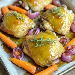 - 4 boneless, skinless chicken thighs - 6 medium carrots, cut into sticks - 1 large red onion, cut into wedges - 2 tablespoons Dijon mustard - 3 tablespoons pure maple syrup - 1 tablespoon extra virgin olive oil - 1 teaspoon garlic powder - 1 teaspoon onion powder - Sea salt and freshly ground black pepper to taste - Fresh thyme sprigs The main ingredients here are simple yet flavorful. The chicken thighs are juicy and tender. The carrots add a sweet crunch, and the red onion brings a mild bite. The marinade makes this dish shine. The Dijon mustard gives a tangy kick. Pure maple syrup adds a rich sweetness. The olive oil helps everything stay moist. Garlic powder and onion powder boost the flavor. Salt and pepper tie it all together. For garnish, fresh thyme sprigs add a lovely aroma. They also make the dish look fresh and inviting. You can find these ingredients at your local grocery store. Using fresh and high-quality items will enhance your meal. Try to prepare everything in advance to save time. This will make cooking easier and more fun. Ensure the oven is preheated to 400°F (200°C). This step is key for even cooking. Whisk together all marinade ingredients in a mixing bowl. Combine Dijon mustard, maple syrup, olive oil, garlic powder, onion powder, salt, and pepper. This blend gives a sweet and tangy taste. Coat chicken thighs with half of the marinade and allow to rest. Let the chicken sit for 15 minutes. This time helps the flavors soak in. Line the baking sheet with parchment paper for easy cleanup. This simple step keeps everything from sticking and saves time later. Toss carrots and onions with the remaining marinade. Make sure each piece is coated well. This adds flavor and color to your dish. Place marinated chicken and vegetables on the baking sheet. Spread them out for even roasting. Roast for 25-30 minutes. The chicken should reach 165°F (74°C) and veggies should be tender. Optionally broil for an additional 2-3 minutes for extra crispness. Keep a close watch to avoid burning. A little char adds great flavor. Rest the dish for a few minutes after cooking. Garnish with fresh thyme before serving for a nice touch. The aroma will make your meal even more inviting. To get the best flavor, coat the chicken well. Use half the marinade for the chicken. Pour it over the chicken in a bowl. Use your hands or a spoon to rub it all over. Let it marinate for 15 minutes. This helps the chicken soak up the taste. For the veggies, use the rest of the marinade. Toss the carrot sticks and onion wedges until they are covered. This way, every bite is full of flavor. You want your chicken to be juicy and safe to eat. The ideal internal temperature is 165°F (74°C). To check, use a meat thermometer. Insert it into the thickest part of the thigh. If it reads 165°F, your chicken is done. If not, return it to the oven. Remember, let it rest for a few minutes after cooking. This helps the juices settle in the meat. Cleaning up after cooking can be easy. Start by lining your baking sheet with parchment paper. This helps prevent sticking. Once you finish, let the sheet cool before cleaning. Soak it in warm, soapy water for easier scrubbing. For any stuck bits, use a gentle scrubber. Keeping your kitchen tidy makes cooking more fun for next time! {{image_4}} You can swap out carrots and onions for other veggies. Try using: - Broccoli florets - Bell peppers, cut into strips - Sweet potatoes, cubed - Zucchini, sliced These options add color and taste. Feel free to mix and match based on what you have. If you want to change the chicken, there are great options. Consider using: - Boneless pork chops - Firm tofu, cut into cubes - Salmon fillets Each alternative brings its own flavor. Make sure to adjust cooking times for the different proteins. To make the dish unique, add extra spices or herbs. Some ideas include: - A pinch of smoked paprika for warmth - Fresh rosemary for a fragrant touch - A splash of lemon juice for brightness These tweaks can elevate the dish. Experiment and find what you love most! To keep your Maple Dijon Chicken & Carrots fresh, store leftovers in an airtight container. Let the dish cool for about 30 minutes before sealing. This helps prevent moisture build-up. Place the container in the fridge. Enjoy your leftovers within 3 to 4 days for the best taste. When ready to eat, reheat the chicken and carrots in the oven or microwave. If using the oven, preheat it to 350°F (175°C). Place the leftovers on a baking sheet and cover with foil. Heat for about 15-20 minutes. In the microwave, use a microwave-safe dish. Heat in short bursts, about 1-2 minutes, checking often. This helps keep the chicken juicy and the carrots tender. If you want to freeze the meal, first let it cool completely. Portion it into freezer-safe bags or containers. Make sure to remove as much air as possible. Label the bags with the date. You can freeze this dish for up to 3 months. To defrost, transfer it to the fridge for a day before reheating. This keeps the flavors intact and ensures safe eating. Yes, you can use bone-in chicken thighs. They add great flavor. Adjust the cooking time to about 35-40 minutes. Use a meat thermometer to check. The chicken should reach 165°F (74°C). Bone-in meat often takes longer to cook. Make sure to monitor it closely. This dish goes well with many sides. Consider serving it with: - Rice or quinoa for a filling base - Steamed green beans for a fresh touch - Mashed potatoes for a creamy contrast - A simple green salad for added crunch These sides balance the sweet and tangy flavors of the chicken. Leftovers will last about 3-4 days in the fridge. Store them in an airtight container. Make sure to cool the dish before storing. This helps keep it fresh and safe. If you want to keep them longer, consider freezing. Yes, you can prepare this dish ahead of time. Marinate the chicken for up to 24 hours. Keep it in the fridge before cooking. You can also chop the veggies a day before. Just store them in water to keep them crisp. This makes meal prep easy and quick. This blog post covered a simple, tasty recipe for Maple Dijon Chicken with carrots. We discussed the main ingredients, marinade, and step-by-step instructions for cooking. I shared tips on marinating, cooking, and cleaning up. You learned about variations to expand your dish and storage tips for leftovers. In conclusion, this dish simplifies weeknight meals while adding flavor. Enjoy the process and make it your own!