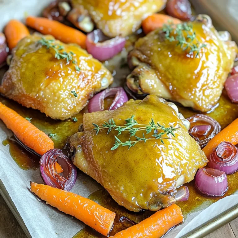 - 4 boneless, skinless chicken thighs - 6 medium carrots, cut into sticks - 1 large red onion, cut into wedges - 2 tablespoons Dijon mustard - 3 tablespoons pure maple syrup - 1 tablespoon extra virgin olive oil - 1 teaspoon garlic powder - 1 teaspoon onion powder - Sea salt and freshly ground black pepper to taste - Fresh thyme sprigs The main ingredients here are simple yet flavorful. The chicken thighs are juicy and tender. The carrots add a sweet crunch, and the red onion brings a mild bite. The marinade makes this dish shine. The Dijon mustard gives a tangy kick. Pure maple syrup adds a rich sweetness. The olive oil helps everything stay moist. Garlic powder and onion powder boost the flavor. Salt and pepper tie it all together. For garnish, fresh thyme sprigs add a lovely aroma. They also make the dish look fresh and inviting. You can find these ingredients at your local grocery store. Using fresh and high-quality items will enhance your meal. Try to prepare everything in advance to save time. This will make cooking easier and more fun. Ensure the oven is preheated to 400°F (200°C). This step is key for even cooking. Whisk together all marinade ingredients in a mixing bowl. Combine Dijon mustard, maple syrup, olive oil, garlic powder, onion powder, salt, and pepper. This blend gives a sweet and tangy taste. Coat chicken thighs with half of the marinade and allow to rest. Let the chicken sit for 15 minutes. This time helps the flavors soak in. Line the baking sheet with parchment paper for easy cleanup. This simple step keeps everything from sticking and saves time later. Toss carrots and onions with the remaining marinade. Make sure each piece is coated well. This adds flavor and color to your dish. Place marinated chicken and vegetables on the baking sheet. Spread them out for even roasting. Roast for 25-30 minutes. The chicken should reach 165°F (74°C) and veggies should be tender. Optionally broil for an additional 2-3 minutes for extra crispness. Keep a close watch to avoid burning. A little char adds great flavor. Rest the dish for a few minutes after cooking. Garnish with fresh thyme before serving for a nice touch. The aroma will make your meal even more inviting. To get the best flavor, coat the chicken well. Use half the marinade for the chicken. Pour it over the chicken in a bowl. Use your hands or a spoon to rub it all over. Let it marinate for 15 minutes. This helps the chicken soak up the taste. For the veggies, use the rest of the marinade. Toss the carrot sticks and onion wedges until they are covered. This way, every bite is full of flavor. You want your chicken to be juicy and safe to eat. The ideal internal temperature is 165°F (74°C). To check, use a meat thermometer. Insert it into the thickest part of the thigh. If it reads 165°F, your chicken is done. If not, return it to the oven. Remember, let it rest for a few minutes after cooking. This helps the juices settle in the meat. Cleaning up after cooking can be easy. Start by lining your baking sheet with parchment paper. This helps prevent sticking. Once you finish, let the sheet cool before cleaning. Soak it in warm, soapy water for easier scrubbing. For any stuck bits, use a gentle scrubber. Keeping your kitchen tidy makes cooking more fun for next time! {{image_4}} You can swap out carrots and onions for other veggies. Try using: - Broccoli florets - Bell peppers, cut into strips - Sweet potatoes, cubed - Zucchini, sliced These options add color and taste. Feel free to mix and match based on what you have. If you want to change the chicken, there are great options. Consider using: - Boneless pork chops - Firm tofu, cut into cubes - Salmon fillets Each alternative brings its own flavor. Make sure to adjust cooking times for the different proteins. To make the dish unique, add extra spices or herbs. Some ideas include: - A pinch of smoked paprika for warmth - Fresh rosemary for a fragrant touch - A splash of lemon juice for brightness These tweaks can elevate the dish. Experiment and find what you love most! To keep your Maple Dijon Chicken & Carrots fresh, store leftovers in an airtight container. Let the dish cool for about 30 minutes before sealing. This helps prevent moisture build-up. Place the container in the fridge. Enjoy your leftovers within 3 to 4 days for the best taste. When ready to eat, reheat the chicken and carrots in the oven or microwave. If using the oven, preheat it to 350°F (175°C). Place the leftovers on a baking sheet and cover with foil. Heat for about 15-20 minutes. In the microwave, use a microwave-safe dish. Heat in short bursts, about 1-2 minutes, checking often. This helps keep the chicken juicy and the carrots tender. If you want to freeze the meal, first let it cool completely. Portion it into freezer-safe bags or containers. Make sure to remove as much air as possible. Label the bags with the date. You can freeze this dish for up to 3 months. To defrost, transfer it to the fridge for a day before reheating. This keeps the flavors intact and ensures safe eating. Yes, you can use bone-in chicken thighs. They add great flavor. Adjust the cooking time to about 35-40 minutes. Use a meat thermometer to check. The chicken should reach 165°F (74°C). Bone-in meat often takes longer to cook. Make sure to monitor it closely. This dish goes well with many sides. Consider serving it with: - Rice or quinoa for a filling base - Steamed green beans for a fresh touch - Mashed potatoes for a creamy contrast - A simple green salad for added crunch These sides balance the sweet and tangy flavors of the chicken. Leftovers will last about 3-4 days in the fridge. Store them in an airtight container. Make sure to cool the dish before storing. This helps keep it fresh and safe. If you want to keep them longer, consider freezing. Yes, you can prepare this dish ahead of time. Marinate the chicken for up to 24 hours. Keep it in the fridge before cooking. You can also chop the veggies a day before. Just store them in water to keep them crisp. This makes meal prep easy and quick. This blog post covered a simple, tasty recipe for Maple Dijon Chicken with carrots. We discussed the main ingredients, marinade, and step-by-step instructions for cooking. I shared tips on marinating, cooking, and cleaning up. You learned about variations to expand your dish and storage tips for leftovers. In conclusion, this dish simplifies weeknight meals while adding flavor. Enjoy the process and make it your own!