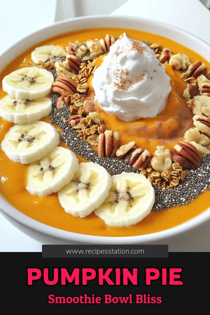 Indulge in the fall flavors with this cozy pumpkin pie smoothie bowl! Packed with pumpkin puree, bananas, Greek yogurt, and warm spices, it's a creamy, healthy treat that’s perfect any time of the day. Explore how to create this delightful recipe with artistic toppings like granola and pecans that make it as beautiful as it is delicious. Click through to dive into the full recipe! #PumpkinRecipes #SmoothieBowl #HealthyEating #FallRecipes
