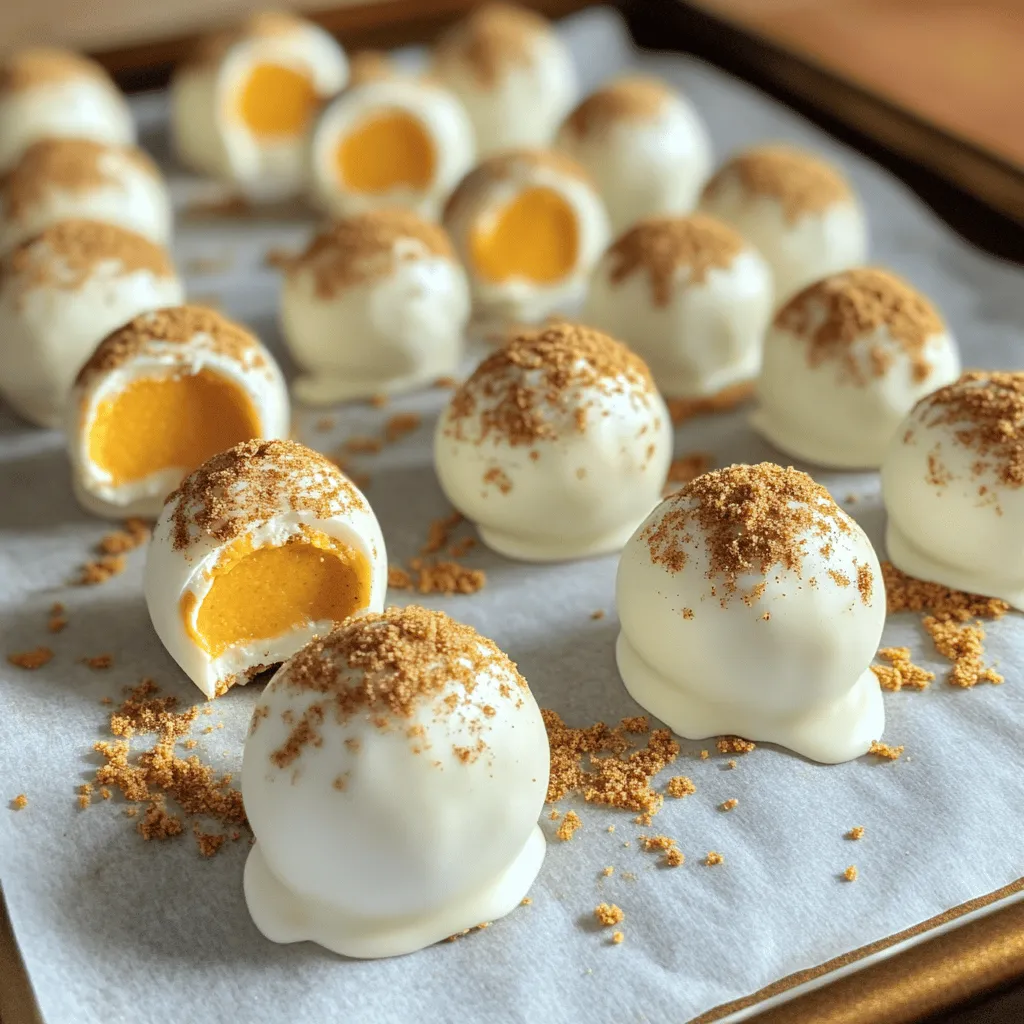 Gathering the right ingredients is key to making delicious Pumpkin Cheesecake Truffles. Here’s what you need: - 8 oz cream cheese, softened - 1 cup pumpkin puree (not pie filling) - 1/2 cup powdered sugar (sifted) - 1 teaspoon pure vanilla extract - 1 teaspoon pumpkin pie spice - 1 cup graham cracker crumbs (plus extra for garnish) - 1 cup white chocolate chips (high-quality) - 1 tablespoon coconut oil - A pinch of fine sea salt Each ingredient plays a role in creating the perfect truffle. The cream cheese gives a rich, creamy base. Pumpkin puree adds a warm flavor and smooth texture. Powdered sugar sweetens the mix without graininess. Vanilla extract brings a nice depth. Pumpkin pie spice offers that classic fall taste. Graham cracker crumbs add crunch and body. White chocolate coats the truffles, while coconut oil helps it melt smoothly. Finally, sea salt highlights all the flavors. Selecting high-quality ingredients makes all the difference in taste. To start, grab a large mixing bowl. Add 8 ounces of softened cream cheese, 1 cup of pumpkin puree, 1/2 cup of sifted powdered sugar, 1 teaspoon of pure vanilla extract, 1 teaspoon of pumpkin pie spice, and a pinch of fine sea salt. Use a hand mixer or a spatula to mix these ingredients. Blend until you have a smooth and homogenous mixture with no lumps. This filling will be the base of your truffles. Next, it’s time to incorporate the graham cracker crumbs. Add 1 cup of crumbs into the creamy mixture. Use a spatula to fold them in gently. This helps maintain the texture. Once fully mixed, cover the bowl with plastic wrap. Refrigerate for about 1 to 2 hours. This chilling time helps the mixture firm up, making it easier to handle. After chilling, scoop out the mixture using a small cookie scoop or your hands. Roll the mixture into bite-sized balls, about 1 inch in diameter. Place each truffle on a parchment-lined baking sheet to avoid sticking. To ensure they hold their shape, freeze these truffles for about 30 minutes. While the truffles are firming up, prepare the chocolate coating. In a microwave-safe bowl, combine 1 cup of high-quality white chocolate chips and 1 tablespoon of coconut oil. Microwave in 30-second intervals, stirring well in between, until the mixture is smooth. Once the truffles are ready, dip each one into the melted chocolate using a fork. Make sure they are evenly coated. Let any excess chocolate drip back into the bowl before placing them back on the parchment paper. For a finishing touch, sprinkle extra graham cracker crumbs or a dash of pumpkin pie spice on top while the chocolate is still wet. Allow the truffles to sit at room temperature until the chocolate hardens. Enjoy your delightful Pumpkin Cheesecake Truffles! Using softened cream cheese is key. It blends well and creates a smooth mix. If it’s too cold, lumps form. Always let it sit out for about 30 minutes before using. When adding graham cracker crumbs, fold gently. This keeps the mix light and fluffy. Use a spatula and be careful not to overmix. You want a thick texture that holds shape. To prevent chocolate from clumping, melt it slowly. Use a microwave-safe bowl and heat in 30-second bursts. Stir well between each burst until smooth. Mixing in coconut oil helps it stay silky. For an even coating, dip each truffle with a fork. Let excess chocolate drip back into the bowl. This helps keep the coating thin and neat. Serve these truffles on a pretty platter. A simple dusting of extra graham crumbs adds charm. You can also pair them with coffee or hot cocoa. These drinks enhance the pumpkin flavor. For a fun twist, try serving with vanilla ice cream. {{image_4}} You can change the chocolate coating for these truffles. Dark chocolate adds a rich taste. Milk chocolate gives a sweet twist. Both options work well with pumpkin flavors. For a fun look, try colored candy melts. They come in many shades. These melts can make your truffles pop with color. Just melt them like white chocolate. Dip each truffle for a fun treat. Want to mix things up? Add different spices! Nutmeg and cinnamon can boost the flavor. They add a warm, cozy taste. You can also add other extracts. Maple gives a sweet touch, while almond adds a nutty flavor. Experiment with these to find your favorite blend. Toppings make your truffles even more fun. Nuts add crunch and flavor. Try crushed pecans or walnuts on top. Sprinkles can add color and a festive feel. You can also drizzle caramel or fudge on top. This adds sweetness and looks great. Let your creativity shine! To keep your Pumpkin Cheesecake Truffles fresh, store them in the fridge. Place them in an airtight container. This helps maintain their soft texture and flavor. You should layer parchment paper between truffles to prevent sticking. If you have extra truffles, use a second container. To freeze truffles, first, chill them in the fridge for at least one hour. After that, place them on a baking sheet. Make sure they do not touch each other. Freeze them for about two hours. After freezing, transfer truffles to a freezer bag or container. They can stay in the freezer for up to three months. Just remember to label the container with the date. When you are ready to enjoy your frozen truffles, take them out of the freezer. Place them in the fridge for a few hours to thaw. This keeps them from getting too warm and melting. You can also let them sit at room temperature for about 30 minutes. Do not rush the thawing process to keep the texture perfect. No, you should not use pumpkin pie filling. Pumpkin puree is pure pumpkin, while pie filling has added sugars and spices. This extra sweetness can change the truffle's flavor and texture. Puree gives you control over taste and keeps it simple. Stick with pumpkin puree for the best result. The mixture is ready when it feels firm and holds its shape. You want it to be cold enough to roll into balls. If it feels too soft, chill it longer in the fridge. A good sign is that it does not stick to your hands when you shape it. Yes, you can make these truffles ahead of time. After forming the balls, keep them in the fridge for up to three days. You can also freeze them for up to one month. Just remember to coat them in chocolate after thawing. This keeps them fresh and ready for any occasion! Making pumpkin cream cheese truffles is easy and fun. We combined simple ingredients like cream cheese, pumpkin puree, and spices. The steps included preparing the filling, forming truffles, and coating them in chocolate. You can also try different flavors and toppings to add your twist. Remember to store them well for the best taste. Enjoy these truffles with friends or family. They’re sure to be a hit for any occasion!