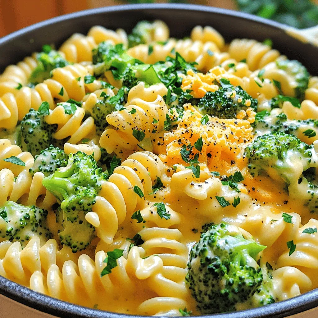 To make this creamy dish, gather these key items: - 10 oz pasta (fusilli or penne works best) - 2 cups fresh broccoli florets - 4 cups low-sodium vegetable broth - 1 cup heavy cream or full-fat coconut milk - 1 ½ cups sharp cheddar cheese, freshly grated - 1 tablespoon extra virgin olive oil - 3 cloves garlic, minced - ½ teaspoon onion powder - ½ teaspoon garlic powder - Salt and freshly ground black pepper, to taste You can add some fun touches with these garnishes: - Additional cheddar cheese - A sprinkle of black pepper - Chopped fresh parsley If you want to switch things up, consider these swaps: - Use gluten-free pasta for a gluten-free version. - Replace heavy cream with plain yogurt for a lighter option. - Try different cheeses like gouda or mozzarella for unique flavors. Start by heating 1 tablespoon of extra virgin olive oil in a large pot over medium heat. Once the oil is hot, add 3 cloves of minced garlic. Sauté the garlic for 1-2 minutes. It should smell fragrant, but be careful not to let it brown. Burnt garlic can ruin the dish. Next, add 10 ounces of dry pasta and 2 cups of fresh broccoli florets to the pot. Pour in 4 cups of vegetable broth. Then, add ½ teaspoon of onion powder and ½ teaspoon of garlic powder. Season it with salt and freshly ground black pepper. Stir everything well. Make sure the pasta and broccoli are mixed evenly in the broth. Bring the mixture to a gentle boil. Once boiling, reduce the heat to a simmer. Cover the pot and cook for 10-12 minutes. Stir occasionally to stop the pasta from sticking. The pasta should be al dente, and the broccoli should be tender yet bright green. When the pasta is cooked to your liking, lower the heat. Gently pour in 1 cup of heavy cream or full-fat coconut milk. Stir the mixture until the cream blends in well. You will notice the sauce thickening slightly. Gradually add 1 ½ cups of freshly grated sharp cheddar cheese. Keep stirring continuously until the cheese melts completely. This will give you a smooth and creamy sauce. Taste the pasta and adjust the seasoning with more salt and black pepper if needed. Serve the creamy broccoli cheddar pasta right away while it’s warm. For a tasty finish, top it with more cheddar cheese. You can also add a sprinkle of freshly cracked black pepper or some chopped fresh parsley for extra flavor and color. To make the best pasta, start with a large pot. Fill it with water and add a pinch of salt. This helps flavor the pasta as it cooks. Bring the water to a rolling boil before adding your pasta. Stir the pasta right after you add it to keep it from sticking. Cook it until it is al dente, which means it should be firm to the bite. This will help the pasta hold its shape in the creamy sauce. For creamy broccoli cheddar pasta, sharp cheddar is the best choice. It gives a strong flavor that pairs well with the broccoli. Always use freshly grated cheese. Packaged cheese often has additives that can affect how it melts. You can try different types of cheese too, like gouda or mozzarella, if you want to mix it up. Just remember, the cheese should melt smoothly to keep your sauce creamy. To keep broccoli bright and crunchy, add it to the pot at the right time. Add the florets when you add the pasta and broth. This way, they will cook together. Keep an eye on the broccoli as it cooks. It should stay bright green and tender, not mushy. Stir gently to prevent it from breaking apart. If you follow these steps, your broccoli will shine in this dish! {{image_4}} You can make this dish gluten-free. Use gluten-free pasta made from rice or corn. This choice keeps the creamy texture and rich flavor while being safe for gluten-free diets. To make this dish vegan, swap the cheese and cream. Use nutritional yeast for a cheesy flavor. Replace heavy cream with full-fat coconut milk for a creamy base. These changes keep the dish rich and tasty without any animal products. Want to add protein? You can mix in cooked chicken or tofu. For chicken, use grilled or rotisserie pieces. If using tofu, press and cube it before adding. This protein boost makes the meal more filling and nutritious. To keep your creamy broccoli cheddar pasta fresh, let it cool first. Place it in an airtight container. Store it in the fridge for up to three days. This way, you can enjoy it again without losing flavor. When you're ready to eat leftovers, reheat with care. Use a pot on low heat. Add a splash of vegetable broth or cream if it seems dry. Stir often until it’s warmed through. You want it hot, not boiling. To freeze, use a freezer-safe container. It can last up to three months. When you’re ready to eat, thaw it in the fridge overnight. Reheat as mentioned before. This keeps the taste and texture nice. Yes, you can use frozen broccoli. Frozen broccoli is quick and easy. It cooks faster than fresh. Just add it to the pot with the pasta and broth. You may need to reduce cooking time slightly. This way, you keep the bright green color and flavor. Fusilli and penne work best for this dish. Both shapes hold the creamy sauce well. Fusilli’s twists capture more cheese, while penne’s tubes let sauce fill them. You can use other pasta if you like, but these are the top choices. To make this dish dairy-free, use full-fat coconut milk. It gives a creamy texture that works well. Also, choose dairy-free cheese for a cheesy flavor without dairy. This way, you still enjoy all the taste without the dairy. You can serve this pasta with a fresh salad. A simple green salad pairs well. You could also add garlic bread for a crunchy side. If you want more protein, grilled chicken or tofu works great too. This blog post explores how to make One Pot Creamy Broccoli Cheddar Pasta. We covered ingredients, from main items to optional garnishes. The step-by-step guide walks you through cooking methods and cheese melting. Tips ensure perfect pasta and broccoli. Variations show gluten-free and vegan options. Lastly, storage info and FAQs help you keep your dish fresh and enjoyable. Remember, cooking is fun, and you can adjust each recipe to fit your taste. Enjoy experimenting!