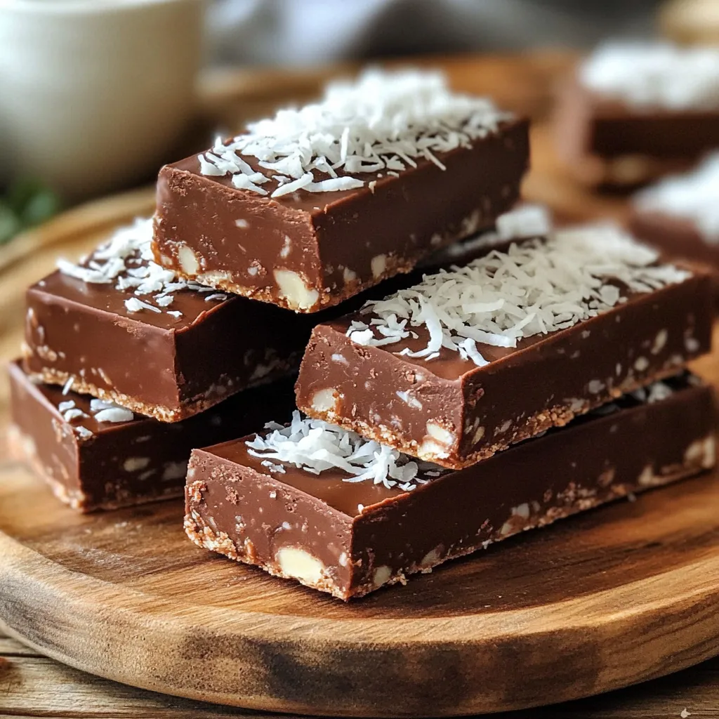 To make No-Bake Chocolate Coconut Almond Bars, you will need a few simple ingredients. Here’s the list: - 1 cup almond flour - 1 cup shredded unsweetened coconut - 1/2 cup Medjool dates, pitted and roughly chopped - 1/4 cup almond butter - 1/4 cup pure maple syrup - 1/4 cup unsweetened cocoa powder - 1 teaspoon vanilla extract - 1/4 teaspoon fine sea salt - 1/2 cup dark chocolate chips (dairy-free if preferred) - 1 tablespoon coconut oil These ingredients work together to create a rich and tasty bar. Almond flour and shredded coconut give the bars a nice texture. Medjool dates add natural sweetness and stickiness. Almond butter brings healthy fats, while cocoa powder gives a chocolatey flavor. Maple syrup adds a touch of sweetness, and vanilla extract enhances all the flavors. The sea salt balances the sweetness. Finally, dark chocolate chips and coconut oil form a delicious, glossy topping. Gather these ingredients, and you’re ready to make a delightful snack! - Mix the Base: Start by taking your food processor. Add 1 cup of almond flour, 1 cup of shredded coconut, and 1/4 teaspoon of fine sea salt. Pulse this mix for about 30 seconds. You want the coconut finely ground and well mixed. - Create the Dough: Next, add 1/2 cup of pitted and chopped Medjool dates, 1/4 cup of almond butter, 1/4 cup of pure maple syrup, 1/4 cup of unsweetened cocoa powder, and 1 teaspoon of vanilla extract. Blend everything for 1-2 minutes. Scrape down the sides as needed until it becomes a sticky dough. - Prepare the Dish: Line an 8x8-inch baking dish with parchment paper. Make sure the paper hangs over two sides. This helps lift the bars out later. - Press into Place: Transfer your sticky dough into the lined dish. Use a spatula or your hands to press it down. Make it even and compact. A smooth surface is key for the base layer. - Melt the Chocolate: In a small saucepan over low heat, put 1/2 cup of dark chocolate chips and 1 tablespoon of coconut oil. Stir it constantly until it melts. This should take about 2-3 minutes. You want it glossy and smooth. - Top with Chocolate: Carefully pour the melted chocolate over your pressed base. Use a spatula to spread it evenly across the surface. Make sure every bit is covered. - Chill and Set: Place the baking dish in the fridge for about 30 minutes. This lets the chocolate layer firm up. It should feel solid to the touch. - Slice and Serve: After chilling, lift the bars out by the parchment paper. Place them on a cutting board. Cut them into squares or rectangles. This process is simple yet rewarding. Enjoy your delicious no-bake chocolate coconut almond bars! - How to achieve the perfect dough consistency: The dough should be sticky but not wet. This helps the bars hold together. If it feels too dry, add a bit of almond butter or maple syrup. If it's too wet, add a little more almond flour or shredded coconut. - Best practices for melting chocolate: Always melt chocolate on low heat. Stir frequently to avoid burning. Using a double boiler can help keep the heat gentle. Just place a bowl over simmering water and stir until smooth. - Tips for pressing the mixture evenly: Use a spatula or your hands to press the mixture firmly. Start from the center and work your way out. Make sure the top is flat. This helps the chocolate layer spread easily and evenly. - Pairings with drinks or other snacks: These bars taste great with a warm cup of tea or coffee. They also pair well with fresh fruit like strawberries or bananas. For a fun twist, try them with a scoop of vanilla ice cream for dessert! {{image_4}} You can switch out ingredients if you have nut allergies. Use sunflower seed butter instead of almond butter. For the base, try using sunflower seed flour instead of almond flour. This keeps the bars nut-free while still tasty. When it comes to sweeteners, you have choices. Maple syrup works well, but honey is a nice option too. Honey gives a floral taste, while maple syrup is smooth and rich. Choose what you like best or have on hand. You can make these bars even more fun by adding spices or extracts. A dash of cinnamon or a hint of almond extract can elevate the flavor. Just a little goes a long way, so start small and taste as you go. You can also add other nuts or seeds for extra crunch. Walnuts, pecans, or pumpkin seeds mix well with the chocolate and coconut. These variations not only change the flavor but also add more texture to your bars. To keep your No-Bake Chocolate Coconut Almond Bars fresh, store them in an airtight container. I recommend using a glass or plastic container with a tight seal. Layer parchment paper between the bars to prevent sticking. This way, each bar stays intact and ready to enjoy. - Store them in the fridge for up to one week. - Keep them in a cool, dry place if you want to enjoy them at room temperature. You can freeze these bars to enjoy later. They freeze well and keep their taste and texture. Here’s how to do it: - Cut the bars into squares before freezing. - Wrap each bar in plastic wrap or foil. - Place the wrapped bars in a freezer-safe bag or container. When you’re ready to eat them, take out the bars and let them thaw in the fridge. They’ll be ready to enjoy in a few hours. You can also thaw them at room temperature for about 30 minutes. Can I use other nut flours instead of almond flour? Yes, you can use other nut flours. Cashew flour or hazelnut flour work well. Each will change the taste a bit, but they keep the bars yummy. How long do the bars last in the fridge? The bars stay fresh for about a week in the fridge. Just store them in an airtight container. This keeps them tasty and prevents them from drying out. Can I make these bars vegan? Yes, these bars can easily be vegan. Use maple syrup and dairy-free chocolate chips. This simple swap makes the recipe plant-based and still delicious! What's the best way to cut the bars? To cut the bars, use a sharp knife. Make sure the chocolate is firm. You can also warm the knife slightly for cleaner cuts. This helps keep the bars looking nice. Can I substitute the Medjool dates with another sweetener? Yes, you can use other sweeteners. Maple syrup or agave syrup can work in place of dates. Just keep in mind that the texture may change slightly. Adjust the amount to taste! You’ve learned how to make delicious chocolate bars using simple, healthy ingredients. The steps are easy, and the tips help you get great results every time. You can even modify the recipe to fit your tastes or needs. Remember to store your bars properly for the best flavor and freshness. Enjoy your creation or share them with friends. These chocolate bars are a treat you can feel good about eating. Happy cooking!