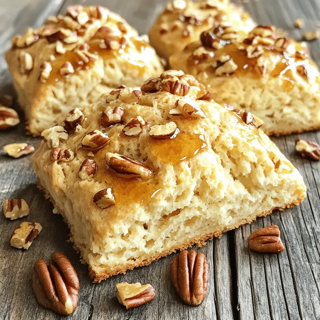 - 2 cups all-purpose flour - 1/2 cup finely chopped pecans - 1/3 cup packed brown sugar For these scones, all-purpose flour forms the base. It gives the scones structure. The finely chopped pecans add a crunchy texture. They also bring a nutty taste that pairs well with maple. Brown sugar adds sweetness and a hint of caramel flavor. This combination makes each bite delightful. - 1/2 cup heavy cream - 1/4 cup pure maple syrup - 1 teaspoon vanilla extract Heavy cream provides richness and moisture. It keeps the scones tender. Pure maple syrup gives a lovely sweetness. The maple flavor shines through in every bite. Vanilla extract adds warm notes that enhance the overall taste. - 1/4 cup cold unsalted butter - 1 egg, beaten (for egg wash) Cold unsalted butter is key for flakiness. It creates layers in the scones. You will cut the butter into the flour mixture until crumbly. The beaten egg serves as an egg wash. It gives the scones a golden color when baked. Start by preheating your oven to 400°F (200°C). This step is key for a nice rise. While the oven heats, line a baking sheet with parchment paper. This helps prevent the scones from sticking. In a large mixing bowl, combine the following: - 2 cups all-purpose flour - 1 tablespoon baking powder - 1/2 teaspoon salt - 1/3 cup packed brown sugar - 1/2 cup finely chopped pecans Whisk these dry ingredients together well. This ensures a good mix and helps the scones rise evenly. Next, add 1/4 cup of cold unsalted butter, cut into small cubes. Blend it in using your fingers or a pastry cutter. Aim for a crumbly texture, with bits of butter remaining. This will give your scones their flakiness. In a separate bowl, whisk together: - 1/2 cup heavy cream - 1/4 cup pure maple syrup - 1 teaspoon vanilla extract Slowly pour this wet mix into the dry ingredients. Stir gently until just combined. Do not overmix, or the scones will be tough. Lightly flour a clean surface. Transfer the dough onto it and knead gently a few times. Form the dough into a disc, about 1 inch thick. Use a sharp knife or pizza cutter to slice the dough into 8 wedges. Place each wedge on the prepared baking sheet, leaving space between them. Brush the tops with a beaten egg for a golden finish. Now it’s time to bake! Place the baking sheet in the preheated oven. Bake for 15 to 18 minutes. Look for a light golden brown color. To test for doneness, insert a toothpick into the center. If it comes out clean, they’re ready. Once baked, let the scones cool for a few minutes. For extra flavor, drizzle them with maple syrup and sprinkle more chopped pecans on top. To get that perfect flaky texture, cold butter is key. Cold butter stays in small bits during baking. This creates pockets of steam, making your scones rise and stay light. Mix the butter into the flour gently. I use my fingers or a pastry cutter. You want to achieve a crumbly mix. If you mix too hard, the scones become tough. Keep it light and quick. For extra flavor, think about adding spices. A pinch of cinnamon or nutmeg pairs well with the maple. You can also include chocolate chips for a sweet twist. When it comes to sweeteners, maple syrup is great, but don’t shy away from honey or agave. They add their own unique taste. Experiment until you find your favorite blend. Serve your scones warm for the best taste. A rustic wooden board adds charm. Drizzle some extra maple syrup on top for a sweet touch. For a pop of color, garnish with a sprig of mint. It not only looks good but also adds a fresh flavor. Your guests will be impressed by the lovely presentation. {{image_4}} You can switch pecans for other nuts. Walnuts or almonds work well too. They add different tastes and textures. If you want nut-free scones, replace pecans with seeds. Sunflower seeds give a nice crunch. You can also use oats for extra fiber and flavor. Add a fun twist to your scones with chocolate chips. They pair great with maple flavor. You can also add dried fruits like cranberries or apricots. These add sweetness and chewiness. Try mixing in a bit of cinnamon for warmth. It enhances the overall taste of the scones. For a sweet finish, consider using different syrups. Honey or agave syrup can add a new flavor. You can also make a maple glaze. Mix powdered sugar with maple syrup until smooth. Drizzle this glaze over the warm scones for a tasty treat. It makes them look extra special too! To keep your scones fresh, store them in an airtight container. This helps maintain their soft texture. You can store them at room temperature for up to two days. For longer storage, freeze them. Wrap each scone in plastic wrap, then place them in a freezer bag. They can stay good for up to three months in the freezer. To enjoy fresh-tasting scones, reheat them in the oven. Preheat your oven to 350°F (175°C). Place the scones on a baking sheet and heat for about 10 minutes. This restores their flakiness and warmth. If you're in a hurry, use the microwave. Place a scone on a microwave-safe plate and cover it with a damp paper towel. Heat for 15 to 20 seconds. This method is quick but may not give the same crisp texture. If you need a dairy-free option, use coconut cream. It adds nice flavor and richness. You could also use almond milk or soy milk with a bit of oil for creaminess. If you want a lighter option, try plain yogurt or milk mixed with a bit of butter. Each choice will change the texture a little, but they work well. Look for a light golden color on the tops. The edges should be firm, and the scones should feel set. You can also insert a toothpick into the center. It should come out clean. If you see wet dough, give them more time. Yes, you can make the dough in advance. Just wrap it tightly in plastic wrap and store it in the fridge for up to 24 hours. When ready, cut the scones and bake them. For best results, freeze the unbaked scones. They can go straight from the freezer to the oven. Just add a couple of extra minutes to the baking time. Maple pecan scones are a delightful treat you can easily make at home. We covered key ingredients, like flour, pecans, and cream. I shared step-by-step instructions to help you mix, shape, and bake with ease. Tips for perfecting your scones included using cold butter and exploring flavor variations. Finally, I explained how to store and reheat them for maximum freshness. Enjoy making these tasty scones, and share them with family and friends! You’ll find the perfect combination of flavor and comfort in every bite.