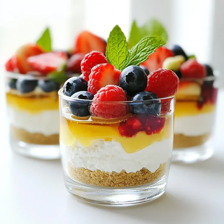 For this recipe, I use: - 2 cups cottage cheese, blended until smooth - 1/2 cup Greek yogurt Cottage cheese adds a creamy texture. Greek yogurt makes the dessert extra rich and tangy. You will need: - 1/2 cup honey or maple syrup - 1 teaspoon vanilla extract - 1 tablespoon freshly squeezed lemon juice - 1 teaspoon cornstarch - 1/4 teaspoon salt Honey or maple syrup gives sweetness. Vanilla and lemon juice add nice flavors. For the crust, gather: - 1 cup graham cracker crumbs - 4 tablespoons unsalted butter, melted The graham cracker crumbs create a crunchy base. The melted butter holds it all together. For garnish, consider: - Fresh berries (such as strawberries, blueberries, and raspberries) - Fresh mint leaves for garnish (optional) Berries add color and taste. Mint leaves give a fresh touch to your dessert. Start by blending two cups of cottage cheese until smooth. Add half a cup of Greek yogurt, half a cup of honey or maple syrup, one teaspoon of vanilla extract, one tablespoon of fresh lemon juice, one teaspoon of cornstarch, and a pinch of salt. Blend this mixture on high until it is creamy and lump-free. Set it aside for later. In a medium bowl, mix one cup of graham cracker crumbs with four tablespoons of melted unsalted butter. Use a fork or your fingers to combine them well. The mixture should feel like wet sand. This will form a tasty crust for your cups. Take your clear dessert cups or small glasses. Spoon about two tablespoons of the graham cracker mixture into each cup. Press down lightly with a spoon to make a firm crust layer. Make sure it is even across the bottom. Now, carefully spoon the creamy cottage cheese mixture on top of the crust in each cup. Fill them about two-thirds full. Gently tap the cups on the counter to remove any air bubbles. This ensures a nice, smooth finish. Place the cups in the refrigerator. Let them chill for at least two hours. This helps the mixture set properly, making each bite delightful. Once chilled, take the cups out of the fridge. Top each cheesecake cup with fresh berries like strawberries or blueberries. You can also add a mint leaf for a fun touch. Serve right away and enjoy your yummy dessert! To make your cottage cheese cheesecake cups smooth, blend the cottage cheese well. I recommend using a high-speed blender. It breaks down lumps quickly. Combine it with Greek yogurt for extra creaminess. The mixture should feel velvety. If it’s too thick, add a splash of milk or water. You can swap honey for maple syrup if you prefer. For a lighter option, use low-fat cottage cheese. If you want a dairy-free treat, try a plant-based yogurt. You can also use sugar instead of honey or syrup. Just adjust the amount to taste. Use clear dessert cups to show off the layers. Start with a neat layer of graham cracker crust. Then, spoon the creamy filling carefully on top. After chilling, garnish with fresh berries for color. A mint leaf adds a nice touch. Arrange them on a pretty platter for serving. {{image_4}} You can change up the flavors in your cheesecake cups. Here are some fun ideas: - Chocolate: Add cocoa powder to the cottage cheese mixture for a rich chocolate taste. - Fruit-infused: Blend in pureed fruits like strawberries or blueberries. This adds natural sweetness and color. - Citrus: Try adding orange or lime zest for a bright twist. It makes the dessert refreshing. - Spices: Add a pinch of cinnamon or nutmeg for warmth. These spices complement the creaminess perfectly. Experiment with these flavors to find your favorite! You can use different crusts for your cheesecake cups. Here are some choices: - Gluten-free: Use almond flour or gluten-free cookies instead of graham crackers. - Oreo crust: Crush Oreos for a chocolatey twist. This adds a fun flavor. - Nut crust: Mix ground nuts like pecans or walnuts with butter. This gives a crunchy texture. - Coconut crust: Combine shredded coconut with melted butter for a tropical flavor. Switching the crust can make each cup unique! Making individual servings can be fun. Here are some ideas to make your dessert special: - Layering: Alternate layers of cheesecake mixture with fruit or sauce in the cups. This looks great and tastes amazing. - Mini cups: Use smaller cups for bite-sized treats. Perfect for parties or snacks. - Themed toppings: Use seasonal fruits or colored sprinkles for holidays. This adds a festive touch. - Serving with sauce: Drizzle chocolate or caramel sauce over the top for extra sweetness. These tips help you create a dessert that everyone will love! Store any leftover cheesecake cups in the fridge. Use an airtight container to keep them fresh. They will stay good for up to three days. If you skip the lid, the cups may dry out or absorb smells from the fridge. You can freeze these cheesecake cups if you want to save them for later. Cover each cup tightly with plastic wrap. Then, place them in a freezer-safe container. They can last for up to two months in the freezer. To eat, move them to the fridge overnight to thaw. These cheesecake cups are best eaten fresh. However, they can last: - In the fridge: 3 days - In the freezer: 2 months Check for any signs of spoilage before eating. If they smell off or look strange, it is best to throw them away. Yes, you can use low-fat cottage cheese. It still gives a creamy texture. The flavor stays nice too. Some people prefer low-fat options for health reasons. Just blend it well to keep it smooth. The cheesecake cups need to chill for at least 2 hours. This time helps them set properly. Chilling makes the cups firmer and tastier. You can chill them longer if you want. Absolutely! You can make these cups a day before. Just store them in the fridge. This helps the flavors blend well. Plus, it saves time for parties or gatherings. If you don’t have graham crackers, try crushed cookies. Vanilla wafers work well too. You can also use gluten-free cookies for a gluten-free option. Just make sure to mix them with melted butter. Yes, these cheesecake cups can fit various diets. Use low-fat cottage cheese for a lighter option. You can also choose maple syrup for a vegan sweetener. Adjust the crust for gluten-free needs. These options make them more inclusive for everyone. Making cheesecake cups is easy and fun. First, gather ingredients like cottage cheese, sweeteners, and crust options. Mix, assemble, and chill your cups for the best texture. Don’t forget to try different flavors and garnishes. Finally, store extras correctly to enjoy later. With these tips and tricks, you can create tasty desserts that impress. Enjoy your delicious cheesecake cups with friends and family!