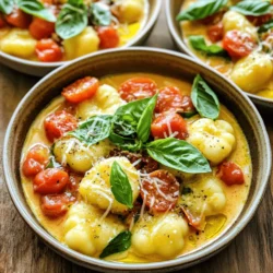 To make One-Pot Creamy Tomato Basil Gnocchi, you will need: - 1 pound gnocchi (store-bought or homemade) - 2 tablespoons extra virgin olive oil - 1 medium onion, finely diced - 4 cloves garlic, minced - 1 can (14 oz) diced tomatoes with juices - 1 cup vegetable broth - 1 cup heavy cream (or coconut cream for a dairy-free alternative) - 1 teaspoon dried Italian herbs (such as basil, oregano, and thyme) - Salt and freshly ground black pepper to taste - 1 cup fresh basil leaves, roughly chopped - ½ cup grated Parmesan cheese (optional for garnishing) You can add a few optional ingredients to boost the taste: - Red pepper flakes for heat - A splash of white wine for depth - Lemon zest for brightness - A sprinkle of fresh mozzarella for creaminess If you need to make swaps, here are some ideas: - Use gluten-free gnocchi for a gluten-free meal. - Swap heavy cream with coconut cream for a dairy-free version. - Replace Parmesan with nutritional yeast for a vegan option. - Use chicken broth instead of vegetable broth for more flavor. These variations help make this dish fit your taste and dietary needs. Start by heating the olive oil in a large pot over medium heat. You want the oil hot but not smoking. Add the finely diced onion first. Sauté it for about 3-4 minutes. Watch for the onion to turn translucent. This shows it’s ready. Next, stir in the minced garlic. Cook for one more minute. You will smell the nice garlic aroma soon. After the aromatics are ready, it’s time to add the main ingredients. Pour in the can of diced tomatoes, including their juices. Next, add the vegetable broth and heavy cream. Stir everything well to mix. This combination will form a rich, creamy base for your dish. Now, raise the heat slightly to bring the mixture to a gentle simmer. This step helps the flavors come together. Add the gnocchi to the pot and cook for about 5-7 minutes. Stir occasionally to keep the gnocchi from sticking. They will puff up and become tender. Next, sprinkle in the dried Italian herbs. Season with salt and freshly ground black pepper. Stir for another 2-3 minutes. This allows the herbs to release their flavors. Finally, remove the pot from heat. Gently fold in the fresh basil and grated Parmesan cheese, if you’re using it. The cheese will melt, making the sauce even creamier. To make your sauce creamy, use heavy cream or coconut cream. Heavy cream adds rich flavor. Coconut cream gives a nice dairy-free option. Heat the cream slowly to prevent curdling. Stir it well when you add it to the pot. This makes the sauce smooth and velvety. Seasoning is key to a great dish. Start with salt and black pepper to taste. Add dried Italian herbs for depth. These herbs can include basil, oregano, and thyme. Fresh basil is a must at the end. It adds a bright flavor that makes this dish special. Taste as you cook. Adjust the seasoning to your liking for a perfect balance. When serving, ladle the gnocchi into bowls. Top with extra fresh basil and Parmesan cheese. This adds color and flavor. Pair this dish with crusty bread for a complete meal. A simple green salad makes a nice side. This dish is perfect for cozy dinners or gatherings. Enjoy the creamy goodness! {{image_4}} If you want a dairy-free version of this dish, use coconut cream. It gives a rich taste and keeps it creamy. You can also skip the Parmesan cheese or use a dairy-free alternative. This way, you keep the flavor while making it safe for those who can’t have dairy. Adding protein makes this meal heartier. You can cook diced chicken or sausage with the onions. Brown the meat until cooked, then follow the recipe as usual. This addition brings more flavor and makes the meal more filling. You can also use plant-based sausage for a vegetarian twist. Want to add more nutrition? Toss in some veggies! Spinach, bell peppers, or zucchini work great. You can add them after sautéing the onion and garlic. Cook them for a few minutes to soften before adding the tomatoes. This way, you boost the dish's color and health benefits without losing its creamy goodness. I recommend storing your One-Pot Creamy Tomato Basil Gnocchi in an airtight container. Let it cool to room temperature first. Then, seal the container and place it in the fridge. This keeps it fresh and tasty for later meals. To reheat, add your gnocchi to a pan over low heat. Stir in a splash of vegetable broth or cream to help restore creaminess. Cook for about 5 minutes, stirring often, until it’s warmed through. You can also use a microwave. Heat in short bursts, stirring in between. In the fridge, this dish lasts for up to 3 days. If you want to keep it longer, freeze it. It will stay good in the freezer for about 3 months. Just make sure to use a freezer-safe container to avoid freezer burn. Yes, you can use fresh gnocchi. Fresh gnocchi cooks fast and tastes great. Just add it to the pot the same way as the store-bought kind. The cooking time might be shorter, so check it often. Fresh gnocchi will give your dish a soft, fluffy texture. To add some heat, try adding red pepper flakes. Start with a pinch and adjust to your taste. You can also add diced fresh chili peppers or a splash of hot sauce. Mix it in while cooking for the best flavor, and enjoy the extra kick! This dish pairs well with crusty bread. A fresh salad works too, adding a nice crunch. You could also serve it with grilled chicken or shrimp for added protein. For a full meal, consider a light dessert, like sorbet, to finish. This post detailed how to make One-Pot Creamy Tomato Basil Gnocchi. We discussed the key ingredients, cooking steps, and tips for texture. You now know possible variations and storage methods. This dish is versatile and easy to prepare. It's a great meal for busy days. Experimenting with flavors and ingredients makes cooking fun. Enjoy creating your own version soon!