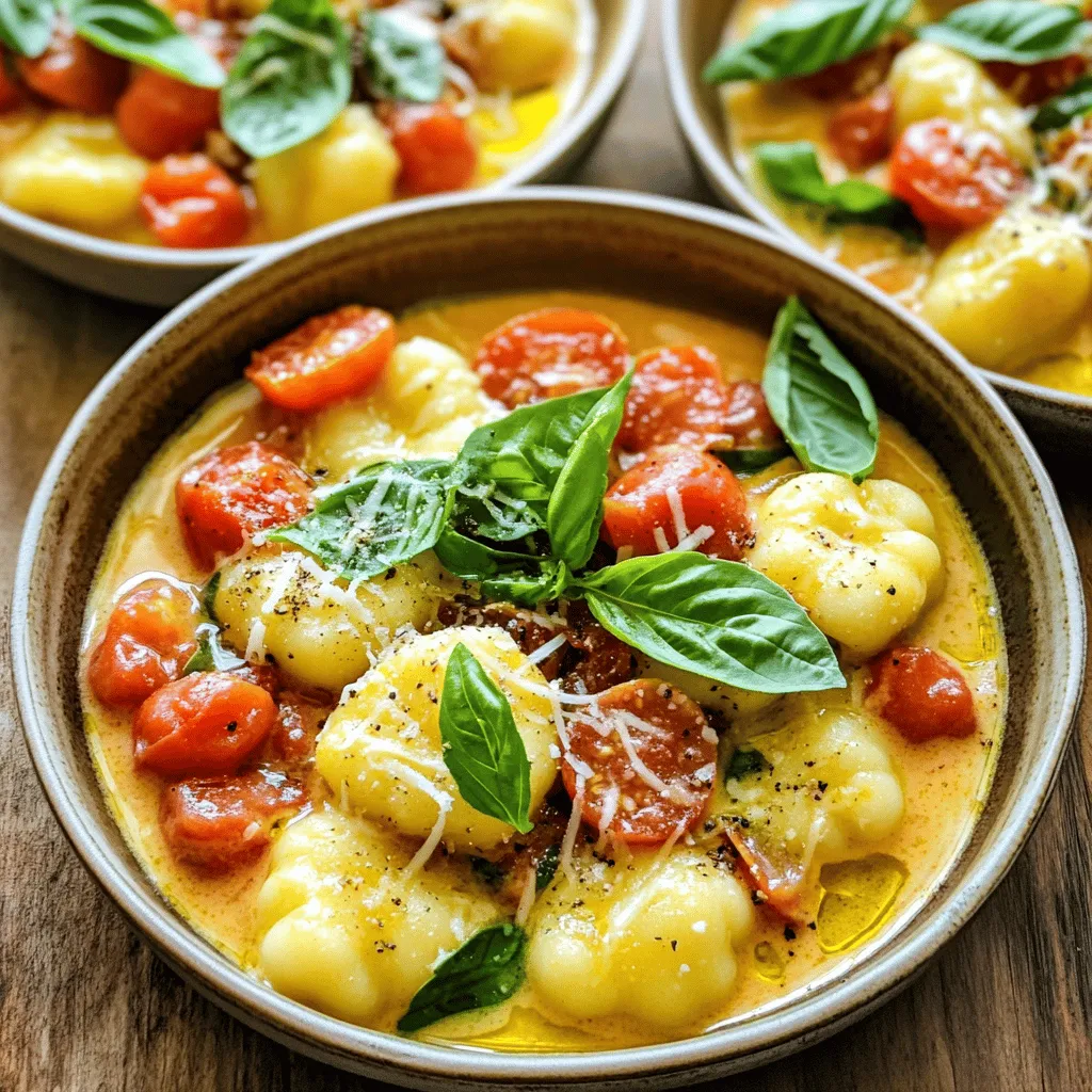 To make One-Pot Creamy Tomato Basil Gnocchi, you will need: - 1 pound gnocchi (store-bought or homemade) - 2 tablespoons extra virgin olive oil - 1 medium onion, finely diced - 4 cloves garlic, minced - 1 can (14 oz) diced tomatoes with juices - 1 cup vegetable broth - 1 cup heavy cream (or coconut cream for a dairy-free alternative) - 1 teaspoon dried Italian herbs (such as basil, oregano, and thyme) - Salt and freshly ground black pepper to taste - 1 cup fresh basil leaves, roughly chopped - ½ cup grated Parmesan cheese (optional for garnishing) You can add a few optional ingredients to boost the taste: - Red pepper flakes for heat - A splash of white wine for depth - Lemon zest for brightness - A sprinkle of fresh mozzarella for creaminess If you need to make swaps, here are some ideas: - Use gluten-free gnocchi for a gluten-free meal. - Swap heavy cream with coconut cream for a dairy-free version. - Replace Parmesan with nutritional yeast for a vegan option. - Use chicken broth instead of vegetable broth for more flavor. These variations help make this dish fit your taste and dietary needs. Start by heating the olive oil in a large pot over medium heat. You want the oil hot but not smoking. Add the finely diced onion first. Sauté it for about 3-4 minutes. Watch for the onion to turn translucent. This shows it’s ready. Next, stir in the minced garlic. Cook for one more minute. You will smell the nice garlic aroma soon. After the aromatics are ready, it’s time to add the main ingredients. Pour in the can of diced tomatoes, including their juices. Next, add the vegetable broth and heavy cream. Stir everything well to mix. This combination will form a rich, creamy base for your dish. Now, raise the heat slightly to bring the mixture to a gentle simmer. This step helps the flavors come together. Add the gnocchi to the pot and cook for about 5-7 minutes. Stir occasionally to keep the gnocchi from sticking. They will puff up and become tender. Next, sprinkle in the dried Italian herbs. Season with salt and freshly ground black pepper. Stir for another 2-3 minutes. This allows the herbs to release their flavors. Finally, remove the pot from heat. Gently fold in the fresh basil and grated Parmesan cheese, if you’re using it. The cheese will melt, making the sauce even creamier. To make your sauce creamy, use heavy cream or coconut cream. Heavy cream adds rich flavor. Coconut cream gives a nice dairy-free option. Heat the cream slowly to prevent curdling. Stir it well when you add it to the pot. This makes the sauce smooth and velvety. Seasoning is key to a great dish. Start with salt and black pepper to taste. Add dried Italian herbs for depth. These herbs can include basil, oregano, and thyme. Fresh basil is a must at the end. It adds a bright flavor that makes this dish special. Taste as you cook. Adjust the seasoning to your liking for a perfect balance. When serving, ladle the gnocchi into bowls. Top with extra fresh basil and Parmesan cheese. This adds color and flavor. Pair this dish with crusty bread for a complete meal. A simple green salad makes a nice side. This dish is perfect for cozy dinners or gatherings. Enjoy the creamy goodness! {{image_4}} If you want a dairy-free version of this dish, use coconut cream. It gives a rich taste and keeps it creamy. You can also skip the Parmesan cheese or use a dairy-free alternative. This way, you keep the flavor while making it safe for those who can’t have dairy. Adding protein makes this meal heartier. You can cook diced chicken or sausage with the onions. Brown the meat until cooked, then follow the recipe as usual. This addition brings more flavor and makes the meal more filling. You can also use plant-based sausage for a vegetarian twist. Want to add more nutrition? Toss in some veggies! Spinach, bell peppers, or zucchini work great. You can add them after sautéing the onion and garlic. Cook them for a few minutes to soften before adding the tomatoes. This way, you boost the dish's color and health benefits without losing its creamy goodness. I recommend storing your One-Pot Creamy Tomato Basil Gnocchi in an airtight container. Let it cool to room temperature first. Then, seal the container and place it in the fridge. This keeps it fresh and tasty for later meals. To reheat, add your gnocchi to a pan over low heat. Stir in a splash of vegetable broth or cream to help restore creaminess. Cook for about 5 minutes, stirring often, until it’s warmed through. You can also use a microwave. Heat in short bursts, stirring in between. In the fridge, this dish lasts for up to 3 days. If you want to keep it longer, freeze it. It will stay good in the freezer for about 3 months. Just make sure to use a freezer-safe container to avoid freezer burn. Yes, you can use fresh gnocchi. Fresh gnocchi cooks fast and tastes great. Just add it to the pot the same way as the store-bought kind. The cooking time might be shorter, so check it often. Fresh gnocchi will give your dish a soft, fluffy texture. To add some heat, try adding red pepper flakes. Start with a pinch and adjust to your taste. You can also add diced fresh chili peppers or a splash of hot sauce. Mix it in while cooking for the best flavor, and enjoy the extra kick! This dish pairs well with crusty bread. A fresh salad works too, adding a nice crunch. You could also serve it with grilled chicken or shrimp for added protein. For a full meal, consider a light dessert, like sorbet, to finish. This post detailed how to make One-Pot Creamy Tomato Basil Gnocchi. We discussed the key ingredients, cooking steps, and tips for texture. You now know possible variations and storage methods. This dish is versatile and easy to prepare. It's a great meal for busy days. Experimenting with flavors and ingredients makes cooking fun. Enjoy creating your own version soon!