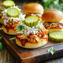 - 2 cups cooked, shredded chicken - 1 cup BBQ sauce - 12 mini hamburger buns - 1 cup dill pickles, sliced into rounds - ½ cup coleslaw mix - ¼ cup mayonnaise - 1 tablespoon apple cider vinegar - 1 teaspoon garlic powder - Salt and pepper to taste - Fresh parsley, finely chopped These ingredients create a tasty BBQ chicken slider. The chicken gives protein. The BBQ sauce adds sweet and smoky flavor. The mini buns hold everything together. Dill pickles add crunch and tang. Coleslaw provides texture and creaminess. - Sliced jalapeños for heat - Shredded cheese for extra creaminess - Different types of BBQ sauce for varied flavors - Avocado slices for healthy fats You can mix it up! Adding jalapeños brings spice. Cheese makes it rich. Different BBQ sauces change the flavor profile. Avocado adds a creamy touch. - Large mixing bowl - Whisk - Baking sheet - Serving platter - Knife for slicing buns - Spoon for serving Having the right tools makes cooking easier. A mixing bowl helps combine ingredients. A whisk mixes the dressing well. A baking sheet is perfect for warming buns. A good knife helps slice buns neatly. First, grab a large mixing bowl. Add 2 cups of cooked, shredded chicken. Pour in 1 cup of your favorite BBQ sauce. Mix well, so every piece of chicken gets coated. This step is key for rich flavor in each bite. Next, take a separate bowl. Combine ¼ cup of mayonnaise and 1 tablespoon of apple cider vinegar. Add 1 teaspoon of garlic powder, plus a sprinkle of salt and pepper. Mix until smooth. Then, add ½ cup of coleslaw mix. Stir it all together. Let it sit for a moment to blend the flavors. Now, it’s time to build your sliders. Start with 12 mini hamburger buns. Spoon the BBQ chicken mixture onto the bottom half of each bun. Make sure it’s a nice, heaping portion. Add a few slices of dill pickles on top for crunch. Finally, add a spoonful of coleslaw on top of the pickles. Place the top half of the buns on each slider. For a warm finish, preheat your oven to 350°F (175°C). Arrange the assembled sliders on a baking sheet. Bake for 5-7 minutes. This step makes the buns crispy and warm. Be careful when taking them out; they are hot! To get the best shredded chicken, use cooked chicken breasts or thighs. Cook them in water or broth for more flavor. After cooking, let them cool slightly. Use two forks to shred the meat. This method gives you nice, even shreds that mix well with BBQ sauce. Choosing the right BBQ sauce is key. A sweet sauce pairs well with chicken. Look for options that have a balance of tang and sweetness. If you want to try something new, mix a smoky sauce with a bit of honey. Homemade BBQ sauce lets you control the flavor. Serve these sliders on a wooden board for a rustic look. Add extra dill pickles on the side for crunch. A small bowl of coleslaw complements the sliders and adds freshness. Pair with chips or a light salad for a complete meal. Enjoy them at parties or family gatherings! {{image_4}} If you want to change things up, consider using pulled pork or tofu. Pulled pork adds a rich, smoky flavor. Cook it low and slow for the best taste. For a plant-based option, use tofu. Press and marinate it before grilling. This gives the tofu a nice texture and flavor. Both options pair well with BBQ sauce and pickles. Finding gluten-free buns is easy today. Many stores sell gluten-free mini buns. You can also make your own using almond flour or coconut flour. This allows everyone to enjoy the sliders without worry. Just ensure your BBQ sauce is gluten-free too. Always check the label for hidden gluten. Looking for a lighter coleslaw? Try using Greek yogurt instead of mayonnaise. It adds creaminess while cutting calories. You can also include chopped apples or carrots for extra crunch and sweetness. Adding some lemon juice can brighten the flavors, making your coleslaw fresh and zesty. This way, you keep all the fun flavors but make it a bit healthier. To keep your BBQ chicken sliders fresh, store them in an airtight container. Place them in the fridge. They will last for up to three days. If you want to keep them longer, consider freezing them. To freeze sliders, wrap each one tightly in plastic wrap. Then, place them in a freezer bag or container. This method protects them from freezer burn. They will stay good for up to three months. When you're ready to eat, just thaw them in the fridge overnight. To reheat your sliders, preheat the oven to 350°F (175°C). Place the sliders on a baking sheet. Heat them for about 10 minutes. This method keeps the buns soft and the chicken warm. You can also use a microwave, but be careful; it may make the buns soggy. Enjoy your sliders warm and tasty! Yes, you can make BBQ chicken sliders ahead of time. Prepare the chicken and coleslaw a day before. Store them in the fridge. When you're ready, just assemble the sliders. They taste great even after a day in the fridge! If you don’t have coleslaw mix, try shredded carrots or chopped cabbage. You can also use chopped lettuce. These options give a nice crunch. Mix them with a bit of mayonnaise and vinegar for flavor. To add spice, mix in some hot sauce or cayenne pepper. You can also use spicy BBQ sauce. For an extra kick, add sliced jalapeños on top of the chicken. These additions will give your sliders a fiery twist! Yes, you can use shredded jackfruit or chickpeas as a meat substitute. Both options soak up BBQ sauce well. For a hearty texture, try lentils. Top with the same coleslaw and pickles for a delicious veggie slider! In this blog post, we covered how to make tasty BBQ chicken sliders. You learned about the key ingredients and tools, and I shared step-by-step instructions for prep and assembly. We explored tips for great flavor and possible variations using other proteins or healthier options. Lastly, I explained the best ways to store and reheat sliders. With these insights, you can create your own delicious sliders and enjoy them any way you like! Now, it's time to gather your ingredients and start cooking!