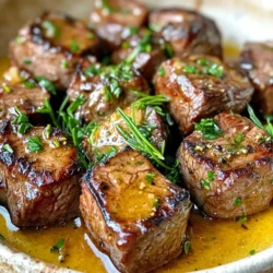 - 1 pound sirloin steak, cut into bite-sized cubes - 4 tablespoons unsalted butter - 4 cloves garlic, finely minced - 1 tablespoon fresh rosemary, finely chopped - 1 tablespoon fresh thyme, finely chopped - Salt and pepper to taste - 1 tablespoon soy sauce for depth of flavor - Fresh parsley for garnish The main ingredients for this dish are simple yet full of flavor. Sirloin steak is tender and juicy, making it perfect for quick cooking. I love using unsalted butter because it allows me to control the saltiness. Garlic adds a wonderful aroma and taste that makes every bite special. The herbs bring freshness. Rosemary and thyme add depth to the garlic butter sauce. Seasoning with salt and pepper is crucial, so don't skip it. For extra flavor, consider soy sauce. It adds a nice umami kick. Fresh parsley is a great garnish. It brightens the dish and adds color. These ingredients come together to create a delightful platter of steak bites. They are easy to prepare and taste amazing. Start by patting the steak cubes dry with paper towels. This helps create a nice sear. Next, season the cubes with salt and pepper. If you want more flavor, drizzle soy sauce over the steak and toss to coat evenly. Heat a large skillet over medium-high heat. Add 2 tablespoons of butter and let it melt until it foams. Carefully add the steak cubes in a single layer. Make sure not to overcrowd the pan. Sear the steak for about 2-3 minutes on each side. You want them browned and cooked to your liking. For medium-rare, aim for 130°F to 135°F. Once done, remove the steak from the skillet and set it aside. Without cleaning the skillet, lower the heat to medium and add the remaining 2 tablespoons of butter. Let it melt, then stir in the minced garlic, chopped rosemary, and thyme. Cook for 1-2 minutes, stirring often. Watch the garlic closely to prevent burning. Return the cooked steak bites to the skillet and toss them in the garlic butter sauce. Cook for another minute to heat through and absorb the flavors. When ready, remove from heat. If you like, sprinkle with fresh parsley for a bright finish. Serve these tasty bites in a bowl or on a platter, drizzled with the garlic butter. Enjoy! To get a great sear on your steak bites, keep them dry. Pat them with paper towels before cooking. Moisture can stop the browning process. Next, don’t overcrowd the skillet. If you add too many pieces at once, the heat drops. This leads to steaming instead of searing. Cook in batches if needed to ensure each bite gets that nice crust. You can add more flavor to your steak bites. Try spices like smoked paprika or chili powder. For extra depth, add soy sauce before cooking. This gives a nice umami kick. If you follow a special diet, you can swap the butter for olive oil. This change keeps the dish tasty and suitable for everyone. How you serve your steak bites can make a big difference. Serve them in a shallow bowl, drizzled with garlic butter. You can also place them on a nice platter. For fun, add toothpicks for easy eating. Consider pairing them with sides like mashed potatoes or a fresh salad. These sides balance the rich flavors and make a full meal. {{image_4}} You can use many cuts of steak for this dish. Sirloin is great, but try ribeye for more fat and flavor. Tenderloin gives a leaner bite, while flank steak adds a different texture. Each cut needs slight cooking time changes. Ribeye may take a little longer to cook. Flank steak cooks quickly; watch it closely to avoid overcooking. Changing herbs or spices can make this dish unique. Add a pinch of smoked paprika for a hint of heat. For a fresh twist, use basil or oregano instead of rosemary and thyme. You can also try sauces like barbecue or teriyaki. Each sauce adds its own character and taste, making it fun to experiment! You don’t have to stick to pan-searing. Grilling steak bites gives a smoky flavor. Make sure your grill is hot before adding the meat. You can also use a slow cooker for tender bites. Just cook on low for a few hours with the garlic butter. If you prefer the oven, roast the steak bites in a hot oven for quick cooking. Each method brings out different flavors and textures. To store leftover steak bites, let them cool down first. Place them in a container that seals well. Glass or plastic containers work best. Make sure to keep them in the fridge. They stay fresh for up to three days. For reheating, the best method is to use a skillet. Heat it over medium heat. Add a little butter or oil to prevent sticking. Place the steak bites in the skillet. Heat them for about 3-4 minutes, just until warm. Make sure to stir occasionally. You can also use the microwave. Heat on low for 1-2 minutes. Check often to keep them from drying out. Yes, you can freeze garlic butter steak bites! To freeze, let them cool fully. Place the bites in a freezer-safe bag. Remove as much air as possible. This helps them last longer. They can be frozen for up to three months. When ready to eat, thaw in the fridge overnight before reheating. This helps keep the taste and texture. To make steak bites tender, choose the right cut of meat. Sirloin is great, but tender cuts like ribeye work well too. Look for marbling, which is fat within the meat. This fat melts during cooking, making the steak juicier and softer. Use simple cooking techniques to ensure tenderness. Start by patting the steak cubes dry. This helps them sear well. Avoid overcrowding the skillet. Cook in batches if needed. Sear each side for just 2-3 minutes for a perfect texture. Yes, you can use frozen steak. However, it’s crucial to thaw it properly. Place the steak in the fridge overnight for safe thawing. If you’re in a hurry, you can use the cold water method. Seal the steak in a bag and submerge it in cold water. Change the water every 30 minutes until thawed. Once thawed, prepare the steak as you would fresh meat. Pat it dry and season it well. Then, cook it as directed in the recipe for the best flavor and texture. Many sides go great with garlic butter steak bites. Here are a few ideas: - Roasted vegetables like carrots or broccoli. - Creamy mashed potatoes or garlic mashed potatoes. - A fresh garden salad with a light vinaigrette. - Crispy fries or sweet potato fries. For drinks, consider serving red wine or a cold beer. Both pair well with the rich flavors of the steak. You can also enjoy a refreshing iced tea or lemonade for a non-alcoholic option. You now have a complete guide to making garlic butter steak bites. We covered main ingredients, easy steps, and tips for great flavor. Remember to choose quality steak for the best taste. You can customize your dish with different herbs and sides. Try out the variations for fun new twists. With this knowledge, you will impress your friends and family. Enjoy your cooking adventure and savor every bite!