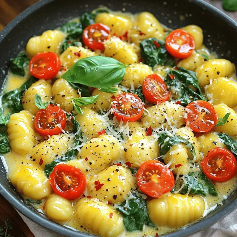- 1 pound gnocchi (store-bought or homemade) - 4 tablespoons unsalted butter - 5 cloves garlic, minced - 1 cup cherry tomatoes, halved - 1 cup fresh spinach leaves - 1 teaspoon dried oregano - 1/4 teaspoon red pepper flakes (optional, to taste) - Salt and freshly ground black pepper to taste - Fresh basil leaves, for garnish - Grated Parmesan cheese, for serving In this recipe, we start with the main ingredients. Gnocchi is the star, and you can use store-bought or make it at home. I love the texture of fresh gnocchi, but store-bought works well for a quick meal. Next, we need unsalted butter. This gives the dish its rich flavor. Garlic is the third main ingredient. Minced garlic adds a lovely aroma and taste. For the additional ingredients, cherry tomatoes give a pop of sweetness. When you cook them, they soften and add juice to the dish. Fresh spinach leaves add color and nutrients. Dried oregano brings in a warm, earthy flavor that ties everything together. For seasoning and garnishes, red pepper flakes are optional. They add heat if you like a kick. Don’t forget salt and freshly ground black pepper to enhance the flavors. Fresh basil leaves are perfect for garnish and add a fresh taste. Finally, grated Parmesan cheese brings creaminess and a savory finish. This simple list of ingredients makes the garlic butter gnocchi skillet a delightful and easy meal. First, bring a large pot of salted water to a boil. Once it's boiling, gently add the gnocchi. You can use store-bought or homemade gnocchi. Cook them for about 2-3 minutes, or until they float to the top. This means they are ready. After that, carefully drain the gnocchi and set them aside. Next, take a large skillet and melt the butter over medium heat. Make sure the butter is fully melted and bubbling. Now, add the minced garlic. Cook it for 1-2 minutes. Stir often to keep the garlic moving. You want it to be fragrant and golden, but not burnt. Now it’s time to add some color! Toss in the halved cherry tomatoes. Let them cook for about 3-4 minutes. This helps them soften and release their juices. After that, mix in the fresh spinach. Stir until the spinach wilts and turns a bright green. Gently fold the cooked gnocchi into the skillet. Add the sautéed garlic, tomatoes, and spinach. Sprinkle in the dried oregano and red pepper flakes if you like a little heat. Season with salt and freshly ground black pepper. Toss it all together for about 2-3 minutes. This allows the gnocchi to soak up that tasty garlic butter. Finally, remove the skillet from the heat. Transfer the gnocchi mix to serving plates. To make it look great, garnish each plate with fresh basil leaves. Then, top it off with grated Parmesan cheese. This adds a rich flavor and nice texture to your dish. Enjoy your beautiful and delicious garlic butter gnocchi! To cook gnocchi just right, pay close attention to timing. Boil them in salted water. Once they float, they are done. This usually takes 2-3 minutes. Remove them quickly to avoid overcooking. If you use frozen gnocchi, follow the package instructions for the best results. Homemade gnocchi can be softer and may need less time. Taste is key when making this dish. You can adjust the seasoning to fit your style. Try adding more salt, pepper, or red pepper flakes for heat. If you want to boost the health factor, add extra veggies. Zucchini, bell peppers, or mushrooms mix well with the other ingredients. For a great meal, pair the gnocchi with a simple side salad. A crusty bread is perfect for soaking up the sauce. When it comes to plating, think about color. Add fresh basil leaves on top for a pop of green. You can also sprinkle extra Parmesan cheese for a rich finish. This makes the dish look as good as it tastes! {{image_4}} You can easily change this dish by swapping ingredients. Try different cheeses for a twist. A creamy goat cheese or a sharp feta can enhance flavor. You can also mix in other vegetables. For example, zucchini or bell peppers work great. They add color and nutrients. If you want to make it vegan, use plant-based butter. Replace Parmesan with a vegan cheese. To make it gluten-free, choose gluten-free gnocchi. You can find these in many stores. Adjust spice levels too. If you like it mild, skip the red pepper flakes. If you want heat, add more! This dish is perfect for meal prep. Store leftovers in airtight containers. They stay fresh in the fridge for up to three days. To reheat, simply warm in a skillet. Adding a splash of water helps keep it moist. If you want more, make a larger batch. Just double the ingredients. Enjoy it for lunch or dinner later in the week! To keep your garlic butter gnocchi fresh, use airtight containers. Glass or plastic containers work great. Make sure to cool the dish before sealing. In the refrigerator, it lasts up to three days. If you want to enjoy it later, consider freezing. To freeze the gnocchi skillet dish, let it cool completely. Then, transfer it to freezer-safe bags or containers. Squeeze out as much air as possible. This helps prevent freezer burn. When you are ready to eat, thaw the dish overnight in the fridge. Reheat it in a skillet over low heat, stirring often. Always check for signs of spoilage. If the gnocchi has a strange smell or looks off, throw it away. Follow best practices for food safety: wash your hands, use clean utensils, and store food properly. This keeps your meals safe and tasty. To cook gnocchi from scratch, you need few simple ingredients. Start with 2 cups of mashed potatoes, 1 egg, and about 1.5 cups of all-purpose flour. Mix the potatoes and egg together. Gradually add flour until the dough forms. Roll pieces of dough into long strips, then cut them into small pieces. Use a fork to create ridges. Boil salted water and drop the gnocchi in. They are done when they float. Yes, you can use dried gnocchi. Dried gnocchi cooks differently than fresh. Follow the package instructions for cooking times, usually around 3-5 minutes in boiling water. They may need a bit more time to soften. Make sure to check them often. The texture will be firmer compared to fresh gnocchi. If you want to replace butter, olive oil is a great choice. You can also use vegan butter for a dairy-free option. Coconut oil works too, though it adds a slight coconut flavor. For a lighter taste, try using vegetable broth. Each option will change the flavor slightly, so choose what you like best. The garlic butter gnocchi skillet will last about 3 days in the fridge. Store it in an airtight container to keep it fresh. When you're ready to eat, gently reheat it on the stove or in the microwave. Just add a little water or broth to keep it moist while heating. This blog post covered creating a tasty garlic butter gnocchi dish. We explored key ingredients and step-by-step instructions, making cooking easy. You learned valuable tips for perfecting your gnocchi and adding flavor. We also discussed variations and helpful storage tips. Remember, cooking can be fun and creative. You can adjust recipes to fit your taste and dietary needs. Enjoy making this dish and share it with friends!