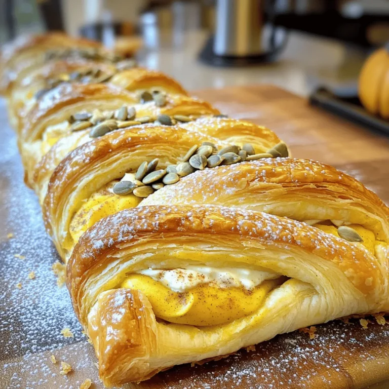 - 1 sheet of puff pastry, thawed - 8 oz cream cheese, softened - 1/2 cup pumpkin puree - 1/4 cup granulated sugar - 1 teaspoon vanilla extract - 1 teaspoon pumpkin pie spice - 1 egg (for egg wash) - 2 tablespoons pumpkin seeds (for topping) - Powdered sugar (for dusting) You might want to switch out some ingredients. For cream cheese, use Greek yogurt or silken tofu for a lighter option. If you need pumpkin puree, try homemade puree by cooking fresh pumpkin. For sugar, you can use honey or maple syrup to add a different flavor. Each swap offers a new twist! - Preheat your oven to 400°F (200°C). - Line a baking sheet with parchment paper. - On a floured surface, roll out the puff pastry. Aim for a rectangle about 12x16 inches. - In a bowl, mix 8 oz of softened cream cheese with 1/2 cup pumpkin puree. - Add 1/4 cup of granulated sugar, 1 teaspoon vanilla extract, and 1 teaspoon pumpkin pie spice. - Blend until smooth and creamy. - Spread the filling down the center of the puff pastry. Leave 2 inches on both sides. - Use a sharp knife to make diagonal cuts about 1 inch apart on each side of the pastry. - Start the cuts at the edge of the filling. - Fold each pastry strip over the filling, alternating sides. This makes a crisscross braid. - Pinch the ends to seal the braid. - In a small bowl, whisk 1 egg for the egg wash. - Brush the egg wash over the top of the braid. - Sprinkle 2 tablespoons of pumpkin seeds on top for crunch. - Bake in the preheated oven for 20-25 minutes. Look for a golden brown color. - Let cool for a few minutes, then dust with powdered sugar before slicing. Enjoy! When working with puff pastry, thaw it correctly. Leave it in the fridge overnight. If you need it fast, let it sit on the counter for about 30 minutes. This keeps the layers intact. To roll out the pastry, use a lightly floured surface. Roll it into a rectangle, about 12x16 inches. Work gently to avoid tearing. Thin pastry puffs up better, so keep it even. To boost the flavor, add extra spices. A pinch of nutmeg or cinnamon can enhance the taste. Try mixing them into the cream cheese filling for a warm kick. For the filling, mix pumpkin puree with cream cheese, sugar, and spices. This blend creates a rich, smooth texture. Don’t rush this step; ensure it’s well combined for the best flavor. Pair your Danish braid with warm drinks. A cup of chai or spiced coffee complements the pumpkin spice well. For presentation, serve the braid warm. Add a dollop of whipped cream or a scoop of vanilla ice cream on the side. A light dusting of powdered sugar adds a beautiful touch, making it look even more tempting. {{image_4}} You can switch things up with this danish braid. Try a chocolate pumpkin cream cheese braid. Just mix cocoa powder into the cream cheese filling. The chocolate adds a rich flavor that pairs well with pumpkin. Another tasty option is the apple cinnamon variation. Simply add diced apples and cinnamon to the cream cheese mix. This gives a warm, cozy taste perfect for fall. If you need gluten-free options, use gluten-free puff pastry. Many stores sell it in the freezer section. Just follow the same steps with your gluten-free dough. For vegan alternatives, swap cream cheese with a plant-based cream cheese. You can also use maple syrup instead of sugar for a sweeter touch. This way, everyone can enjoy a slice of this delicious treat! - Refrigeration guidelines: Once your Pumpkin Spice Cream Cheese Danish Braid cools, wrap it in plastic wrap or foil. Store it in the fridge for up to three days. This keeps it fresh and tasty. - Freezing tips: If you want to keep it longer, freeze the braid. Wrap it tightly in plastic wrap and then in foil. It can last up to two months in the freezer. Thaw it in the fridge before reheating. - Best methods for reheating: To reheat, use the oven for the best results. Preheat it to 350°F (175°C). Place the braid on a baking sheet and cover it loosely with foil. Heat for about 10-15 minutes. This keeps the pastry crisp. You can also use a microwave, but it may make the pastry soft. Heat it in short bursts of 15 seconds until warm. Enjoy your delicious treat! - How long can I store Pumpkin Spice Cream Cheese Danish Braid? You can store the braid in the fridge for up to three days. Just wrap it in plastic wrap or foil. This keeps it fresh. If you want it to last longer, you can freeze it for up to a month. Just make sure to wrap it well. - Can I make the filling ahead of time? Yes, you can make the filling a day in advance. Just mix the cream cheese, pumpkin puree, sugar, vanilla, and spice. Store it in an airtight container in the fridge. This saves time when you are ready to bake. - How can I prevent my pastry from getting soggy? To keep your pastry crisp, avoid overfilling it. Use the right amount of filling. Also, bake it right after you assemble it. If you have leftovers, store them uncovered for a few hours before wrapping them. This helps keep the pastry crunchy. This blog post covered how to make a Pumpkin Spice Cream Cheese Danish Braid. You learned the required ingredients, step-by-step instructions, handy tips, and tasty variations. I shared how to get the best puff pastry and flavor it well. Plus, there are helpful storage and reheating tips. Now, you’re ready to impress at any gathering with this delicious pastry. Enjoy your baking adventure!