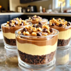 - 1 cup chocolate cookie crumbs - 4 tablespoons unsalted butter, melted - 8 oz cream cheese, softened - ½ cup creamy peanut butter - ½ cup powdered sugar - 1 teaspoon pure vanilla extract - 1 cup whipped cream - ¼ cup chocolate chips (for garnish) - ¼ cup crushed peanuts (for garnish) The ingredients for these no-bake chocolate peanut butter cheesecake cups are simple yet delightful. You start with chocolate cookie crumbs, giving a rich and tasty base. The melted butter binds these crumbs together, creating a firm crust. Next, you need cream cheese and creamy peanut butter. These two ingredients make the filling rich and creamy. The powdered sugar adds sweetness, while vanilla extract enhances the flavor. Don't forget the whipped cream! It adds lightness and fluffiness to the cheesecake mixture. For the finishing touch, chocolate chips and crushed peanuts serve as garnishes. They not only add a crunch but also look great on top. This combination of flavors and textures makes the dessert special. Each ingredient plays a role, making these cups a treat for the eyes and the taste buds. - In a medium bowl, mix 1 cup of chocolate cookie crumbs with 4 tablespoons of melted butter. - Stir until the crumbs look like wet sand. - Divide this crumb mix into 6 to 8 serving cups. - Press the crumb mixture down firmly in each cup. - In a large bowl, beat 8 oz of softened cream cheese with ½ cup of creamy peanut butter. - Mix until smooth with no lumps. - Gradually add ½ cup of powdered sugar and 1 teaspoon of pure vanilla extract. - Keep mixing until the filling is creamy and blended well. - Gently fold in 1 cup of whipped cream into the cheesecake mix. - Use a spatula to mix lightly, so it stays fluffy. - Spoon the cheesecake mixture into the cups over the crust. - Fill each cup generously, right to the top. - Place the cups in the fridge to chill for at least 2 hours. - Ensure cream cheese is softened. Soft cream cheese mixes smoothly. If it's cold, your filling will be lumpy. Leave it out for about 30 minutes before mixing. - Avoid overmixing the whipped cream. When you fold it in, be gentle. Overmixing can make your cheesecake dense instead of light and fluffy. - Drizzle melted chocolate on top. A simple chocolate drizzle adds elegance. Use a spoon to create a beautiful pattern. - Serve on a decorative platter. This makes your dessert look special. Use a colorful plate or a fun design to impress your guests. {{image_4}} If you want a twist, try using almond or cashew butter instead of peanut butter. These nut butters add a unique flavor. Almond butter brings a buttery taste. Cashew butter is creamier and sweeter. Both options keep the cheesecake light and tasty. You can change the crust for new flavors. Consider using graham cracker crumbs for a classic taste. Oatmeal cookie crumbs offer a chewy texture that pairs well with the creamy filling. Each crust adds a different crunch and flavor to your cups. Want to amp up your dessert? Incorporate chocolate syrup for extra sweetness. A drizzle on top or in the filling makes it richer. You can also add vanilla bean for a warm, aromatic twist. These simple additions transform the flavors and make them pop. You can store the no-bake chocolate peanut butter cheesecake cups in the fridge. Keep them covered. They stay fresh for up to three days. This makes them perfect for meal prep or make-ahead desserts. Just grab one when you want a sweet treat! If you want to freeze the cheesecake cups, that’s easy too! First, cover each cup tightly with plastic wrap. Then, place them in a freezer-safe container. They can last up to three months in the freezer. When you want to enjoy them, simply thaw them in the fridge overnight. This way, you have a delicious dessert ready when you need it! Yes, you can use low-fat cream cheese. It makes the cheesecake lighter. However, it may change the texture. The filling may be less creamy and a bit firmer. The flavor might also be less rich. If you prefer a lighter dessert, low-fat cream cheese works fine! To make this recipe gluten-free, choose gluten-free chocolate cookies. Many brands offer gluten-free options. You can also use gluten-free graham crackers. Just check the label to ensure they are safe for your diet. This way, everyone can enjoy the treat! Great toppings add fun and texture! Try chocolate chips for sweetness. Crushed peanuts give a nice crunch. You can also use whipped cream on top for extra creaminess. For a twist, drizzle some caramel or melted chocolate. These toppings make your cheesecake cups even more special! This blog post shared a simple and delicious cheesecake cup recipe. You learned about the ingredients, preparation steps, and tips for perfect results. Remember to experiment with different nut butters and crusts to find your perfect flavor. When you store these treats, they stay fresh in the fridge for up to three days. Whether for a party or a quiet night at home, these cheesecake cups are sure to impress. Now, roll up your sleeves and enjoy making this easy dessert!