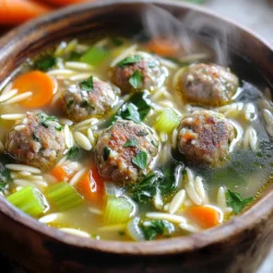 - 1 pound ground turkey or chicken - 1/2 cup breadcrumbs (preferably Italian-style) - 1/4 cup freshly grated Parmesan cheese - 1 large egg, beaten - 4 cups fresh spinach, roughly chopped - 2 medium carrots, peeled and diced - 2 celery stalks, diced - 1 medium onion, finely chopped For this soup, I love using ground turkey or chicken. They keep the meatballs light and tasty. The breadcrumbs and Parmesan cheese help bind the meatballs together while adding great flavor. I also like to include lots of fresh vegetables like carrots, celery, and onion. They bring sweetness and crunch to the soup. Don't forget the spinach! It adds color and nutrients. - 2 teaspoons garlic powder - 1 teaspoon Italian seasoning blend - Salt and freshly cracked black pepper, to taste - 8 cups low-sodium chicken broth - 1 cup orzo pasta For seasoning, garlic powder and Italian seasoning blend work wonders. They give the soup a nice depth of flavor. I always add salt and pepper to taste, as they can change the dish. Low-sodium chicken broth keeps it light yet flavorful. The orzo pasta makes the soup hearty and filling. - Fresh parsley, chopped, for garnish - Extra Parmesan cheese, for serving Garnishing with fresh parsley brightens the dish. It adds a lovely pop of green. A sprinkle of extra Parmesan cheese enhances the rich flavor. These simple touches make each bowl feel special. To start, mix the meatball ingredients in a large bowl. You need 1 pound of ground turkey or chicken. Add 1/2 cup of breadcrumbs, 1/4 cup of grated Parmesan cheese, and 1 large beaten egg. Don’t forget 2 teaspoons of garlic powder and 1 teaspoon of Italian seasoning. Season with salt and pepper to taste. Once mixed, shape the mixture into small meatballs. Aim for about 1 inch in diameter. This size cooks evenly and fits well in the soup. Now, arrange the meatballs evenly at the bottom of the slow cooker. Pour in 8 cups of low-sodium chicken broth. Next, add 2 diced carrots, 2 diced celery stalks, and 1 finely chopped onion. Stir gently to mix everything without breaking the meatballs. Cover the slow cooker with the lid. You can set it to cook on low for 6 hours or on high for 3 hours. About 30 minutes before you serve, add 1 cup of orzo pasta and 4 cups of roughly chopped fresh spinach. Stir well and taste the soup. You can adjust the seasoning with more salt and pepper if needed. Once the orzo is tender and the spinach has wilted, ladle the hot soup into bowls. Enjoy every comforting bite! To ensure moist meatballs, use ground turkey or chicken. Adding breadcrumbs and Parmesan helps too. These keep the meatballs tender. Always mix but do not overwork the meat. This keeps them light and fluffy. If you want alternative protein options, try ground beef or pork. You can also use plant-based meat for a vegetarian version. Just follow the same mixing and cooking steps. Seasoning your soup is key for great taste. Start with salt and pepper, but taste as you go. If it needs more zing, add extra garlic powder or Italian seasoning. A splash of lemon juice can brighten the flavor too. To enhance broth flavor, consider using homemade broth. If you use store-bought, choose low-sodium options. This gives you more control over the salt level. You can also add a bay leaf during cooking for added depth. Slow cookers and stovetops each have their perks. Slow cookers let flavors meld over hours. Stovetop cooking gives you more control over timing. If you prefer a quicker method, stovetop is best. To prevent overcooking or soggy pasta, add orzo only 30 minutes before serving. Stir gently, and keep an eye on it. If using a stovetop, cook pasta separately and add it just before serving. This keeps it firm and perfect. {{image_4}} You can change the meat in your soup. Use beef or pork if you want a richer taste. Just remember to adjust the seasoning. If you prefer a vegetarian option, try using plant-based meatballs. They add great flavor and keep the dish light. Seasonal veggies can bring new life to your soup. Think about adding zucchini or green beans when they are fresh. Leafy greens like kale or Swiss chard work well, too. Fresh herbs like thyme or basil can add a nice touch. They brighten the taste and give more depth. Using homemade broth gives your soup a rich flavor. Store-bought broth is still a great option if you're short on time. For pasta, orzo is classic, but you can switch it up. Try small shells or ditalini for a fun twist. Adjust the cooking time based on the pasta you choose. To store leftovers, let the soup cool down first. Then, place it in an airtight container. Seal it tightly to keep air out. You can store the soup in the fridge for up to three days. When you reheat the soup, do it slowly. Pour the soup into a pot over low heat. Stir it often to warm it evenly. You can also use the microwave. Heat it in short bursts, stirring in between. If you want to save the soup for longer, freezing is a great option. First, let the soup cool completely. Next, pour it into freezer-safe containers. Leave some space at the top for expansion. You can freeze the soup for up to three months. To thaw the soup, move it to the fridge overnight. For a quick thaw, run the container under cool water. Reheat it on the stove as you would with refrigerated soup. In the fridge, the soup stays fresh for about three days. If you freeze it, it lasts about three months. Always check for signs of spoilage before eating. If it smells bad or looks strange, throw it out. To make this soup vegetarian, you can swap the ground turkey or chicken for a plant-based meat substitute like lentils or chickpeas. You can use vegetable broth instead of chicken broth. For added flavor, include extra herbs like basil or oregano. This way, you still enjoy the rich taste without meat. Yes, frozen vegetables work great in this soup! They save time and add convenience. Choose a mix that includes carrots, peas, and green beans. Just toss them in during the cooking phase. They will cook nicely in the broth and keep their flavor. This soup pairs well with a few simple sides. Try serving crusty bread for dipping. A fresh salad with mixed greens adds a light touch. You can also serve garlic bread for a tasty treat. Each side enhances the cozy feel of the meal. In this blog post, we explored the key ingredients for Slow Cooker Italian Wedding Soup, like ground turkey, vegetables, and spices. I shared step-by-step instructions for making meatballs and assembling the soup. We also discussed tips to perfect the dish, variations for proteins and vegetables, and how to store leftovers. Slow Cooker Italian Wedding Soup is delicious and easy to customize. Enjoy your warm bowl of comfort anytime!