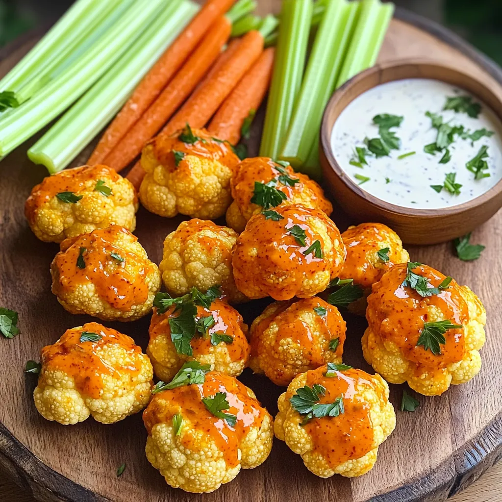 - Cauliflower florets - All-purpose flour or gluten-free flour - Plant-based milk options - Seasoning ingredients: - 1 teaspoon garlic powder - 1 teaspoon onion powder - 1 teaspoon smoked paprika - ½ teaspoon salt - ½ teaspoon black pepper - Buffalo sauce - 2 tablespoons olive oil - Fresh parsley (for garnish) - Additional spices for flavor variation - Alternative sauces: - BBQ sauce - Teriyaki sauce - Dipping sauces for serving: - Ranch - Blue cheese Using fresh cauliflower florets makes a big difference. They give a great crunch. You can use either all-purpose flour or gluten-free flour, depending on your needs. The plant-based milk helps create a smooth batter. The seasoning mix adds depth to the flavor. Garlic powder and onion powder bring nice warmth. Smoked paprika adds a hint of smokiness, while salt and pepper balance everything out. Buffalo sauce gives these bites their signature kick. You can adjust the spice level to suit your taste. Olive oil helps the bites crisp up nicely in the air fryer. Don't skip the fresh parsley; it adds a pop of color and freshness. For a twist, think about using different spices or sauces. BBQ sauce would give a sweet twist, while teriyaki sauce adds a savory note. Pair these bites with ranch or blue cheese for dipping. It takes the flavor to another level. Enjoy experimenting with these ingredients to suit your taste! - Preheat air fryer to 400°F (200°C). - In a bowl, mix flour and plant-based milk. - Add garlic powder, onion powder, smoked paprika, salt, and pepper to the batter. - Whisk until smooth with no lumps. - Dip each cauliflower floret in the batter, coating it fully. - Let excess batter drip back into the bowl to avoid heaviness. - Place the battered florets in the air fryer basket in a single layer. - Make sure there is space between pieces for even cooking. - Lightly spray cauliflower with olive oil for extra crispiness. - Air fry for 10-12 minutes at 400°F (200°C). - Shake the basket halfway through cooking for an even crisp. - Cook until golden brown and crispy, as you prefer. - Transfer cooked cauliflower to a bowl. - Pour buffalo sauce over the florets and toss gently. - Return to air fryer for 2-3 minutes to let sauce stick. - Finally, sprinkle with chopped parsley for color before serving. To get that perfect crunch, avoid overcrowding the basket. If the florets are too close, they won't cook evenly. Instead, arrange them in a single layer. This gives each piece room to crisp up nicely. Using olive oil spray is key for a crispy finish. A light mist helps the batter turn golden brown. It also adds flavor without making them greasy. Don't skip this step! Shaking the basket during cooking is also important. This ensures that all sides of the cauliflower get nice and crispy. I recommend shaking it halfway through the cooking time. If you need a gluten-free option, you can use gluten-free flour. Many brands offer great alternatives that work just as well. For a dairy-free diet, choose plant-based milk like almond or soy. These options are tasty and keep the batter smooth. If you like spice, you can adjust the buffalo sauce level. Add more for heat or use a milder sauce for a gentler kick. To make your dish eye-catching, serve the cauliflower bites on a large platter. Add crunchy carrot and celery sticks for a fresh touch. For dipping, I suggest ranch or blue cheese dressing. These sauces complement the spicy flavor and enhance the whole meal. Enjoy your colorful spread! {{image_4}} You can make your buffalo cauliflower bites even more fun with new flavors. Here are some ideas: - Spicy buffalo cauliflower bites: Start with the classic recipe but add more buffalo sauce. You can mix in a few crushed red pepper flakes for an extra kick. If you love heat, this version will excite your taste buds. - Asian-inspired cauliflower bites with sesame sauce: Swap the buffalo sauce for a tasty sesame sauce. Mix soy sauce, sesame oil, and a little honey or maple syrup for sweetness. Coat the cauliflower bites in this sauce for a delightful twist. - BBQ cauliflower bites with homemade BBQ sauce: Use BBQ sauce instead of buffalo sauce. You can make your own sauce with ketchup, vinegar, and spices. This version is sweet and smoky, perfect for those who prefer milder flavors. You can easily adapt this recipe to fit different diets. Here are some options: - Vegan and gluten-free versions: Use gluten-free flour and plant-based milk for a vegan dish. This way, everyone can enjoy the bites without worry. - Low-carb options using almond flour: If you want a low-carb dish, switch to almond flour. It gives a nice nutty flavor and a crunchy texture. Just mix it with your other seasonings for a tasty batter. You can change the taste of your bites with the seasons. Here are some ideas: - Addition of seasonal herbs and spices: Try adding fresh herbs like thyme or rosemary. These add a nice touch of flavor. You can also use spices that match the season, like cinnamon in the fall. - Seasonal sauces to match different times of the year: Change up the sauce based on the season. In summer, use a fresh lemon garlic sauce. In winter, try a rich, creamy sauce to warm you up. This keeps your bites exciting all year round. To keep your buffalo cauliflower bites fresh, use airtight containers. I recommend glass or high-quality plastic containers. Store them in the fridge for up to three days. Make sure they cool down first. This prevents extra moisture in the container. To reheat, use the air fryer for best results. Set it to 350°F (175°C). Place the cauliflower bites in the basket. Heat them for about 5 minutes. This keeps them crispy and tasty. You can also use an oven. Preheat it to 350°F (175°C) and bake for 10 minutes. You can freeze uncooked cauliflower bites. Just place them on a baking sheet first. Freeze until solid, then transfer to a freezer bag. Cook them straight from the freezer when ready. For cooked bites, freeze them in an airtight container. To reheat, use the air fryer or oven as mentioned. Yes, you can make buffalo cauliflower bites ahead of time. Prepare the battered florets and store them in the fridge. Keep them in an airtight container. When you are ready to eat, air fry them as directed. This keeps them fresh and tasty. To make buffalo cauliflower bites extra crispy, follow these tips: - Don’t overcrowd the basket: Give each floret space to cook. - Use olive oil spray: Lightly spray the cauliflower before cooking. - Shake the basket: Halfway through cooking, shake to ensure even crispiness. These steps help create a crunch that you will love. Buffalo cauliflower bites taste great with many dipping sauces. Here are some popular options: - Ranch dressing - Blue cheese dressing - BBQ sauce - Creamy garlic sauce These sauces add flavor and a cool contrast to the spicy cauliflower. Yes, you can use frozen cauliflower florets. Just make sure to thaw them first. Pat them dry to remove excess moisture. This helps the batter stick and keeps them crispy. Buffalo cauliflower bites can be as spicy as you like. The heat comes from the buffalo sauce. For less spice, use a milder sauce or reduce the amount. You can also mix in some honey for a sweet twist. Adjust the heat to match your taste! In this post, I covered how to make tasty buffalo cauliflower bites. We explored the needed ingredients, smart cooking steps, and tips for perfecting texture. Remember, you can mix flavors and adjust spice levels to fit your taste. Use fresh herbs and tasty dips to elevate your dish. With these easy steps, you’re ready to impress anyone with your buffalo bites. Enjoy cooking and creating delightful variations that everyone will love!