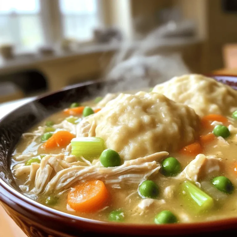 To make savory slow cooker chicken and dumplings, gather these key items: - 4 boneless, skinless chicken breasts - 4 cups low-sodium chicken broth - 2 medium carrots, sliced into thin rounds - 2 stalks celery, diced - 1 small onion, finely chopped - 2 cloves garlic, minced - 1 teaspoon dried thyme - 1 teaspoon dried rosemary - 1 teaspoon freshly ground black pepper - 1 cup frozen peas - 1 can (10.5 oz) cream of chicken soup - 1 cup all-purpose flour - 1 tablespoon baking powder - ½ teaspoon salt - ¾ cup milk - 3 tablespoons unsalted butter, melted Each ingredient plays a role in creating a rich, comforting dish. The chicken provides protein and flavor, while the broth adds depth. Carrots and celery give a nice crunch and sweetness. The herbs like thyme and rosemary enhance the taste, making it aromatic. Cream of chicken soup adds creaminess, and the dumplings create a fluffy texture that soaks up the broth. With these simple ingredients, you can create a meal that warms your heart and fills your belly. The best part? Most of these items are pantry staples. So, you might already have them at home! 1. Place chicken breasts in the slow cooker. 2. Add chicken broth and vegetables. 3. Mix in herbs and seasonings. Start by laying four boneless, skinless chicken breasts at the bottom of the slow cooker. This will help them cook evenly. Next, pour in four cups of low-sodium chicken broth. Then, add the sliced carrots, diced celery, finely chopped onion, and minced garlic. Sprinkle in one teaspoon each of dried thyme and dried rosemary, along with a teaspoon of freshly ground black pepper. Gently stir to blend everything well. 1. Set slow cooker on low or high. 2. Shred chicken after cooking. 3. Stir in cream of chicken soup and peas. Secure the lid on your slow cooker. Cook on low for six hours or high for three hours. When the chicken is tender, remove it carefully with tongs. Use two forks to shred the chicken into bite-sized pieces. Return the shredded chicken to the cooker. Now, stir in one cup of frozen peas and one can of cream of chicken soup. Mix everything until well combined. 1. Mix flour, baking powder, and salt. 2. Combine with milk and melted butter. 3. Drop dumpling batter into the slow cooker. In a separate bowl, mix one cup of all-purpose flour with one tablespoon of baking powder and half a teaspoon of salt. Gradually add three-quarters of a cup of milk and three tablespoons of melted butter. Stir until just combined. Be careful not to overmix, as this affects the dumplings' texture. With a spoon, drop dollops of the batter onto the chicken mixture. Cover the slow cooker again. Cook on high for an additional 30 minutes until the dumplings swell and cook through. To cook chicken perfectly in a slow cooker, start with boneless, skinless chicken breasts. Place them at the bottom of the pot. This helps them cook evenly. Pour in low-sodium chicken broth and add fresh veggies. Use carrots and celery for great flavor. Cook on low for six hours or high for three hours. This makes the chicken tender and juicy. To ensure your dumplings are fluffy and tender, don’t overmix the batter. Just combine the flour, baking powder, and milk until they are mixed. Then drop spoonfuls on top of the chicken mixture. Cover and cook on high for thirty minutes. This gives the dumplings time to rise and cook through. If you want alternatives for chicken, try turkey or even tofu. Both work well in this dish. For gluten-free dumplings, use gluten-free flour. You can also make a simple mix with almond flour or rice flour. This allows everyone to enjoy the meal. For low-sodium broth variations, look for low-sodium chicken broth in stores. You can also make your own using water and fresh herbs. This way, you control the salt content. The best sides to pair with chicken and dumplings are simple. Try a fresh green salad or steamed veggies. These add color and crunch to your meal. For ideal garnishes, sprinkle fresh parsley or chives on top. This adds a pop of color and fresh flavor. To create a complete meal, serve with warm bread or biscuits. This makes the meal cozy and filling. You can also add a fruit dessert to finish off your dinner nicely. {{image_4}} To enhance your chicken and dumplings, add different herbs and spices. Fresh parsley or sage can brighten the dish. You can also use more thyme or rosemary for depth. Seasonal vegetables can add a twist, too. Try green beans or peas in spring and butternut squash in fall. Creamy versions use cream instead of broth. Herb-infused options focus on fresh herbs, giving a lighter taste. Both styles bring comfort to your meal. If you follow a paleo diet, swap the cream of chicken soup for coconut milk. This keeps it creamy while staying true to your diet. For a vegan option, use chickpeas instead of chicken. Replace the broth with vegetable broth and skip the cream. For a low-carb version, use cauliflower instead of dumplings. This keeps the essence of the dish while cutting down on carbs. Each variation offers unique flavors while keeping the heart of the recipe. To store your leftover chicken and dumplings, let them cool first. Place them in an airtight container. This helps keep them fresh in the fridge. You can keep them for up to three days. When you reheat, make sure to heat them thoroughly. For freezing, scoop the dish into freezer-safe bags. Squeeze out as much air as possible before sealing. You can freeze them for up to three months. When you’re ready to eat, thaw the dish in the fridge overnight. Reheat gently on the stove. To keep the dumplings fluffy, add a splash of milk while reheating. Avoid the microwave if you can. It may make your dumplings tough. Enjoy your warm and cozy meal! How long to cook chicken in a slow cooker? You should cook chicken in a slow cooker for 6 hours on low or 3 hours on high. This time allows the chicken to become very tender and juicy. Can I use frozen chicken breasts? Yes, you can use frozen chicken breasts. Just add an extra hour to your cooking time. Ensure they are fully cooked before shredding. Why are my dumplings dense? Dumplings can turn out dense if you overmix the batter. Mix just until combined. Also, ensure you use fresh baking powder for fluffiness. Can I double the recipe? Yes, you can double the recipe. Just ensure your slow cooker is large enough to hold all the ingredients. Adjusting for different slow cooker sizes If you have a smaller slow cooker, reduce the ingredients by half. You still want to keep the flavors balanced. Substituting ingredients for allergies You can swap out chicken for turkey or use vegetable broth for a veggie version. Look for gluten-free flour for dumplings. How many servings does this recipe provide? This recipe provides about 6 servings. Each serving is hearty and satisfying. Suggested portion sizes for families For families, serve one to two cups per person. This amount is great for a full meal. Adjusting servings for meal prep If you're meal prepping, consider using smaller containers. This way, you can pack one to two servings per container for easy lunches. This recipe for chicken and dumplings is simple and fun to make. We covered the ingredients, cooking steps, and tips to help you succeed. You can adjust flavors and swap ingredients to suit your taste. Remember, storing leftovers properly keeps them fresh. Enjoy this dish with family, making it a comforting meal. Cooking should be easy and tasty. You now have the tools to make this dish your own!