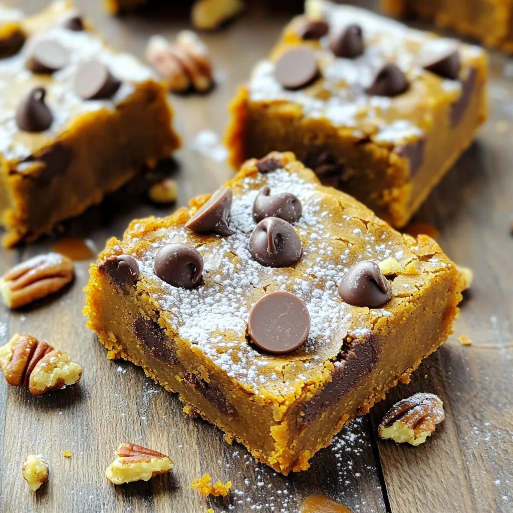 To make Pumpkin Chocolate Chip Blondies, gather these key items: - 1 cup canned pumpkin puree - 1/2 cup unsalted butter, melted - 1 cup packed brown sugar - 1/2 cup granulated sugar - 2 large eggs - 1 teaspoon vanilla extract - 1 1/2 cups all-purpose flour - 1 teaspoon baking powder - 1/2 teaspoon baking soda - 1 teaspoon pumpkin pie spice - 1/2 teaspoon salt - 1 cup semi-sweet or milk chocolate chips - 1/2 cup chopped pecans (optional) You can add a few fun extras to change up the taste: - 1/2 cup of butterscotch chips for a sweeter touch - 1/2 cup of dried cranberries for a fruity twist - A handful of walnuts or almonds for added crunch Do you need to switch out some ingredients? Here are some ideas: - Use coconut oil instead of butter for a dairy-free version. - Swap brown sugar for coconut sugar for a slight caramel flavor. - Use gluten-free flour instead of all-purpose flour for a gluten-free option. - Replace eggs with flax eggs (1 tablespoon of flaxseed meal mixed with 3 tablespoons of water per egg) for a vegan option. First, set your oven to 350°F (175°C). This temperature is perfect for baking. Next, grab an 8x8 inch baking pan. Line it with parchment paper, letting some edges hang over the sides. This makes it easy to lift out your blondies later. In a large mixing bowl, combine 1/2 cup of melted unsalted butter, 1 cup of packed brown sugar, and 1/2 cup of granulated sugar. Use a whisk to blend these together. You want the mixture to be smooth and well-mixed. This is your sweet base. Now, add 1 cup of canned pumpkin puree, 2 large eggs, and 1 teaspoon of vanilla extract to your sweet base. Keep whisking until everything is mixed into a creamy batter. This part adds moisture and flavor to your blondies. In a separate bowl, sift together 1 1/2 cups of all-purpose flour, 1 teaspoon of baking powder, 1/2 teaspoon of baking soda, 1 teaspoon of pumpkin pie spice, and 1/2 teaspoon of salt. Sifting helps the dry ingredients blend well and keeps your blondies light and fluffy. Gently fold the dry mixture into the wet ingredients. Use a spatula or wooden spoon. Stir until just combined. Be careful not to overmix. Overmixing can make your blondies dense and heavy. Next, stir in 1 cup of semi-sweet or milk chocolate chips. If you like, add 1/2 cup of chopped pecans too. Make sure the chips and nuts are evenly mixed in. This gives every bite a delicious surprise. Pour the batter into the lined baking pan. Smooth the top with your spatula. Place it in the preheated oven and bake for 25-30 minutes. Check if they are done by inserting a toothpick in the center. It should come out clean or with a few moist crumbs. After baking, let the blondies cool in the pan for about 10 minutes. Then, use the overhanging parchment paper to lift them out onto a wire rack. Let them cool completely. Once cooled, slice the blondies into squares and enjoy! You can dust them with powdered sugar or drizzle warm caramel sauce on top for a pretty finish. To get the best texture for your blondies, mix carefully. Overmixing can make them tough. When you combine wet and dry ingredients, stir until just blended. This keeps them soft and chewy. Also, use room temperature eggs for a smooth mix. They help the batter come together easily. If you're new to baking, start with these tips: - Preheat your oven to 350°F (175°C) before you mix. - Use parchment paper in your pan to make removal easy. - Don't skip the sifting step for dry ingredients. It adds air and lightness. - Always check your blondies a few minutes early. Ovens can vary. To make your blondies look great, try these ideas: - Dust the top with powdered sugar for a sweet touch. - Drizzle warm caramel sauce over the blondies for added flavor. - Serve with a scoop of vanilla ice cream for a fun twist. - Place them on a colorful plate to brighten up your table. {{image_4}} You can make these blondies gluten-free easily. Substitute all-purpose flour with a gluten-free blend. Look for a blend that works well for baking. Make sure it includes xanthan gum. This will help the blondies stay moist and fluffy. Follow the same steps in the recipe. You will still get that rich pumpkin flavor and yummy chocolate! To make vegan pumpkin chocolate chip blondies, swap the eggs for flax eggs. Mix 1 tablespoon of flaxseed meal with 2.5 tablespoons of water for each egg. Let it sit for a few minutes to thicken. Use melted coconut oil instead of butter. For the sugar, ensure it's vegan-friendly. Your blondies will still taste delicious and moist! Feel free to add more fun flavors! You can mix in spices like cinnamon or nutmeg. These add warmth and depth. Try adding dried cranberries or walnuts for extra texture. You can also switch the chocolate chips. Use white chocolate or butterscotch chips for a new twist. Each variation will make your blondies special! To keep your pumpkin chocolate chip blondies fresh, store them in an airtight container. Make sure they cool completely before sealing the container. This helps prevent moisture buildup. You can place parchment paper between layers to avoid sticking. Keep them at room temperature for best taste and texture. You can freeze these blondies for later enjoyment. First, cut them into squares. Wrap each piece in plastic wrap. Then, place the wrapped blondies in a freezer bag. Be sure to remove as much air as possible. They can last up to three months in the freezer. To enjoy, let them thaw at room temperature or heat them in the microwave for a few seconds. In the fridge, these blondies stay fresh for about a week. Make sure they are in an airtight container. If you notice any signs of mold or off smells, it's best to toss them. You want to enjoy your blondies at their best! Yes, you can use fresh pumpkin. Start by roasting a pumpkin. Cut it in half, remove the seeds, and roast until soft. Then scoop out the flesh and puree it. Fresh pumpkin adds a great flavor, but it may have more moisture. Adjust your flour slightly if needed. To reduce sweetness, cut back on the brown sugar and granulated sugar. Try using only 3/4 cup of brown sugar. You can also use dark chocolate chips, as they are less sweet than semi-sweet ones. Adding a pinch of salt can help balance the flavors too. These blondies pair well with many treats. Serve them warm with vanilla ice cream. A cup of spiced chai or coffee complements them nicely. You could also enjoy them with a drizzle of cream or a sprinkle of nuts on top. Absolutely! You can swap chocolate chips with white chocolate or butterscotch chips. Dried fruit, like cranberries or raisins, adds a nice twist too. For a nutty flavor, try adding chopped walnuts or almonds instead. In this post, I covered the key ingredients for pumpkin chocolate chip blondies and shared easy steps. You learned about optional add-ins, substitutions, and tips for perfect texture. I explained how to store your blondies and presented fun variations. Remember, baking is about having fun and being creative. Try different flavors and pairings to make each batch special. Enjoy sharing delicious treats with friends and family. Happy baking!