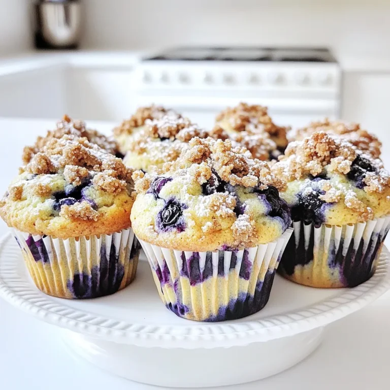 - 2 cups all-purpose flour - 1 cup granulated sugar - 1 tablespoon baking powder - ½ teaspoon baking soda - ½ teaspoon salt - 1 large egg - 1 cup buttermilk - ⅓ cup vegetable oil - 1 teaspoon vanilla extract - 1 ½ cups fresh blueberries - ½ cup all-purpose flour - ⅓ cup brown sugar, packed - ¼ cup unsalted butter, softened - ½ teaspoon ground cinnamon When making blueberry streusel muffins, the right ingredients make all the difference. Start with the dry ingredients. They form the muffin's base. Use all-purpose flour for a soft texture. Granulated sugar adds sweetness. Baking powder and baking soda help them rise. Salt rounds out the flavor. Next, we mix the wet ingredients. A large egg binds everything together. Buttermilk gives a rich taste and moistness. Vegetable oil keeps the muffins soft. Vanilla extract adds a lovely aroma. Finally, the fresh blueberries burst with flavor in every bite. For the streusel topping, combine flour, brown sugar, butter, and cinnamon. This mix creates a sweet, crunchy layer on top. It contrasts perfectly with the soft muffin. Each bite is a delightful mix of textures and flavors. First, preheat your oven to 375°F (190°C). This step is key for baking. It ensures even cooking. While the oven heats, prepare your muffin pan. You can use paper liners or grease the cups lightly. In a large bowl, whisk together the dry ingredients. Combine 2 cups of all-purpose flour, 1 cup of sugar, 1 tablespoon of baking powder, ½ teaspoon of baking soda, and ½ teaspoon of salt. Mixing these well helps the muffins rise nicely. In another bowl, crack 1 large egg. Whisk it until slightly frothy. Next, add 1 cup of buttermilk, ⅓ cup of vegetable oil, and 1 teaspoon of vanilla extract. Mix these until smooth and well combined. Now, pour the wet mixture into the bowl with dry ingredients. Use a rubber spatula or wooden spoon to gently fold them together. Be careful not to overmix. We want a slightly lumpy batter for soft muffins. Gently fold in 1 ½ cups of fresh blueberries. Make sure they are evenly spread throughout the batter. Take care not to crush them, as we want them whole for juicy bites. In a small bowl, mix together the streusel topping. Combine ½ cup of all-purpose flour, ⅓ cup of packed brown sugar, ¼ cup of softened butter, and ½ teaspoon of ground cinnamon. Use a fork or your fingers. Blend until you see coarse crumbs. Spoon the batter into your lined muffin cups. Fill each cup about three-quarters full. Generously sprinkle the streusel topping over each muffin. This adds a crunchy layer to your treats. Place the muffin pan in the preheated oven. Bake for 18-20 minutes. Check doneness by inserting a toothpick in the center of a muffin. If it comes out clean, they are ready! Once baked, remove the muffins from the oven. Let them cool in the pan for about 5 minutes. Then, transfer them to a wire rack. Cooling helps keep their texture light and fluffy. To make your blueberry streusel muffins moist, use buttermilk. It adds richness and flavor. Mix the wet and dry ingredients gently. Overmixing can lead to dry muffins. Aim for a slightly lumpy batter; it’s okay if some flour is visible. A great streusel topping makes your muffins shine. Use cold butter for a crumbly texture. Mix flour, brown sugar, and cinnamon well before adding butter. Your mixture should look like coarse crumbs. Don’t be shy; use a generous amount on each muffin. Overmixing your batter is a common mistake. It can make your muffins tough. Once you combine the wet and dry ingredients, use a rubber spatula. Fold gently, just enough to mix. Stop as soon as you see no dry flour. This keeps your muffins light and fluffy. {{image_4}} You can swap blueberries for other fruits. Raspberries or chopped strawberries work well. For a tropical twist, try diced pineapple. Just keep the fruit's moisture in mind. Too much moisture can make your muffins soggy. Nuts and seeds add crunch and flavor. Walnuts or pecans pair perfectly with blueberries. You can also use sunflower seeds or flaxseeds for a healthy boost. Just add about half a cup to the batter. Mixing in spices can elevate your muffins. Try adding a pinch of nutmeg or ginger for warmth. Citrus zest, like lemon or orange, brightens the flavor. You can also use flavored extracts, such as almond or coconut. Experiment with these ideas to find your favorite taste! To keep your muffins fresh, place them in an airtight container. You can also wrap them in plastic wrap. Store them at room temperature for up to three days. If you want them to last longer, consider refrigeration. Just remember, refrigeration can make muffins dry. Freezing is a great option for muffins. First, let them cool completely. Then, wrap each muffin tightly in plastic wrap. Place the wrapped muffins in a freezer bag or container. Label the bag with the date. Muffins can stay frozen for up to three months. To enjoy later, just thaw them at room temperature. Reheating muffins brings back their yummy taste. For the best results, preheat your oven to 350°F (175°C). Place the muffins on a baking sheet. Heat them for about 10 minutes. You can also use a microwave. Heat each muffin for about 15-20 seconds. Enjoy warm muffins with a nice crispy top! Yes, you can use frozen blueberries. They work well in muffins. Just toss them in a bit of flour before adding to the batter. This helps prevent them from sinking. They may make the batter a bit purple, but the taste remains great. To check if the muffins are done, insert a toothpick in the center. If it comes out clean, they are ready. The tops should also look golden brown. Keep an eye on them near the end of baking time. Ovens can vary, so check around 18 minutes. If you don’t have buttermilk, you can make your own. Mix 1 cup of milk with 1 tablespoon of vinegar or lemon juice. Let it sit for about 5 minutes. This will give you a similar tangy flavor that works well in muffins. To prevent sticking, use paper liners or grease the pan well. You can use cooking spray or butter. If using butter, make sure to cover all sides of the cups. This keeps the muffins intact when you take them out. Yes, you can prepare the batter ahead of time. Store it in the fridge for up to 2 hours. Just remember to mix it gently before filling the muffin cups. Baking right after mixing gives the best rise and texture. You now have all the steps to bake delicious muffins. We covered the dry and wet ingredients you need. The process is straightforward from mixing to baking. Remember the tips for moist muffins and perfect streusel topping. Try different flavors and storage ideas to keep your muffins fresh. Enjoy the joy of baking and share with friends and family. Your kitchen will be filled with sweet smells and smiles!