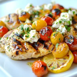 - 4 boneless, skinless chicken breasts - 1/4 cup extra-virgin olive oil - 4 cloves garlic, minced - Juice and zest of 2 medium-sized lemons - 1 teaspoon dried oregano - 1 teaspoon dried thyme - Salt and freshly cracked pepper, to taste - 1 cup feta cheese, crumbled - 1/2 cup cherry tomatoes, halved - 1/4 cup kalamata olives, pitted and sliced - Fresh parsley, finely chopped for garnish - Lemon wedges - Additional feta cheese - Mixing bowl - Grill or large skillet - Whisk - Plastic wrap or lid In this recipe, you’ll need some simple and fresh ingredients. The chicken breasts are a great base, and they soak up the marinade well. The olive oil adds richness, while garlic gives a nice kick. Fresh lemon juice and zest bring brightness. Oregano and thyme add warm, herbaceous notes. The feta cheese is key. It adds a creamy, tangy flavor that pairs perfectly with chicken. Halved cherry tomatoes and kalamata olives add color and burst of flavor. Finally, fresh parsley makes it look nice and adds a hint of freshness. You can also use some lemon wedges on the side for extra zest. If you love feta, feel free to sprinkle more on top when serving. For equipment, a mixing bowl makes it easy to combine everything. A grill or skillet will cook the chicken evenly. A whisk helps mix the marinade well. Lastly, plastic wrap or a lid keeps the chicken covered while it marinates. With these ingredients and tools, you’re ready to create a delicious dish! {{ingredient_image_2}} To start, I pour olive oil into a big mixing bowl. Next, I add minced garlic, the juice, and zest of two lemons. This gives the marinade a bright flavor. Then, I sprinkle in dried oregano and thyme. I season it with salt and pepper to taste. I whisk everything until it blends well. This marinade is key to making the chicken juicy and tasty. Now, I take the chicken breasts and coat them well in the marinade. I make sure every piece is covered. This step is important for flavor. I cover the bowl with plastic wrap and place it in the fridge. I let the chicken marinate for at least 30 minutes. For stronger flavor, I can let it sit for up to 2 hours. While the chicken marinates, I preheat my grill or skillet to medium-high heat. After it’s hot, I remove the chicken from the marinade, letting the excess drip off. I place the chicken on the grill or skillet. I cook each side for 6 to 7 minutes. I check the internal temperature to ensure it reaches 165°F. This keeps the chicken juicy and safe to eat. In the last few minutes of cooking, I sprinkle crumbled feta cheese, halved cherry tomatoes, and sliced kalamata olives on top. I let these toppings warm and the feta soften. This adds extra flavor and color to the dish. Once the chicken is cooked, I take it off the heat and let it rest for about 5 minutes. Resting helps the juices stay inside the chicken. After that, I slice the chicken into thick pieces. I serve it on a platter, drizzled with the leftover marinade. To finish, I garnish with freshly chopped parsley for a bright touch. - Letting the chicken rest in the marinade is key. This time lets the flavors soak in. Aim for at least 30 minutes. For more flavor, go up to 2 hours. - Always refrigerate the marinated chicken. This keeps the meat safe and fresh. Cover the bowl with plastic wrap or a lid to prevent spills. - To check if the chicken is done, use a meat thermometer. The inside should reach 165°F (75°C). This ensures your chicken is safe to eat. - To avoid dryness, do not overcook the chicken. Keep an eye on the cooking time. Also, letting the chicken rest after cooking helps keep it juicy. - For serving, arrange the chicken slices on a bright dish. Surround it with cherry tomatoes and olives. This makes the plate pop with color. - Add extras like lemon wedges or more feta cheese on the side. This not only looks good but also gives guests a chance to customize their meal. Pro Tips Marinate Longer for More Flavor: Allowing the chicken to marinate for up to 2 hours enhances the flavors significantly, making the dish even more delicious. Check for Doneness: Use a meat thermometer to ensure the chicken reaches an internal temperature of 165°F (75°C) for safe and juicy results. Use Fresh Herbs: Incorporating fresh herbs instead of dried can elevate the dish's flavor profile, adding brightness and freshness. Presentation Matters: Arrange the chicken slices artfully on the plate, garnished with vibrant cherry tomatoes and olives for an eye-catching and appetizing presentation. {{image_4}} You can switch out chicken for shrimp or fish. Shrimp cooks fast and adds a nice flavor. Use firm fish like salmon or cod for a tasty change. Marinate them just like chicken. For a vegetarian option, try grilled vegetables. Bell peppers, zucchini, and eggplant work well. They soak up the marinade's flavors and grill nicely. Adding spices can change the flavor of this dish. Paprika gives a smoky touch, while red pepper flakes add heat. You can also play with herbs. Try fresh basil or dill for a twist. Mixing herbs keeps the meal exciting and fresh. Pair this dish with sides like Greek salad or rice. The salad adds crunch and freshness. Rice soaks up the juices and makes it filling. You can also serve it as a wrap. Use pita bread or tortillas for a fun twist. Fill them with chicken and toppings for a tasty meal on the go. After enjoying your Greek Lemon Feta Chicken, store leftovers right away. Place the chicken in an airtight container. This keeps it fresh and prevents odors from mixing. Make sure to refrigerate within two hours of cooking. The chicken will stay good for about three to four days in the fridge. To freeze Greek Lemon Feta Chicken, wrap it tightly in plastic wrap. Then, place it in a freezer-safe bag or container. Be sure to remove as much air as possible. This helps keep the chicken flavorful and prevents freezer burn. You can freeze it for up to three months. When you're ready to eat, thaw it overnight in the fridge. When reheating, the goal is to keep the chicken juicy. You can use the oven or microwave. For the oven, preheat it to 350°F (175°C) and cover the chicken with foil. This keeps moisture in. Heat for about 15-20 minutes. In the microwave, use a microwave-safe dish and cover it. Heat in short bursts, checking often. Avoid overcooking to keep the chicken tender. You can pair this dish with many tasty sides. Here are some ideas: - Greek salad with cucumber, tomatoes, and olives - Roasted vegetables like zucchini and bell peppers - Lemon rice or couscous for a light touch - Pita bread to soak up the juices - Tzatziki sauce for a cool, creamy dip These sides will enhance the flavors of the chicken and create a balanced meal. Yes, you can make this dish ahead. Here are some tips: - Marinate the chicken the night before. It will soak up more flavor. - Cook the chicken and store it in the fridge for up to three days. - Warm it gently in the oven or microwave before serving. Doing this saves time on busy days. To keep your chicken juicy, follow these steps: - Always marinate the chicken. This adds flavor and moisture. - Cook the chicken on medium-high heat. Avoid high heat, as it dries out the meat. - Use a meat thermometer. When it reaches 165°F (75°C), it's perfectly cooked. - Let the chicken rest after cooking. This allows the juices to settle. These steps will help you serve moist chicken every time. Yes, this recipe is gluten-free. None of the ingredients contain gluten. If you want to ensure no cross-contamination, check your feta and olives. Some brands may add gluten. Feel free to enjoy this dish without worry! You now have a delicious recipe for Greek Lemon Feta Chicken. We covered the key ingredients, including the chicken, herbs, and feta. I explained how to marinate and cook the chicken for great flavor. You learned tips to store your leftovers and even variations to switch it up. Try this dish to impress your family or friends. It’s easy to make and always a hit. Enjoy every bite!