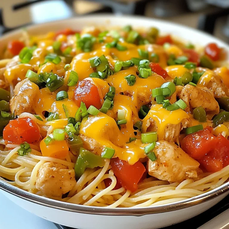 To make this dish, you need a few key items. Here’s what you will need: - 2 boneless, skinless chicken breasts - 8 ounces spaghetti - 1 tablespoon olive oil - 1 small onion, finely diced - 2 cloves garlic, minced - 1 bell pepper (red or green), diced - 1 can (14.5 ounces) diced tomatoes with green chilies - 1 tablespoon tomato paste - 2 cups chicken broth - 1 cup shredded cheddar cheese The right spices make this dish pop. Here’s what to include: - 1 teaspoon Cajun seasoning - ½ teaspoon smoked paprika - ½ teaspoon cayenne pepper (adjust for your heat level) - Salt and pepper to taste Garnishes add a nice touch to the dish. You might want to use: - 2 green onions, thinly sliced These ingredients combine to create a rich and spicy flavor. They make the chicken spaghetti comforting and satisfying. {{ingredient_image_2}} To start, fill a large pot with water. Add a good pinch of salt. Bring it to a rolling boil. Next, add the spaghetti. Cook it according to the package instructions until it’s al dente. This usually takes about 8-10 minutes. Once cooked, drain the pasta and set it aside. Now, let’s sauté the chicken. In a large skillet, heat one tablespoon of olive oil over medium heat. While it heats, season the chicken breasts with salt and pepper. Place them in the skillet. Cook for about 6-7 minutes on each side. You want them golden brown and fully cooked. After cooking, transfer the chicken to a cutting board. Let it rest for a few minutes, then slice it into strips. In the same skillet, add the diced onion, minced garlic, and diced bell pepper. Sauté these for about 5 minutes. You want the veggies to soften and become fragrant. After that, stir in a can of diced tomatoes with green chilies. Add tomato paste, Cajun seasoning, smoked paprika, and cayenne pepper. Mix everything well and let it cook for 3 more minutes. This allows the flavors to meld beautifully. Next, pour in 2 cups of chicken broth. Bring the mixture to a gentle simmer. Allow it to simmer for about 5 minutes. This step helps all the flavors come together. Now, add the cooked spaghetti and sliced chicken to the skillet. Toss everything together to coat the pasta in the sauce. Cook for another 2-3 minutes until everything is warm. For the cheesy finish, remove the skillet from heat. Stir in half of the shredded cheddar cheese until it melts. Sprinkle the rest on top and cover the skillet. Let it sit for a couple of minutes for the cheese to melt perfectly. Finally, plate the Spicy Southern Chicken Spaghetti and garnish with sliced green onions. Enjoy your flavorful weeknight meal! To cook chicken well, start with fresh, boneless, skinless breasts. Pat them dry with a paper towel. This helps the chicken brown nicely. Heat olive oil in a skillet over medium heat. Season both sides with salt and pepper. Cook each side for about 6-7 minutes until golden brown. Use a meat thermometer to check for doneness; it should read 165°F. Let the chicken rest before slicing. This keeps it juicy. When cooking spaghetti, use a large pot filled with water. Add a generous pinch of salt for flavor. Bring the water to a rolling boil. Add the spaghetti and stir to prevent sticking. Cook according to package instructions until al dente. Drain the pasta, but save a bit of pasta water. This starchy water helps the sauce cling to the pasta. To boost flavors, add fresh herbs like basil or parsley. A squeeze of lemon juice brightens the dish. You can also adjust the heat with more cayenne or a dash of hot sauce. For a smoky flavor, use smoked salt instead of regular salt. Mixing in some sautéed mushrooms or spinach adds depth and nutrition. Don’t forget to taste your sauce before serving; adjust the seasoning as needed! Pro Tips Don’t Overcook the Pasta: Cooking your spaghetti to al dente ensures it retains a firm texture, allowing it to absorb the sauce without becoming mushy. Season the Chicken Well: Generously seasoning the chicken before cooking will enhance the overall flavor of the dish. Don’t be shy with salt and pepper! Adjust the Heat: Customize the spice level by adjusting the amount of cayenne pepper in the sauce. Start with less if you prefer a milder dish and add more to taste. Let the Cheese Melt: Covering the skillet after adding cheese allows it to melt evenly, creating a delicious, gooey topping that perfectly complements the dish. {{image_4}} You can easily make this dish vegetarian. Instead of chicken, use grilled mushrooms or firm tofu. Both options add great texture. For the broth, choose vegetable broth. This keeps the flavor rich. You might also add more veggies, like zucchini or spinach, for extra nutrition. These swaps create a filling meal that everyone can enjoy. If you need a gluten-free dish, swap traditional spaghetti for gluten-free pasta. Many brands offer great options that taste just as good. Use rice pasta or chickpea pasta for added protein. Ensure the chicken broth is gluten-free, too. This way, you can enjoy the same delicious flavors without worry. Get creative with sauces! Instead of diced tomatoes, try a creamy Alfredo sauce for a different taste. You can also use a spicy arrabbiata sauce if you love heat. For cheese, swap cheddar for pepper jack or mozzarella. Each choice will change the dish's character. Feel free to mix and match until you find your favorite flavor profile! To keep your Spicy Southern Chicken Spaghetti fresh, you need the right storage method. Allow the dish to cool down to room temperature. Use an airtight container to store the spaghetti. This helps to keep the flavors locked in and prevents it from drying out. If you have leftovers, you can store them for up to three days in the fridge. Reheating your spaghetti is quick and easy. You can use the microwave or the stovetop. If using the microwave, place your serving in a bowl. Cover it with a microwave-safe lid. Heat in one-minute bursts, stirring in between. If you prefer the stovetop, add a splash of chicken broth to a pan. Heat over medium until warmed through, stirring often. This keeps the pasta moist and tasty. If you want to save your spaghetti for later, freezing is a great option. Portion the spaghetti into freezer-safe bags or containers. Make sure to remove as much air as possible. Label the bags with the date. Your dish can stay fresh in the freezer for up to three months. To reheat, thaw in the fridge overnight, then follow the reheating tips above. You can use turkey or tofu. Both work well in this dish. For turkey, use the same amount as chicken. For tofu, use firm or extra-firm tofu. Just cut it into cubes and sauté it until golden. Yes, you can make this dish ahead. Cook the pasta and sauce, then combine them. Store it in an airtight container in the fridge. When ready to eat, reheat it in a pan on low heat. Add a splash of chicken broth to keep it moist. To cut the heat, reduce or omit the cayenne pepper. You can also use less Cajun seasoning. Adding more cheese or a dollop of sour cream can help cool it down too. This blog post covered everything you need for Spicy Southern Chicken Spaghetti. We explored key ingredients, step-by-step cooking tips, and variations for different diets. You learned how to cook chicken perfectly and enhance flavors. Remember, whether you prefer vegetarian options or gluten-free substitutions, this dish can be for everyone. Store leftovers properly for future meals. Enjoy your cooking journey and have fun exploring all these flavors!