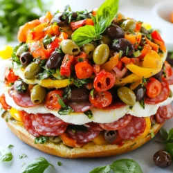 To create a delicious Muffuletta sandwich, you will need these key ingredients: - 1 large round loaf of Sicilian bread - 1 cup green olives, pitted and finely chopped - 1 cup black olives, pitted and finely chopped - 1/2 cup roasted red peppers, thinly sliced - 1/2 cup giardiniera (Italian pickled vegetables), finely chopped - 1/2 cup fresh mozzarella cheese, thinly sliced - 1/2 cup provolone cheese, thinly sliced - 1/2 cup salami, thinly sliced - 1/2 cup ham, thinly sliced - 1/4 cup extra virgin olive oil - 2 tablespoons red wine vinegar (optional) - Salt and freshly ground black pepper to taste - Fresh basil leaves for garnish For an extra kick, consider adding these optional items: - Spicy peppers for heat - Fresh herbs like oregano or thyme - Capers for a briny taste Choosing high-quality ingredients is vital for the best flavor. - Bread: Use fresh Sicilian bread. A crusty outside and soft inside work best. - Olives: Opt for good-quality, pitted olives. Their flavor makes a big difference. - Meats and Cheese: Always choose fresh, deli-style salami and ham. For cheese, go for creamy mozzarella and sharp provolone. These choices will elevate your Muffuletta and make it a true delight. Enjoy the rich flavors and textures! {{ingredient_image_2}} First, gather your ingredients. You will need green olives, black olives, roasted red peppers, and giardiniera. Chop the green and black olives finely. Then, slice the roasted red peppers thinly. Use a knife to chop the giardiniera. In a bowl, mix these ingredients together. Add extra virgin olive oil and red wine vinegar if you want extra flavor. Season with salt and black pepper. Stir well and let it sit for 30 minutes. This helps the flavors blend nicely. Next, take your large round loaf of Sicilian bread. Use a serrated knife to cut the loaf in half horizontally. Be careful! You want to keep the crust intact. Now, gently hollow out the soft inside of the bread. Make sure not to poke through the crust. This step is key to keeping your sandwich from getting soggy later. Now it’s time to build your sandwich. Start with the bottom half of the bread. Place the salami down first, spreading it evenly. Next, layer the ham on top of the salami. After that, add the thin slices of mozzarella and provolone cheese. Finally, spoon the marinated olive salad over the cheese. Spread it out so every bite is full of flavor. Carefully place the top half of the bread back on. Press down gently to compact the layers. This helps all the flavors meld together. Wrap the sandwich tightly in plastic wrap. Then, put a heavy skillet or cutting board on top. This will compress it even more. Put the sandwich in the fridge for at least one hour. For the best taste, let it sit overnight. When you are ready to serve, unwrap the sandwich. Use a sharp knife to slice it into wedges or halves. This makes it easy to share with friends. For a nice touch, garnish the top with fresh basil leaves. Serve on a rustic wooden board for a great presentation. You can also add a small bowl of extra olive salad for dipping. Scatter a few whole olives around the plate for color. Enjoy your delicious Muffuletta! To keep your bread crisp, hollow out the inside. This step creates a space for filling but keeps moisture away from the crust. Use a serrated knife for clean cuts. Remember, less bread inside means less sogginess. Let the olive salad marinate for at least 30 minutes. This time lets the flavors blend well. For the best taste, try marinating it for an hour or even overnight. The longer it sits, the more lively the taste becomes. When you slice the sandwich, use a sharp serrated knife. This tool helps prevent squishing the layers. Cut the sandwich into wedges for easy sharing. Serve on a wooden board for a rustic look. Place a small bowl of extra olive salad alongside for dipping. Fresh basil leaves on top add color and a nice touch. Pro Tips Choose the Right Bread: A sturdy Sicilian loaf is ideal for holding all the ingredients without becoming soggy. Ensure it has a good crust to prevent moisture from seeping in. Marinate for Maximum Flavor: Allow the olive salad to marinate for at least 30 minutes, but overnight is even better. This enhances the flavors and ensures a more delicious sandwich. Layer Smartly: When layering, start with the meats, followed by cheeses, and then the olive salad. This helps keep the sandwich structure intact and prevents the bread from getting soggy. Pressure for Perfection: After assembling, wrap the sandwich tightly and place a heavy object on it while refrigerating. This compacts the layers and melds the flavors beautifully. {{image_4}} If you want a meat-free Muffuletta, you can easily swap out the meats. Use grilled vegetables like zucchini and eggplant for a smoky taste. You can also add more olives for a briny kick. Layer in some fresh spinach or arugula for crunch. This version gives you a fresh and bright sandwich. Muffuletta is famous in New Orleans. They often use a mix of local meats and cheeses. You might find spicy capicola or even shrimp added. The olive salad can be spicier with more peppers. Each region has its take on this classic, making it fun to explore. You can customize your Muffuletta with various ingredients. Try different cheeses like cheddar or gouda for a twist. You can also add artichoke hearts or sun-dried tomatoes for extra flavor. Experiment with herbs, such as oregano or thyme, for a unique touch. The choices are endless, so let your taste guide you! To keep your Muffuletta fresh, wrap it tightly in plastic wrap. This helps prevent drying out. You can also use aluminum foil for extra protection. If you have smaller pieces, place them in an airtight container. This keeps the flavors intact and the bread soft. In the fridge, a Muffuletta can last for about 3 days. The flavors will get better as they sit. However, the bread may soften over time. For the best taste, try to eat it within this time. Always check for any signs of spoilage before enjoying leftovers. You can freeze the Muffuletta for longer storage. Wrap it tightly in plastic wrap, then place it in a freezer bag. This method prevents freezer burn. It can last up to 3 months in the freezer. When ready to eat, thaw it in the fridge overnight. Enjoy it cold or warm it up briefly in the oven. I use a large round loaf of Sicilian bread. It has a thick crust and soft inside. This bread holds up well with all the tasty fillings. It keeps the sandwich from getting soggy. You can also try other sturdy breads, but Sicilian is classic. Yes, you can make this sandwich in advance. I recommend making it a few hours before serving. For the best taste, prepare it the night before. Wrap it tightly in plastic wrap and refrigerate. This helps the flavors blend and taste even better. Muffuletta sandwiches go well with many sides. I love serving them with a simple salad. A light pasta salad also works great. You can add potato chips for crunch or pickles for tang. Whole olives on the side are a nice touch too. A Muffuletta sandwich stays fresh in the fridge for about three days. Just keep it wrapped tightly. After three days, the bread may get a bit stale. If you want to keep it longer, consider freezing it. Making an Italian Muffuletta Sandwich is fun and tasty. We covered the must-have ingredients, step-by-step prep, and handy tips. Remember, quality ingredients matter for the best flavor. Don't forget to try variations and store any leftovers properly. These sandwiches are great to share or save for later. Enjoy creating your Muffuletta masterpiece with friends and family!