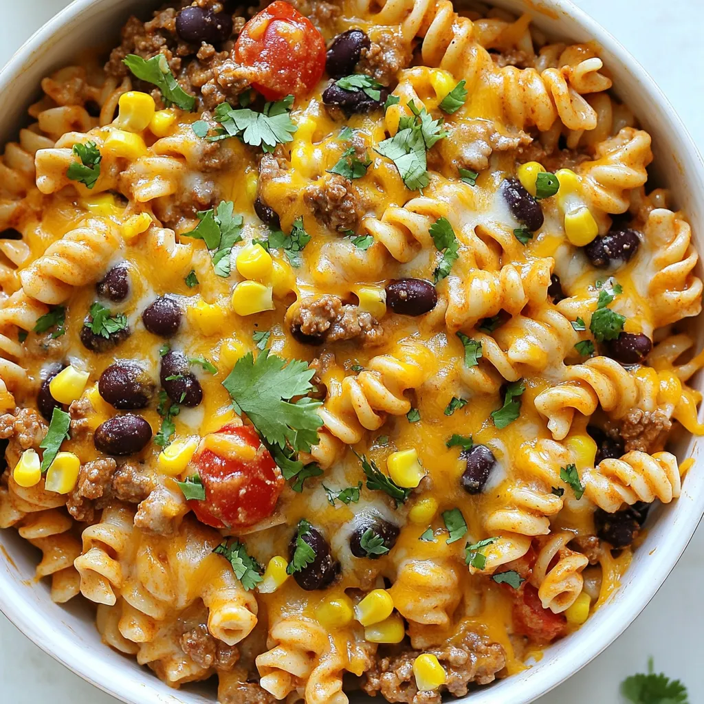 For this tasty one-pot creamy taco pasta, you'll need: - 12 oz. pasta (penne or rotini recommended) - 1 lb. ground beef or turkey - 1 packet taco seasoning - 1 small onion, finely diced - 2 cloves garlic, minced - 1 can (14 oz.) diced tomatoes with juices - 1 can (15 oz.) black beans, drained and rinsed - 2 cups chicken broth - 1 cup heavy cream - 1 cup shredded cheddar cheese - 1 cup corn (frozen or canned) - Salt and freshly ground pepper to taste - Fresh cilantro or parsley for garnish (optional) When choosing pasta for this dish, I suggest using penne or rotini. Both shapes hold sauce well. Penne has a smooth surface that allows the sauce to cling. Rotini, with its spirals, traps chunks of meat and beans. Either option makes a great base for your creamy taco sauce. Garnishes add a fresh touch to your meal. I recommend using fresh cilantro or parsley to brighten the dish. You can also add lime wedges for a zesty kick. A sprinkle of extra cheddar cheese on top makes it even more delicious. These simple additions enhance the flavor and look of your dish. {{ingredient_image_2}} Start by heating a large pot over medium heat. Add the ground beef or turkey. Cook it for 5-7 minutes. Break it apart with a wooden spatula as it cooks. You want it to be evenly browned. If there is extra fat, carefully drain it. This keeps the dish from being greasy. Next, add the finely diced onion and minced garlic to the pot. Sauté them for 2-3 minutes. Stir them often until the onion turns translucent and fragrant. This step builds a strong base of flavor for your dish. Now, it's time to add the fun stuff! Sprinkle in the taco seasoning. Add the diced tomatoes with their juices, the drained black beans, and corn. Pour in the chicken broth and stir well. Bring this mixture to a gentle boil to combine all the flavors. Once boiling, add the pasta to the pot. Stir everything together. Cover the pot, then reduce the heat to low. Let it simmer for about 10-12 minutes. Stir occasionally until the pasta is cooked to al dente. Make sure it absorbs all the tasty juices. When the pasta is done, turn the heat to very low. Pour in the heavy cream next. Add the shredded cheddar cheese and stir continuously. This helps the cheese melt into a creamy sauce. Season with salt and pepper to taste. Finally, remove the pot from the heat. Let it sit for a few minutes. This helps the sauce thicken slightly. Serve the creamy taco pasta warm. You can sprinkle chopped cilantro or parsley on top for a fresh touch. Enjoy this easy and flavorful meal! To get the sauce just right, I recommend checking your heat level. After adding the cream and cheese, keep it on low heat. This helps the cheese melt smoothly without clumping. If the sauce seems too thin, let it sit off the heat for a few minutes. It thickens as it cools. If it’s too thick, stir in a splash more chicken broth. This gives you the perfect creamy texture. Want to amp up the flavor? Try adding some chopped jalapeños for heat or a dash of lime juice for brightness. You can also toss in some diced bell peppers while sautéing the onions. This adds sweetness and color. For a smoky taste, mix in some smoked paprika or a splash of hot sauce. These small tweaks can really take your dish to the next level. Cooking pasta to al dente is key for great texture. Start with plenty of boiling water and add a good pinch of salt. This helps the pasta absorb flavor. Check the pasta a minute before the package says it’s done. It should be firm yet tender. Stir occasionally to prevent sticking. Once done, don’t rinse it! This keeps the starch, which helps the sauce cling better. Pro Tips Choose Your Pasta Wisely: Opt for short pasta shapes like penne or rotini that hold the sauce well and provide a satisfying bite. Customize the Spice Level: Adjust the amount of taco seasoning based on your preference for heat; add jalapeños for an extra kick! Make It Vegetarian: Substitute the meat with a plant-based protein or add more beans and vegetables for a hearty vegetarian version. Leftover Magic: This dish makes excellent leftovers! Just add a splash of chicken broth when reheating to bring back the creaminess. {{image_4}} To make a vegetarian version, skip the meat. Use extra beans and veggies instead. For protein, use 1 can of chickpeas or lentils. You can add bell peppers or zucchini for extra flavor. The taco seasoning will still add that great taste. If you like heat, add diced jalapeños or a pinch of cayenne pepper. You can also use spicy taco seasoning. For a kick, mix in some chipotle sauce. This will give your pasta a smoky flavor. Adjust the spice to your liking, and enjoy the heat! You can swap some ingredients for different flavors. Use ground chicken or pork instead of beef. If you want a lighter dish, try half-and-half instead of heavy cream. For cheese, use pepper jack for a spicy twist. You can also use vegetable broth for a vegetarian-friendly option. Each swap keeps the dish tasty and fresh. To keep your One-Pot Creamy Taco Pasta fresh, let it cool first. Then, place it in an airtight container. Store it in the fridge for up to three days. This helps to maintain the flavor and texture. When you’re ready to enjoy your leftovers, reheat them on the stove. Add a splash of chicken broth or water to help loosen the sauce. Heat it over low to medium heat. Stir often until it’s warm throughout. You can also use the microwave. Just cover it and heat in short bursts, stirring in between. If you want to save some for later, freezing works well. Pack the pasta in a freezer-safe container. Leave some space at the top since it will expand. It keeps well for about two months. To eat, thaw it in the fridge overnight before reheating. Enjoy your meal anytime! Yes, you can use other meats. Ground turkey is a great choice. It’s lean and tasty. You can also try ground chicken or even plant-based meat. Just sauté it the same way. Adjust cooking time as needed. To make this dish gluten-free, use gluten-free pasta. Look for brands that fit this need. Most other ingredients in the recipe are naturally gluten-free. Always check labels for hidden gluten. You can replace heavy cream with half-and-half or milk mixed with cornstarch. Coconut cream is another option if you want a dairy-free choice. Each will change the taste slightly, so pick what you like! This blog post covered key steps for making a delicious pasta dish. We talked about ingredients, cooking methods, and useful tips to improve flavor. You learned about variations and how to store leftovers, too. Remember, you can mix up the recipe to suit your taste. Use this guide to make pasta an easy and enjoyable meal. Keep experimenting to find what you love most. Happy cooking!