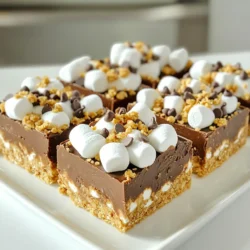 - 1 cup graham cracker crumbs - ½ cup unsweetened cocoa powder - ½ cup granulated sugar - ½ cup unsalted butter, melted - 1 cup mini marshmallows - 1 cup milk chocolate chips - ½ cup crushed graham crackers (for topping) - ¼ cup mini chocolate chips (for garnish) To create these no bake s’mores fudge bars, you need simple and tasty ingredients. Each one plays a key role in making your bars delicious. First, the graham cracker crumbs give the base a nice crunch. They add a sweet and buttery taste. Next, the unsweetened cocoa powder brings rich chocolate flavor. The granulated sugar sweetens the mix just right. Melted unsalted butter helps bind everything together. It makes the crust smooth and moist. The mini marshmallows are a must. They add that classic s'mores taste and a fun chewy texture. Milk chocolate chips melt to create a creamy layer. Their sweetness balances the cocoa. For the topping, crushed graham crackers add extra crunch and flavor. The mini chocolate chips on top give a nice finish and extra sweetness. With these ingredients, you can make a treat that everyone loves. It’s easy, fun, and oh-so-delicious! - Combining Dry Ingredients In a medium bowl, mix the graham cracker crumbs, cocoa powder, and sugar. Whisk them until they look uniform. This step is key for a smooth crust. - Adding Melted Butter Now, pour in the melted butter. Stir well until the mixture feels like wet sand. This will help it stick together when pressed. - Pressing the Mixture into the Baking Dish Take an 8x8 inch baking dish. Firmly press the mixture into the bottom. Use your fingers or a measuring cup to flatten it down. Make sure it’s even and compact for the best base. - Melting the Chocolate Chips Grab a microwave-safe bowl. Add the milk chocolate chips and half of the mini marshmallows. Microwave in 30-second bursts, stirring in between, until smooth and melted. - Incorporating Mini Marshmallows Once the chocolate is melted, gently fold in the rest of the mini marshmallows. This adds a fun, chewy texture to the chocolate layer. - Spreading the Chocolate Mixture Pour the chocolate mixture over the crust. Use a spatula to spread it evenly. Make sure to cover all corners for a neat look. - Adding Toppings and Chilling Sprinkle the crushed graham crackers on top. Press down lightly to help the toppings stick. Place the dish in the fridge to chill for at least 2 hours. This helps the fudge bars set nicely. - Ensuring Even Layer Distribution: To achieve a great texture, spread your crust evenly. Use your hands or a measuring cup to press it down well. This makes each bite full of flavor. Make sure the chocolate layer covers all the crust. This way, every piece has the same taste. - Pressing Toppings Firmly: After adding marshmallows and crushed graham crackers, press them down lightly. This helps them stick to the chocolate layer. A firm press keeps everything together when you cut the bars. It also makes the bars look nice when served. - What to Do if Chocolate Doesn't Melt Smoothly: If your chocolate is clumpy, try microwaving it in shorter bursts. Stir after each 30 seconds. This helps to evenly melt the chocolate. If it still looks thick, add a tiny bit of oil. This can help make it smooth and shiny. - Fixing Crust Consistency Problems: If your crust is too crumbly, it may need more butter. Add a little melted butter and mix. If it’s too sticky, add a bit more graham cracker crumbs. Adjusting these will help you get the perfect texture. - Presentation Tips for Serving: For a great look, serve the bars on a wooden platter. You can also use a fancy dessert stand. To make them even prettier, add a mini marshmallow on top of each bar. A drizzle of melted chocolate adds a nice touch too. - Pairing Ideas with Other Desserts: These fudge bars pair well with vanilla ice cream. The cold ice cream balances the rich fudge. You can also serve them with fresh fruit like strawberries. The fruit adds a burst of flavor that goes well with the chocolate. {{image_4}} Peanut Butter Integration You can add peanut butter to the fudge layer. Just mix in ½ cup of smooth peanut butter when you melt the chocolate. This twist adds a nutty flavor that pairs well with the sweetness of the marshmallows. Using Dark Chocolate Instead For a richer taste, use dark chocolate chips instead of milk chocolate. The deep flavor of dark chocolate gives a nice balance to the sweetness of the bars. Melt it just like the milk chocolate, and spread it over the crust. Gluten-Free Options To make these bars gluten-free, use gluten-free graham crackers. Many brands offer tasty options that work well in this recipe. Just swap them out for regular ones, and you’re good to go! Dairy-Free Substitutions You can make these fudge bars dairy-free too. Use coconut oil instead of butter and dairy-free chocolate chips. This way, everyone can enjoy a slice without worry. Introducing Fresh Fruit Top your fudge bars with fresh fruit for a fun twist. Sliced strawberries or bananas add a burst of flavor and color. Just sprinkle them on top before you chill the bars. Experimenting with Nuts and Other Candies Try adding nuts like chopped almonds or walnuts for crunch. You can also sprinkle on mini candy pieces for extra sweetness. Mix and match to find your favorite combo! - Refrigerating Fudge Bars: Store the fudge bars in an airtight container. They can stay fresh in the fridge for up to one week. Keeping them chilled helps maintain their shape and texture. - Freezing for Long-Term Storage: For longer storage, wrap the fudge bars tightly in plastic wrap. Place them in a freezer-safe bag or container. They can last up to three months in the freezer. When you're ready to enjoy them, just take them out and let them thaw in the fridge overnight. - Recommended Methods for Softening: If the bars feel too hard, you can microwave them for about 10 seconds. Check if they are warm but not melted. This will help soften them without losing the structure. - Tips for Retaining Texture: To keep the fudge bars nice and firm, avoid leaving them out at room temperature for too long. Serve them chilled for the best taste and texture. Using a warm knife technique works best. First, heat a sharp knife under hot water. Wipe it dry. Then, slice the bars smoothly. This helps prevent any crumbling. For neat edges, clean the knife between cuts. It makes your fudge bars look nice and tidy. Yes, you can make these fudge bars ahead of time. I recommend preparing them one to two days before you need them. Just keep them in the fridge. This way, they will stay fresh and tasty. Planning ahead saves time on busy days. These fudge bars can last about a week in the fridge. Store them in an airtight container. This helps keep them fresh and prevents them from drying out. If you notice any changes in smell or texture, it’s best to toss them. Absolutely! You can use dark chocolate or white chocolate for a twist. Each type brings a different flavor to the fudge bars. Dark chocolate has a rich taste, while white chocolate is sweeter. Feel free to mix and match to find your favorite combination. In this post, I covered how to make delicious no-bake fudge bars. We discussed the key ingredients, from graham cracker crumbs to chocolate chips. I walked you through easy steps for the crust and layers. You learned tips for even layers and how to fix common issues. I also shared ways to add flavor twists, like peanut butter. Remember to store them properly for the best taste. Now, it’s your turn to enjoy these fun treats. Happy baking!