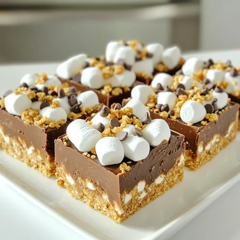 - 1 cup graham cracker crumbs - ½ cup unsweetened cocoa powder - ½ cup granulated sugar - ½ cup unsalted butter, melted - 1 cup mini marshmallows - 1 cup milk chocolate chips - ½ cup crushed graham crackers (for topping) - ¼ cup mini chocolate chips (for garnish) To create these no bake s’mores fudge bars, you need simple and tasty ingredients. Each one plays a key role in making your bars delicious. First, the graham cracker crumbs give the base a nice crunch. They add a sweet and buttery taste. Next, the unsweetened cocoa powder brings rich chocolate flavor. The granulated sugar sweetens the mix just right. Melted unsalted butter helps bind everything together. It makes the crust smooth and moist. The mini marshmallows are a must. They add that classic s'mores taste and a fun chewy texture. Milk chocolate chips melt to create a creamy layer. Their sweetness balances the cocoa. For the topping, crushed graham crackers add extra crunch and flavor. The mini chocolate chips on top give a nice finish and extra sweetness. With these ingredients, you can make a treat that everyone loves. It’s easy, fun, and oh-so-delicious! - Combining Dry Ingredients In a medium bowl, mix the graham cracker crumbs, cocoa powder, and sugar. Whisk them until they look uniform. This step is key for a smooth crust. - Adding Melted Butter Now, pour in the melted butter. Stir well until the mixture feels like wet sand. This will help it stick together when pressed. - Pressing the Mixture into the Baking Dish Take an 8x8 inch baking dish. Firmly press the mixture into the bottom. Use your fingers or a measuring cup to flatten it down. Make sure it’s even and compact for the best base. - Melting the Chocolate Chips Grab a microwave-safe bowl. Add the milk chocolate chips and half of the mini marshmallows. Microwave in 30-second bursts, stirring in between, until smooth and melted. - Incorporating Mini Marshmallows Once the chocolate is melted, gently fold in the rest of the mini marshmallows. This adds a fun, chewy texture to the chocolate layer. - Spreading the Chocolate Mixture Pour the chocolate mixture over the crust. Use a spatula to spread it evenly. Make sure to cover all corners for a neat look. - Adding Toppings and Chilling Sprinkle the crushed graham crackers on top. Press down lightly to help the toppings stick. Place the dish in the fridge to chill for at least 2 hours. This helps the fudge bars set nicely. - Ensuring Even Layer Distribution: To achieve a great texture, spread your crust evenly. Use your hands or a measuring cup to press it down well. This makes each bite full of flavor. Make sure the chocolate layer covers all the crust. This way, every piece has the same taste. - Pressing Toppings Firmly: After adding marshmallows and crushed graham crackers, press them down lightly. This helps them stick to the chocolate layer. A firm press keeps everything together when you cut the bars. It also makes the bars look nice when served. - What to Do if Chocolate Doesn't Melt Smoothly: If your chocolate is clumpy, try microwaving it in shorter bursts. Stir after each 30 seconds. This helps to evenly melt the chocolate. If it still looks thick, add a tiny bit of oil. This can help make it smooth and shiny. - Fixing Crust Consistency Problems: If your crust is too crumbly, it may need more butter. Add a little melted butter and mix. If it’s too sticky, add a bit more graham cracker crumbs. Adjusting these will help you get the perfect texture. - Presentation Tips for Serving: For a great look, serve the bars on a wooden platter. You can also use a fancy dessert stand. To make them even prettier, add a mini marshmallow on top of each bar. A drizzle of melted chocolate adds a nice touch too. - Pairing Ideas with Other Desserts: These fudge bars pair well with vanilla ice cream. The cold ice cream balances the rich fudge. You can also serve them with fresh fruit like strawberries. The fruit adds a burst of flavor that goes well with the chocolate. {{image_4}} Peanut Butter Integration You can add peanut butter to the fudge layer. Just mix in ½ cup of smooth peanut butter when you melt the chocolate. This twist adds a nutty flavor that pairs well with the sweetness of the marshmallows. Using Dark Chocolate Instead For a richer taste, use dark chocolate chips instead of milk chocolate. The deep flavor of dark chocolate gives a nice balance to the sweetness of the bars. Melt it just like the milk chocolate, and spread it over the crust. Gluten-Free Options To make these bars gluten-free, use gluten-free graham crackers. Many brands offer tasty options that work well in this recipe. Just swap them out for regular ones, and you’re good to go! Dairy-Free Substitutions You can make these fudge bars dairy-free too. Use coconut oil instead of butter and dairy-free chocolate chips. This way, everyone can enjoy a slice without worry. Introducing Fresh Fruit Top your fudge bars with fresh fruit for a fun twist. Sliced strawberries or bananas add a burst of flavor and color. Just sprinkle them on top before you chill the bars. Experimenting with Nuts and Other Candies Try adding nuts like chopped almonds or walnuts for crunch. You can also sprinkle on mini candy pieces for extra sweetness. Mix and match to find your favorite combo! - Refrigerating Fudge Bars: Store the fudge bars in an airtight container. They can stay fresh in the fridge for up to one week. Keeping them chilled helps maintain their shape and texture. - Freezing for Long-Term Storage: For longer storage, wrap the fudge bars tightly in plastic wrap. Place them in a freezer-safe bag or container. They can last up to three months in the freezer. When you're ready to enjoy them, just take them out and let them thaw in the fridge overnight. - Recommended Methods for Softening: If the bars feel too hard, you can microwave them for about 10 seconds. Check if they are warm but not melted. This will help soften them without losing the structure. - Tips for Retaining Texture: To keep the fudge bars nice and firm, avoid leaving them out at room temperature for too long. Serve them chilled for the best taste and texture. Using a warm knife technique works best. First, heat a sharp knife under hot water. Wipe it dry. Then, slice the bars smoothly. This helps prevent any crumbling. For neat edges, clean the knife between cuts. It makes your fudge bars look nice and tidy. Yes, you can make these fudge bars ahead of time. I recommend preparing them one to two days before you need them. Just keep them in the fridge. This way, they will stay fresh and tasty. Planning ahead saves time on busy days. These fudge bars can last about a week in the fridge. Store them in an airtight container. This helps keep them fresh and prevents them from drying out. If you notice any changes in smell or texture, it’s best to toss them. Absolutely! You can use dark chocolate or white chocolate for a twist. Each type brings a different flavor to the fudge bars. Dark chocolate has a rich taste, while white chocolate is sweeter. Feel free to mix and match to find your favorite combination. In this post, I covered how to make delicious no-bake fudge bars. We discussed the key ingredients, from graham cracker crumbs to chocolate chips. I walked you through easy steps for the crust and layers. You learned tips for even layers and how to fix common issues. I also shared ways to add flavor twists, like peanut butter. Remember to store them properly for the best taste. Now, it’s your turn to enjoy these fun treats. Happy baking!