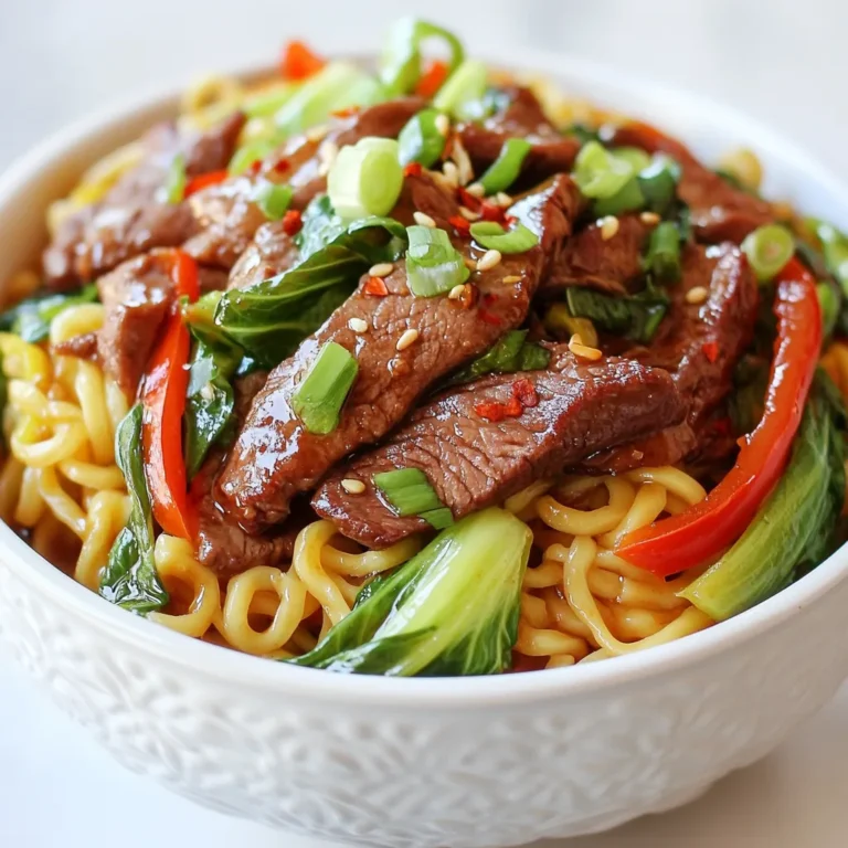 - 8 oz egg noodles - 1 lb flank steak, thinly sliced against the grain - 3 tablespoons soy sauce - 2 tablespoons oyster sauce - 1 tablespoon hoisin sauce - 1 tablespoon sesame oil - 2 tablespoons vegetable oil The base of your Mongolian beef noodles starts with egg noodles. They add a nice chewy texture. Flank steak gives a rich, meaty flavor. Slice it thinly across the grain for tenderness. The sauces—soy, oyster, and hoisin—bring deep umami notes. Sesame oil adds a nutty aroma. Vegetable oil helps to cook the beef and veggies well. - 3 cloves garlic, minced - 1-inch piece ginger, grated - 1 red bell pepper, julienned - 1 cup bok choy, chopped - 2 scallions, chopped Garlic and ginger are key aromatics. They create a strong base flavor. Red bell pepper adds sweetness and color. Bok choy keeps the dish fresh and crunchy. Scallions provide a bright finish and a bit of crunch. - 1 tablespoon brown sugar - Salt and black pepper to taste - Crushed red pepper flakes for garnish Brown sugar balances the salty sauces. Use salt and black pepper to taste. Crushed red pepper flakes add heat and a pop of color on top. These simple ingredients enhance the dish and make it special. {{ingredient_image_2}} To prepare the egg noodles, boil water in a large pot. Add the noodles and cook them according to the package instructions, usually for about 4-6 minutes. Once they are soft, drain them using a colander. Let them cool for a moment, then rinse with cold water to stop the cooking process. This step keeps the noodles from sticking together. For the marinade, you will need: - 3 tablespoons soy sauce - 2 tablespoons oyster sauce - 1 tablespoon hoisin sauce - 1 tablespoon sesame oil - 1 tablespoon brown sugar Mix these ingredients in a bowl. Add the thinly sliced flank steak. Stir well to coat the beef evenly. Marinate the beef for about 15 minutes at room temperature. This time allows the flavors to soak into the meat, making it taste great. Heat vegetable oil in a large skillet or wok over medium-high heat. When the oil is hot, add the marinated flank steak in a single layer. Cook for about 2-3 minutes on each side until the beef is browned. Avoid adding too much beef at once; this will make it steam instead of sear. Remove the beef and set it aside. In the same skillet, add minced garlic and grated ginger. Sauté for about 30 seconds, just until fragrant. Be careful not to let the garlic burn. Then, add julienned red bell pepper and chopped bok choy. Stir-fry for about 3-4 minutes. Keeping the heat high helps the vegetables stay crisp and colorful. Return the cooked beef to the skillet. Add the cooled egg noodles and toss everything together gently. Mix well to ensure the beef, vegetables, and noodles blend evenly. Taste your dish and season with salt, black pepper, and crushed red pepper flakes to adjust the spice level. This step is key to making sure each bite is flavorful. - How to slice beef correctly: Always slice flank steak against the grain. This means cutting across the fibers. This helps keep the beef tender and easy to chew. Aim for thin slices, about 1/4 inch thick. - Ensuring meat tenderness: Marinate the beef for at least 15 minutes. The soy sauce and oyster sauce will help break down tough fibers. This makes the meat juicy and flavorful. - Avoiding overcooked noodles: Follow the package instructions closely. Cook the egg noodles just until they are al dente. This means they should still have a slight bite. Drain them quickly and rinse with cold water to stop cooking. - Options for noodle substitutes: You can use rice noodles or udon noodles if you prefer. Both types work well and add a nice texture to the dish. Just adjust cooking times based on the type you choose. - How to adjust sauce ingredients: If you want a sweeter sauce, add more brown sugar. For a saltier taste, add extra soy sauce. Always taste as you mix to find the right balance for you. - Adding heat without overpowering flavors: Use crushed red pepper flakes to add spice. Start with a small amount and increase as needed. This way, you keep the dish balanced without losing other flavors. Pro Tips Marinate for Maximum Flavor: Allow the flank steak to marinate for at least 15 minutes, but for best results, consider marinating it for up to 2 hours in the refrigerator to deepen the flavor profile. Use High Heat: When cooking the steak, ensure your skillet or wok is hot enough to achieve a good sear. This will help to lock in the juices and flavor of the meat. Vegetable Variations: Feel free to substitute or add other vegetables like snap peas or broccoli. Just keep in mind the cooking times to maintain their crunch. Garnish Smartly: Always garnish your dish just before serving for the freshest taste. Scallions and crushed red pepper flakes can elevate both the presentation and flavor. {{image_4}} If you want a vegetarian twist, use tofu or seitan. These options provide great texture and flavor. Tofu absorbs sauces well, making it a perfect choice. Cut the tofu into cubes and pan-fry until golden. Seitan, made from wheat gluten, has a chewy texture. Cook it for about 5-7 minutes until heated through. This gives you a hearty vegan meal without losing the essence of Mongolian beef noodles. For a gluten-free version, swap regular noodles for rice noodles or gluten-free egg noodles. These choices keep the dish light and tasty. Check the package instructions for cooking times, as they can differ. To make the sauce gluten-free, use tamari instead of soy sauce. This simple change maintains the rich flavors while accommodating your diet. To give your dish a spicy kick, add sriracha or chili paste. Start with a small amount and taste as you go. You can also use fresh chilies for a vibrant touch. For seasonal variety, switch up the vegetables. Try broccoli, snap peas, or carrots. Each veggie brings its own flavor, keeping your dish exciting all year long. To store leftovers, let the dish cool. Then, place it in an airtight container. This keeps your Mongolian beef noodles fresh. Glass containers work well because they don’t stain. You can also use plastic containers with tight lids. Make sure to store leftovers in the fridge. They stay good for about three days. When reheating, use a skillet on low heat. This method helps keep the noodles firm. If you use a microwave, cover the dish loosely. Add a splash of water to keep moisture. Stir every minute to avoid hot spots. This way, you won't end up with soggy noodles. Yes, you can freeze Mongolian beef noodles. To freeze, let the dish cool completely first. Then, place it in a freezer-safe bag. Remove as much air as possible before sealing. It can last for about three months in the freezer. To thaw, place it in the fridge overnight. Reheat it in a skillet for the best texture. The best cut of beef for Mongolian Beef Noodles is flank steak. This cut is flavorful and tender when cooked properly. It slices easily against the grain, which helps it stay juicy. Other good options include sirloin or skirt steak, but flank steak remains my top choice. Yes, you can make Mongolian Beef Noodles ahead of time. I recommend preparing the beef and sauce a day in advance. You can also cook the noodles and store them separately. Keep everything in airtight containers in the fridge. Try to eat it within two days for the best taste. You can serve many sides with Mongolian Beef Noodles. Steamed broccoli or green beans add color and crunch. A simple cucumber salad gives a nice, fresh contrast. You might also enjoy some egg rolls or spring rolls as a tasty appetizer. Absolutely! To adjust the spice level, add less crushed red pepper flakes. If you want more heat, try adding sliced fresh chili peppers. You can also add a dash of hot sauce while cooking. Taste as you go to find your perfect balance. Mongolian Beef Noodles are a tasty dish packed with flavor and texture. You learned about the key ingredients, from egg noodles to flank steak, and the right way to cook them. We explored cooking tips and healthier variations, so you can make this meal fit your needs. Whether you want a vegetarian version or gluten-free options, you have choices. Don’t forget to store leftovers well and use the right reheating methods. Dive into this dish and enjoy every flavorful bite!