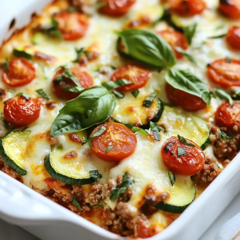 - 1 pound ground turkey - 3 medium zucchinis, diced - 1 cup cherry tomatoes, halved - 1 medium onion, finely chopped - 2 cloves garlic, minced - 1 cup shredded mozzarella cheese - 1 cup ricotta cheese - 1 teaspoon dried oregano - 1 teaspoon dried basil - Salt and pepper to taste - 2 tablespoons olive oil - 1/2 cup grated Parmesan cheese This dish starts with ground turkey. It provides lean protein and a nice texture. Zucchini adds moisture and a mild flavor. Cherry tomatoes bring sweetness and color. Onions and garlic give a strong aroma. Mozzarella and ricotta cheeses make it creamy and rich. Oregano and basil offer a lovely herb taste. - Red pepper flakes (for heat) - Spinach or kale (for greens) - Bell peppers (for crunch) You can spice things up with red pepper flakes. Adding spinach or kale boosts nutrients. Bell peppers add a nice crunch and flavor. - Calories: 350 - Protein: 30g - Carbohydrates: 15g - Fat: 20g - Fiber: 3g This casserole is balanced. It gives you protein, healthy fats, and some carbs. Each serving is filling yet good for you. {{ingredient_image_2}} Start by preheating your oven to 375°F (190°C). This step is key for the casserole to cook evenly. While the oven heats, you can prepare your other ingredients. In a large skillet, pour in two tablespoons of olive oil and heat it on medium. Add one finely chopped onion and two minced garlic cloves. Sauté for about 3-4 minutes. You want the onion to be soft and fragrant. This mix adds a great flavor base. Next, add one pound of ground turkey to the skillet. Use a spatula to break the meat into smaller pieces. Cook for about 5-7 minutes until the turkey is browned and fully cooked. This step ensures the meat is safe to eat. Now, add three diced zucchinis and one cup of halved cherry tomatoes to the skillet. Sprinkle in one teaspoon each of dried oregano and dried basil, plus salt and pepper to taste. Stir everything well and cook for another 5 minutes. This will soften the zucchini and blend the flavors. Take the skillet off the heat. Carefully fold in one cup of ricotta cheese until it’s creamy and all ingredients mix well. Grease a 9x13 inch casserole dish with olive oil. Layer half of the turkey and veggie mix in the dish. Spread half of one cup of shredded mozzarella cheese on top. Pour the rest of the turkey mixture over the first layer. Add the remaining mozzarella cheese on top. Finish with half a cup of grated Parmesan cheese. Cover the dish with aluminum foil and bake for 20 minutes. After that, remove the foil and bake for another 10-15 minutes until the cheese is golden and bubbly. Let it cool for a few minutes before slicing and serving. When picking zucchini, look for firm ones. They should be bright green with no blemishes. Smaller zucchinis taste better and are less watery. Aim for zucchinis about six to eight inches long. These will have a good flavor and texture for your casserole. Herbs can boost the taste of your casserole. I love using dried oregano and basil. They add warmth and depth. You can also try fresh herbs if you have them. Just chop them finely and mix them in at the end. This will keep the flavors bright. A watery casserole can ruin the dish. To prevent this, salt the zucchini before cooking. Let it sit for about 10 minutes. This draws out excess water. After that, pat it dry with a paper towel. This step helps keep your casserole rich and creamy. Pro Tips Use Fresh Herbs: Fresh basil and oregano can elevate the flavor profile of your casserole. Add them just before serving for a burst of freshness. Customize Your Veggies: Feel free to swap out zucchini for other vegetables like bell peppers or spinach, depending on your preference or what you have on hand. Make Ahead: This casserole can be prepared in advance and stored in the refrigerator. Just reheat it in the oven before serving for a quick meal. Cheese Variations: Experiment with different cheeses such as cheddar or feta for a unique twist on the traditional flavor. {{image_4}} You can swap zucchini for cauliflower for a low-carb twist. Cauliflower adds a nice texture. Just chop it into small pieces. Steam it lightly before mixing it with turkey. This keeps it firm and flavorful. Use the same spices and cheeses for a tasty result. Want a meatless meal? Try using lentils instead of ground turkey. Lentils cook fast and are packed with protein. Use 1 cup of cooked lentils. Combine them with the same veggies and spices. This dish will still taste hearty and satisfying. If you like some heat, add red pepper flakes. Just a pinch will do. Mix them in with the ground turkey. This adds a fun spicy flavor. You can adjust the amount to fit your taste. Spice can change the whole vibe of your casserole! To keep your Ground Turkey Zucchini Casserole fresh, let it cool first. Then, place it in an airtight container. You can store it in the fridge for up to 3 days. Make sure it is tightly sealed to prevent drying out. Reheat the casserole in the oven or microwave. For the oven, set it to 350°F (175°C). Cover it with foil to keep it moist. Heat for about 15-20 minutes or until warm. In the microwave, use a safe dish and heat in short bursts. Stir between each burst to ensure even heating. You can freeze this casserole for later meals. First, let it cool completely. Then, wrap it tightly in plastic wrap and foil. Label it with the date. It can last in the freezer for up to 3 months. When ready to eat, thaw it in the fridge overnight before reheating. Yes, you can use ground beef in place of turkey. Ground beef adds a rich flavor. Just choose a lean cut to keep it healthier. You may need to adjust cooking time based on the fat content. If you need a ricotta substitute, try cottage cheese. It has a similar texture. You can also blend cream cheese with a little milk for a creamy mix. Silken tofu works well for a dairy-free option. To make this casserole dairy-free, skip the ricotta and mozzarella. Use vegan cheese or nutritional yeast for a cheesy flavor. Almond milk or coconut milk can replace any dairy milk you might use. This casserole goes well with a crisp salad. A simple green salad adds freshness. You can also serve it with garlic bread for a cozy touch. Steamed veggies are a healthy choice too. In the fridge, the casserole lasts about 3 to 4 days. Make sure to store it in an airtight container. Reheat individual portions in the microwave or oven until warm throughout. You learned about making a tasty ground turkey zucchini casserole. We covered key ingredients, step-by-step instructions, and helpful tips. You also discovered fun variations and how to store leftovers. This dish is easy to make and perfect for any meal. Experiment with flavors and enjoy healthy options. Keep this recipe handy for busy nights or family meals. Enjoy your cooking adventure!