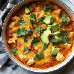 - 1 lb boneless, skinless chicken breasts, cut into bite-sized cubes - 1 tablespoon olive oil - 1 small onion, finely diced - 2 cloves garlic, minced - 1 bell pepper (red or green), chopped - 1 cup diced tomatoes (can be canned or fresh) - 1 cup low-sodium chicken broth - 2 tablespoons chili powder - 1 teaspoon ground cumin - 1 teaspoon smoked paprika - 1/2 teaspoon cayenne pepper (adjust to taste for spiciness) - 1 cup shredded cheddar cheese - 1 cup shredded mozzarella cheese - 1 avocado, sliced for topping - Fresh cilantro, chopped for garnish - Salt and black pepper, to taste If you want to make this dish dairy-free, you can use dairy-free cheese. For a low-sodium option, choose low-sodium broth and reduce added salt. If you prefer a vegetarian meal, you can swap the chicken for beans or tofu. You can also use zucchini or cauliflower to add more veggies. Each serving of this Keto Chicken Enchilada Skillet contains about 400 calories. It has 30 grams of protein and 25 grams of fat. The dish is low in carbs, with roughly 8 grams per serving. It also offers fiber and vitamins from the veggies and spices. Enjoy this tasty meal while sticking to your keto goals! {{ingredient_image_2}} First, gather all your ingredients. You need chicken, cheese, and spices. Chop the onion, garlic, and bell pepper. This makes cooking quick and easy. Have your skillet ready for the heat. 1. Heat 1 tablespoon of olive oil in a large skillet over medium heat. 2. Add 1 pound of cubed chicken, season with salt and black pepper, and cook for 5-7 minutes. Stir often until the chicken is browned and cooked through. Remove the chicken and set it aside. 3. In the same skillet, add the diced onion, chopped bell pepper, and minced garlic. Sauté for 3-4 minutes until the onion is clear and the veggies are soft. 4. Next, stir in 1 cup of diced tomatoes, 1 cup of low-sodium chicken broth, 2 tablespoons of chili powder, 1 teaspoon of ground cumin, 1 teaspoon of smoked paprika, and 1/2 teaspoon of cayenne pepper. Let this simmer gently. 5. Return the cooked chicken to the skillet. Mix well and let it simmer for another 5 minutes. This helps the flavors mix together. 6. Sprinkle 1 cup each of shredded cheddar and mozzarella cheese over the mixture. Lower the heat, cover the skillet, and cook for 5 minutes until the cheese melts and bubbles. 7. Once the cheese is melted, take the skillet off the heat. Let it cool for a minute before serving. 8. Serve hot, topped with sliced avocado and fresh cilantro. - Prep Time: 10 minutes - Cook Time: 20 minutes - Total Time: 30 minutes To cook chicken well, start with good cuts. Use boneless, skinless chicken breasts for the best results. Cut the chicken into small cubes. This helps it cook evenly. Heat the olive oil until it shimmers. Add the chicken in a single layer. Let it brown for about 5-7 minutes. Avoid stirring too much. This gives a nice sear. Always check that the chicken is cooked through. It should reach an internal temperature of 165°F. For a perfect cheese melt, choose the right cheese. I recommend using a mix of cheddar and mozzarella. Cheddar gives a sharp flavor while mozzarella adds creaminess. After you add the cheese, lower the heat. Cover the skillet to trap heat. This helps the cheese melt evenly. Let it sit for about five minutes. The cheese will become bubbly and golden. This makes every bite extra delicious. Adjusting spices can change the dish to fit your taste. If you want it spicier, add more cayenne pepper. Start with half a teaspoon and taste as you go. For a milder flavor, cut back on the chili powder. You can also add other spices, like onion powder or oregano. If you like a smoky taste, use smoked paprika. Always taste as you mix in spices. This ensures your enchilada skillet is just right for you. Pro Tips Use Fresh Ingredients: Fresh vegetables and herbs will enhance the flavor of your dish, making it more vibrant and tasty. Customize Spice Levels: Adjust the amount of cayenne pepper based on your spice tolerance, ensuring everyone can enjoy the dish. Let It Rest: Allow the skillet to sit for a minute after cooking to enhance the flavors before serving. Try Different Cheeses: Experiment with other cheeses like pepper jack or feta for a unique flavor twist. {{image_4}} You can easily make this dish vegetarian. Replace the chicken with firm tofu or tempeh. Use vegetable broth instead of chicken broth. For a vegan version, skip the cheese or use a plant-based cheese. This way, you keep the dish flavorful and creamy without meat or dairy. To lower the sodium, choose low-sodium broth and skip added salt. You can also use fresh tomatoes instead of canned ones, as they often contain salt. For gluten-free options, ensure your spices are gluten-free. This dish is already gluten-free if you use the right broth and spices. Feel free to boost nutrition by adding more veggies. Chopped zucchini, spinach, or corn work well. You can also add black beans for extra protein and fiber. If you want more meat, use turkey or shrimp. Both pair nicely with the flavors in the skillet. To store leftovers, let the skillet cool down first. Transfer the food to an airtight container. You can keep it in the fridge for up to three days. Make sure to label the container with the date. This way, you’ll know when to eat it. When ready to eat, you can reheat the skillet easily. Place the leftovers in a microwave-safe dish. Cover it with a lid or a damp paper towel. Heat for 1-2 minutes, stirring halfway through. Check if it’s hot enough before serving. You can also reheat it on the stove over medium heat. Stir often to prevent sticking. To freeze, first, let the dish cool completely. Portion it into freezer-safe containers. Make sure to leave some space at the top, as it will expand. You can freeze it for up to three months. When ready to eat, thaw it overnight in the fridge. Then, reheat as mentioned above. Enjoy a quick, tasty meal later! Yes, you can use other meats! Ground turkey, beef, or pork work well. Just adjust the cooking time. For ground meat, cook until browned before adding the veggies. If you prefer shrimp, add them last, cooking just until they turn pink. To make it spicier, add more cayenne pepper or some chopped jalapeños. You can also use hot salsa instead of diced tomatoes. For a milder flavor, cut back on the cayenne and chili powder. Using sweet bell peppers can also help tone down the heat. Absolutely! This dish is great for meal prep. Cook it in advance, and store it in airtight containers. It keeps well in the fridge for up to four days. Just reheat in the microwave or on the stove before serving. This article covered key ingredients, cooking steps, and helpful tips to make this dish perfect. We explored ingredient swaps for various diets and the best ways to cook chicken. Plus, we shared variations to suit your tastes and preferences. Remember to store leftovers properly and follow our reheating tips. With this knowledge, you can enjoy a delicious meal tailored just for you. Embrace your culinary skills and make this meal shine!