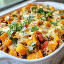 - 1 lb ground turkey - 2 large sweet potatoes, peeled and diced - 1 medium onion, finely chopped - 2 cloves garlic, minced - 1 red bell pepper, diced - 1 cup black beans, rinsed and drained - Seasoning (ground cumin, smoked paprika, chili powder, salt, black pepper) - Optional toppings (shredded cheese, fresh cilantro) - Cooking oil When I create this dish, I start with ground turkey. This meat is lean and cooks quickly. I use two large sweet potatoes. They add a sweet flavor and nice texture. Dicing them into 1-inch cubes helps them cook evenly. Next, I chop one medium onion finely. Onions bring a savory taste. I also mince two cloves of garlic for a fragrant aroma. Then, I add a red bell pepper. Its color and crunch make the dish pop. For added fiber, I include one cup of black beans. They are easy to use, just rinse and drain. Now, it’s time for seasoning. I use ground cumin, smoked paprika, and chili powder to enhance flavors. I also add salt and black pepper to taste. If you love cheese, sprinkle some on top when baking. Fresh cilantro is great for garnish. It adds freshness and color. Finally, you'll need cooking oil for sautéing. I prefer olive oil for its light taste. These ingredients create a hearty and delicious meal. You can easily adjust them to fit your taste. Enjoy the process of making this tasty bake! {{ingredient_image_2}} 1. Preheat your oven to 400°F (200°C). This helps cook the dish evenly. 2. Grab a large skillet and add a drizzle of olive oil. Heat it over medium heat. 3. Once the oil is hot, add the finely chopped onion and minced garlic. Sauté for about 3 minutes. You want them soft and fragrant. 1. Now, add the diced sweet potatoes to the skillet. Mix them with the onion and garlic. 2. Cook for about 5-7 minutes. Stir occasionally until the sweet potatoes soften but still keep their shape. 3. Push the sweet potato mix to one side of the skillet. Create space by moving it aside. 4. Add the ground turkey to the empty side. Break it up with a spatula as it cooks. Cook for 5-7 minutes until it turns golden brown. 1. Once the turkey is cooked, stir it together with the sweet potato mix. 2. Add in the diced bell pepper, black beans, cumin, paprika, chili powder, and season with salt and pepper. Cook for another 3 minutes, stirring often. 3. Carefully transfer the mixture into a greased 9x13 inch baking dish. Spread it out evenly. 4. If you like cheese, sprinkle it over the top now. 5. Place the dish in the oven and bake for 20-25 minutes. You want the sweet potatoes tender and the cheese melted and golden. 6. When it’s done, take it out and let it cool for a few minutes. Garnish with chopped cilantro for color and flavor. To ensure even cooking of sweet potatoes, cut them into 1-inch cubes. This size helps them cook through at the same rate. When you sauté them, start with a little olive oil in a non-stick skillet. Keep stirring until they are soft but not mushy. This method adds flavor and keeps them intact. When sautéing ground turkey, heat the skillet first, then add the meat. Break it apart with a spatula. Cook until it turns a nice golden brown. This takes about 5-7 minutes. Mixing in the veggies helps the turkey absorb their flavors. For presentation, you can serve the bake right from the dish. This gives a homey feel. If you prefer a fancier look, scoop portions onto plates. Add a sprinkle of fresh cilantro on top for color. You can also pair this dish with a simple green salad or steamed broccoli. They both add freshness and balance to the meal. Adjust the spices to fit your taste. If you like heat, add more chili powder or some jalapeños. For a milder flavor, cut back on the spices. Fresh herbs like cilantro or parsley make great garnishes. They add a burst of flavor and make the dish look vibrant. Enjoy experimenting with different spices and herbs to find your perfect blend! Pro Tips Choose the Right Sweet Potatoes: Opt for firm, smooth-skinned sweet potatoes for the best texture and flavor. Customize Your Spices: Feel free to adjust the spices according to your taste; adding a pinch of cayenne can give it an extra kick! Make it Ahead: Prepare the turkey and sweet potato mixture a day in advance and store it in the fridge. Just bake it when you’re ready to serve. Garnish for Freshness: Always add the cilantro garnish just before serving to maintain its vibrant color and fresh flavor. {{image_4}} You can switch ground turkey for other meats or plant-based options. Ground chicken works well if you want a lighter taste. Ground beef adds a richer flavor. For a plant-based choice, try lentils or crumbled tofu. These swaps keep the dish tasty and fun. Adding different veggies can change the dish too. Try zucchini or spinach for added nutrition. Broccoli or cauliflower can also work well. Mix and match to find what you love! Spices can make a big difference in taste. You can add garlic powder or onion powder for extra flavor. Try fresh herbs like thyme or oregano for a fresh kick. Cumin and paprika are great, but you can also use Italian seasoning. If you like heat, consider adding jalapeños or a splash of hot sauce. This gives your bake a spicy twist. Adjust the heat to your taste. It’s all about what you enjoy! You can make this dish gluten-free by using gluten-free spices and checking all labels. Most ingredients are naturally gluten-free, but always double-check. For a dairy-free version, skip the cheese or use a plant-based cheese. You can also use nutritional yeast for a cheesy flavor. If you want to make it vegan, swap ground turkey for chickpeas or mushrooms. This way, everyone can enjoy this dish! To store leftovers, let the dish cool completely. Then, transfer it to an airtight container. You can keep it in the fridge for up to three days. Make sure to label the container with the date. This helps you keep track of freshness. If you want to freeze this dish, it's best to do so before baking. Place the mixture in a freezer-safe container. Make sure to leave some space at the top for expansion. The dish can last up to three months in the freezer. To reheat, thaw it overnight in the fridge. Then, bake it at 350°F (175°C) until heated through, about 25-30 minutes. You can prep components in advance for easy cooking. Dice the sweet potatoes and chop the veggies the day before. Store them in separate containers in the fridge. This makes your cooking time much shorter. Use glass or BPA-free plastic containers for storage. This keeps everything fresh and ready to go. To check if the ground turkey is cooked, look for a few key signs. First, the meat should turn a light brown color. You will notice no pink spots remaining. The texture should feel firm without being mushy. If you have a meat thermometer, the internal temperature should reach 165°F (75°C). This ensures the turkey is safe to eat. Always trust your eyes and thermometer for the best results. Yes, you can make this dish ahead of time! To do this, prepare the turkey and sweet potato mixture as instructed. After cooking, let it cool completely. Then, store it in an airtight container in the fridge for up to three days. You can also freeze it for up to three months. When you're ready to eat, reheat it in the oven at 350°F (175°C) until hot. This makes for a quick and easy meal on busy days. This dish pairs well with several sides. Consider serving a fresh green salad for a crisp contrast. You can also offer steamed broccoli or green beans for added color and nutrition. If you want a heartier meal, serve it with brown rice or quinoa. For drinks, a light white wine or sparkling water with lemon works great. These options complement the flavors of the bake and create a complete meal. In this blog post, we covered how to make a tasty Ground Turkey Sweet Potato Bake. We discussed the key ingredients, easy preparation steps, and tips to ensure great flavor. You can even modify the recipe to fit your taste and dietary needs. Remember, this dish stores well and can be made ahead of time. I hope you enjoy cooking and sharing this healthy dinner option with friends and family. Happy baking!
