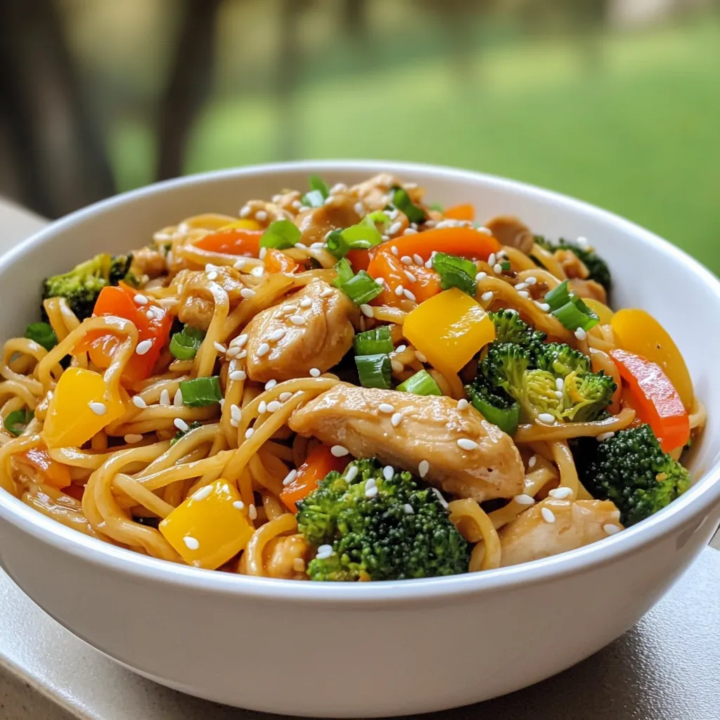 - 8 oz lo mein noodles - 1 lb chicken breast, thinly sliced - 2 tablespoons soy sauce - 1 tablespoon sesame oil - 1 cup broccoli florets - 1 cup mixed bell peppers, sliced - 1 carrot, julienned - 3 green onions, sliced - 2 cloves garlic, minced - 1 tablespoon ginger, freshly grated - 1 tablespoon cornstarch mixed with 2 tablespoons water - Salt and pepper to taste To make Minute Chicken Lo Mein, gather all these ingredients. The lo mein noodles are the star of this dish. They cook quickly and soak up flavors well. Use fresh chicken breast for the best taste and texture. Thinly slice it to help it cook fast. The soy sauce and sesame oil add rich umami flavor. For veggies, I love using broccoli, bell peppers, and carrots. They bring color and crunch! Green onions add a fresh finish. Don't forget the garlic and ginger! They give the dish a nice kick. Season your chicken with salt and pepper to ensure every bite is tasty. Finally, the cornstarch mixed with water will thicken your sauce. It helps coat everything and makes it all come together. Now that you know the ingredients, you're ready to start cooking! {{ingredient_image_2}} To cook the lo mein noodles, bring a large pot of salted water to a boil. Add 8 oz of lo mein noodles. Cook them for about 4-6 minutes or until they are al dente. This means they should still have a slight bite. After cooking, drain the noodles and rinse them under cold water to stop the cooking. This keeps them from getting too soft. Set the noodles aside for later. Heat 1 tablespoon of sesame oil in a large pan or wok over medium-high heat. Make sure the pan is hot before adding the chicken. Season 1 lb of thinly sliced chicken breast with salt and pepper. Add the chicken to the pan and stir-fry it for about 5-7 minutes. Cook until the chicken is golden brown and fully cooked. Remove it from the pan and set it aside. In the same pan, add a splash more sesame oil if needed. Start by tossing in 2 cloves of minced garlic and 1 tablespoon of freshly grated ginger. Stir-fry these for 30 seconds. Next, add 1 cup of sliced bell peppers. Cook them for about 2 minutes. Then, add 1 cup of broccoli florets and 1 julienned carrot. Continue stir-frying for 3 more minutes until all the veggies are tender but still crisp. Return the cooked chicken to the pan with the sautéed vegetables. Drizzle 2 tablespoons of soy sauce over everything. Stir well to mix the chicken and vegetables. Now, add the cooked lo mein noodles to the pan. Toss gently to combine all the ingredients evenly. To thicken the sauce, pour in the cornstarch mixture. This is made by mixing 1 tablespoon of cornstarch with 2 tablespoons of water. Stir frequently as the sauce thickens. This should take about 1-2 minutes. You want the sauce to coat the chicken and veggies well. Remove the pan from heat. Fold in 3 sliced green onions for a fresh touch. Taste the dish and adjust the seasoning. Add more soy sauce if you want extra flavor. Enjoy your Minute Chicken Lo Mein! - Preparing Ingredients Ahead of Time: Get everything ready before you start cooking. Chop the vegetables, slice the chicken, and measure the sauces. This makes cooking fast and easy. When you have all your ingredients prepped, you can cook without delays. - Using Pre-Sliced Chicken and Vegetables: Save time by buying pre-sliced chicken and veggies. Many stores offer these options. This way, you skip the cutting and can focus on cooking. This small change makes your weeknight dinner quicker. - Recommendations for Additional Sauces: To add depth, try using oyster sauce or hoisin sauce. These sauces bring rich flavors and a hint of sweetness. You can mix them with soy sauce for a tasty twist. - Best Oils to Use: Sesame oil is key for flavor. It adds a nutty taste that works well with Asian dishes. You can also use peanut oil for a different flavor. Both oils help enhance your dish. - Ideal Serving Bowls: Choose shallow bowls for serving. They allow for easy mixing and eating. Plus, they show off the colorful lo mein. - Garnishes for Visual Appeal: Top your lo mein with sliced green onions and sesame seeds. They add color and crunch. A sprinkle of crushed peanuts also gives a nice texture. These simple touches make your dish look gourmet. Pro Tips Cook Noodles Al Dente: Make sure to cook your lo mein noodles just until al dente to prevent them from becoming mushy during the stir-frying process. Use Fresh Ingredients: Fresh vegetables and ginger will enhance the flavor of your dish significantly. Avoid using pre-packaged ingredients when possible. Adjust Seasoning: Always taste your dish before serving and adjust the seasoning with additional soy sauce or salt as needed to suit your preference. Customize Your Veggies: Feel free to substitute or add other vegetables like snap peas or baby corn according to your taste or what's in season. {{image_4}} If you want to mix things up, consider these options: - Alternative Proteins: You can swap chicken for tofu or shrimp. Tofu adds a nice texture and can soak up flavors well. Shrimp cooks quickly and gives a different taste. - Veggies You Can Use Instead: You can use any veggies you have on hand. Try snap peas, carrots, or bok choy. Each will add color and crunch. Looking to spice things up? Here are some fun ideas: - Spicy Options: Add chili oil or chili flakes for a kick. Start with a small amount and taste as you go. You can always add more if you like it hot! - Sweet and Sour Twist with Pineapple: For a sweet touch, toss in some pineapple chunks. This adds a nice contrast to the savory flavors of the dish. Need to cater to specific diets? Here’s how: - Gluten-Free Alternatives: Use gluten-free noodles instead of lo mein noodles. Rice noodles or zucchini noodles work well too. Just adjust the cooking time for each type. - Vegetarian and Vegan Options: To make this dish vegetarian, skip the chicken. Use tofu and add more veggies for protein. For vegan, ensure the soy sauce is vegan-friendly. Store your Minute Chicken Lo Mein in airtight containers. Glass or BPA-free plastic work well. Let the dish cool down before sealing it. This keeps your meal fresh and tasty. In the fridge, it stays good for up to four days. When reheating, I recommend using a non-stick pan. Add a splash of water or broth. This helps keep the noodles moist. Stir gently to prevent sticking. You can also use the microwave. Just cover it with a damp paper towel to lock in moisture. You can freeze Minute Chicken Lo Mein for later. Portion it into freezer-safe bags. Make sure to remove as much air as possible. It lasts up to three months in the freezer. To thaw, place it in the fridge overnight. Reheat and enjoy when you’re ready! Minute Chicken Lo Mein stays good for about 3 to 4 days in the fridge. To keep it fresh, store it in an airtight container. If you want it to taste great when you eat it again, cool the dish before you put it in the fridge. This helps lock in flavor and keeps the noodles from getting soggy. Yes, you can use other types of noodles. Egg noodles, rice noodles, or even spaghetti work well. Just remember to adjust the cooking time based on the type of noodles you choose. Check the package instructions to get them just right. You can add tofu, shrimp, or even beef for extra protein. If you're looking for a plant-based option, chickpeas or edamame can be great choices too. Just cook them the same way you would the chicken, and mix them in with the veggies. Absolutely! To make this dish vegetarian, skip the chicken. Use tofu or tempeh instead for protein. You can also add more veggies like snap peas or mushrooms to keep it hearty and flavorful. Don’t forget to adjust the soy sauce for taste! To customize this recipe, think about what you have on hand. You can swap in different vegetables like zucchini or spinach. You can also change the sauce by adding more soy sauce or even a splash of oyster sauce for a different kick. Just get creative with your pantry! You now have a simple guide to making Minute Chicken Lo Mein. We covered all the key steps: boiling noodles, sautéing chicken, stir-frying vegetables, and thickening the sauce. Remember to prep ingredients early for quick cooking. You can swap proteins or veggies to suit your taste. Store leftovers properly for later enjoyment. With this knowledge, you can create a tasty meal anytime. Enjoy the process and make it your own!