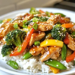 - 2 boneless, skinless chicken breasts, thinly sliced - 4 cloves garlic, minced - 1 cup broccoli florets - 1 bell pepper (any color), sliced - 1 medium carrot, julienned - 1 cup snap peas, trimmed - 3 tablespoons low-sodium soy sauce - 1 tablespoon honey - 1 teaspoon freshly grated ginger - Salt and freshly ground black pepper Gathering the right ingredients is key to a great stir fry. I love using fresh, vibrant produce, as it adds life to the dish. Start with two boneless, skinless chicken breasts. Slice them thinly for even cooking. Next, garlic is a must. Using four cloves of minced garlic gives a strong flavor. Garlic not only adds taste but also has health benefits. Broccoli florets add a nice crunch and bright color. For your veggies, pick a bell pepper. Any color works, but I prefer red for sweetness. A medium carrot, julienned, adds a touch of sweetness and crunch. Snap peas give a crisp bite that everyone loves. Now, let's talk sauce. Three tablespoons of low-sodium soy sauce balance the flavors well. One tablespoon of honey adds a hint of sweetness. Freshly grated ginger gives a warm, spicy note. Don’t forget salt and black pepper for seasoning. With these ingredients, you can create a tasty and healthy meal. Each part plays a role in making the stir fry delicious. Enjoy the cooking process and the tasty results! {{ingredient_image_2}} First, heat 2 tablespoons of olive oil in a large skillet or wok over medium-high heat. Once the oil shimmers, add 2 thinly sliced boneless chicken breasts. Season the chicken with salt and freshly ground black pepper. Cook the chicken for 5 to 7 minutes until it is browned and fully cooked. After cooking, transfer the chicken to a plate and set it aside for later. Next, in the same skillet, add the remaining tablespoon of olive oil. Then, add 4 cloves of minced garlic and 1 teaspoon of freshly grated ginger. Sauté these for about 30 seconds, stirring constantly. You want them to become fragrant but be careful not to burn them. Now it's time to add the veggies! Toss in 1 cup of broccoli florets, 1 sliced bell pepper, 1 julienned medium carrot, and 1 cup of trimmed snap peas. Stir-fry these vibrant vegetables for 4 to 5 minutes. You want them to look bright and be tender-crisp. After the vegetables are cooked, return the chicken to the skillet. In a small bowl, mix together 3 tablespoons of low-sodium soy sauce and 1 tablespoon of honey until smooth. Pour this sauce mixture over the chicken and veggies. Stir well to coat everything evenly. Continue to cook the stir-fry for another 2 to 3 minutes. This allows the sauce to thicken and mingle with the ingredients. Once done, serve the stir-fry over fluffy cooked jasmine rice or quinoa. For a finishing touch, garnish with toasted sesame seeds and finely sliced green onions. Enjoy your colorful and healthy meal! For garlic chicken veggie stir fry, use high heat. This method helps to keep the chicken juicy and the veggies crisp. Heat your skillet or wok until it shimmers. Then, add the chicken and let it sear without stirring for a minute. This gives it a nice color and flavor. Do not overcook your vegetables! They should remain vibrant and tender-crisp. Stir-fry them for just a few minutes. This will keep their nutrients and taste fresh. You can boost the flavor with spices. Try adding red pepper flakes for heat. A dash of black sesame seeds adds nutty notes. Fresh herbs like cilantro or basil can brighten the dish. Choose fresh ingredients whenever possible. Fresh garlic and ginger give a much stronger flavor than dried. If you use dried, cut the amount in half. It’s less potent but still adds depth. Presentation is key! Top your stir fry with toasted sesame seeds for crunch. Thinly sliced green onions add a pop of color. You can also sprinkle some chopped cilantro for freshness. To make it look like a restaurant dish, serve it on a white plate. This contrast highlights the vibrant colors. Add a drizzle of soy sauce or honey on top for a glossy finish. Pro Tips Marinate for Extra Flavor: Consider marinating the chicken in soy sauce, garlic, and ginger for at least 30 minutes before cooking to enhance its flavor. Use Fresh Vegetables: Opt for fresh, seasonal vegetables for the best taste and texture. Frozen vegetables can become mushy when stir-fried. High Heat is Key: Make sure your skillet or wok is hot before adding the ingredients. This helps to sear the chicken and maintain the crispness of the vegetables. Customize Your Sauce: Feel free to tweak the sauce with additional ingredients like sesame oil or chili flakes for an extra kick. {{image_4}} You can easily switch the chicken for shrimp or tofu. Shrimp cooks fast and adds a sweet taste. Tofu is great for a plant-based meal and soaks up flavor well. If you want other meats, try beef or pork. Both add a hearty twist to the dish. Feel free to customize the stir fry with seasonal vegetables. Think about what is fresh at the market. You might try zucchini, asparagus, or mushrooms. Adding leafy greens like spinach or kale gives it a healthy boost. These greens cook quickly and add nice color. Experiment with different sauces to find your favorite flavor. Teriyaki sauce gives a sweet and savory taste. Oyster sauce adds depth and richness. If you want a vegan option, swap honey for agave syrup or maple syrup. This keeps the sauce sweet without using animal products. To store leftovers, let the stir-fry cool down first. Place it in a tight container. Make sure to seal it well. This keeps moisture in and air out. Store it in the fridge for up to three days. If you want, you can keep the rice or quinoa separate from the stir-fry. This helps to keep the rice fluffy. If you have extra stir-fry, freezing is a great option. Pack it in a freezer-safe container or bag. Remove as much air as you can before sealing. Label the bag with the date. You can freeze it for up to three months. When you want to eat it, just thaw it in the fridge overnight before reheating. To reheat the stir-fry, use a skillet or a microwave. If using a skillet, heat it over medium heat. Add a splash of water or broth to keep it moist. Stir often until it’s warmed through. In the microwave, use a microwave-safe bowl. Cover it loosely with a lid or a paper towel. Heat it in short bursts, stirring in between. This way, you keep the veggies crisp and the chicken juicy. Garlic chicken veggie stir fry lasts for about 3 to 4 days in the fridge. Store it in an airtight container. This keeps the food fresh and safe. If you notice any strange smell or change in color, it’s best to toss it out. Yes, you can make this recipe ahead of time. Cook the stir fry and let it cool. Then, place it in the fridge for later. You can also prep the ingredients the night before. Slice the chicken and chop your veggies. This makes cooking easier and faster on a busy day. Garlic chicken veggie stir fry pairs well with a few sides. Consider serving it over jasmine rice or quinoa. You can also add a side salad for some crunch. Steamed rice noodles are another tasty option. For a flavorful twist, try it with some fresh spring rolls. This blog post explored a simple and tasty garlic chicken veggie stir-fry. You learned about key ingredients, step-by-step cooking instructions, and helpful tips to enhance your dish. We discussed variations like protein substitutes and alternative sauces to keep your meals exciting. When you try this recipe, you’ll create a flavorful dish that is healthy and satisfying. Enjoy customizing it to meet your tastes. Happy cooking!