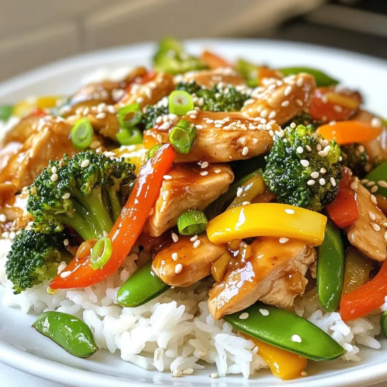- 2 boneless, skinless chicken breasts, thinly sliced - 4 cloves garlic, minced - 1 cup broccoli florets - 1 bell pepper (any color), sliced - 1 medium carrot, julienned - 1 cup snap peas, trimmed - 3 tablespoons low-sodium soy sauce - 1 tablespoon honey - 1 teaspoon freshly grated ginger - Salt and freshly ground black pepper Gathering the right ingredients is key to a great stir fry. I love using fresh, vibrant produce, as it adds life to the dish. Start with two boneless, skinless chicken breasts. Slice them thinly for even cooking. Next, garlic is a must. Using four cloves of minced garlic gives a strong flavor. Garlic not only adds taste but also has health benefits. Broccoli florets add a nice crunch and bright color. For your veggies, pick a bell pepper. Any color works, but I prefer red for sweetness. A medium carrot, julienned, adds a touch of sweetness and crunch. Snap peas give a crisp bite that everyone loves. Now, let's talk sauce. Three tablespoons of low-sodium soy sauce balance the flavors well. One tablespoon of honey adds a hint of sweetness. Freshly grated ginger gives a warm, spicy note. Don’t forget salt and black pepper for seasoning. With these ingredients, you can create a tasty and healthy meal. Each part plays a role in making the stir fry delicious. Enjoy the cooking process and the tasty results! {{ingredient_image_2}} First, heat 2 tablespoons of olive oil in a large skillet or wok over medium-high heat. Once the oil shimmers, add 2 thinly sliced boneless chicken breasts. Season the chicken with salt and freshly ground black pepper. Cook the chicken for 5 to 7 minutes until it is browned and fully cooked. After cooking, transfer the chicken to a plate and set it aside for later. Next, in the same skillet, add the remaining tablespoon of olive oil. Then, add 4 cloves of minced garlic and 1 teaspoon of freshly grated ginger. Sauté these for about 30 seconds, stirring constantly. You want them to become fragrant but be careful not to burn them. Now it's time to add the veggies! Toss in 1 cup of broccoli florets, 1 sliced bell pepper, 1 julienned medium carrot, and 1 cup of trimmed snap peas. Stir-fry these vibrant vegetables for 4 to 5 minutes. You want them to look bright and be tender-crisp. After the vegetables are cooked, return the chicken to the skillet. In a small bowl, mix together 3 tablespoons of low-sodium soy sauce and 1 tablespoon of honey until smooth. Pour this sauce mixture over the chicken and veggies. Stir well to coat everything evenly. Continue to cook the stir-fry for another 2 to 3 minutes. This allows the sauce to thicken and mingle with the ingredients. Once done, serve the stir-fry over fluffy cooked jasmine rice or quinoa. For a finishing touch, garnish with toasted sesame seeds and finely sliced green onions. Enjoy your colorful and healthy meal! For garlic chicken veggie stir fry, use high heat. This method helps to keep the chicken juicy and the veggies crisp. Heat your skillet or wok until it shimmers. Then, add the chicken and let it sear without stirring for a minute. This gives it a nice color and flavor. Do not overcook your vegetables! They should remain vibrant and tender-crisp. Stir-fry them for just a few minutes. This will keep their nutrients and taste fresh. You can boost the flavor with spices. Try adding red pepper flakes for heat. A dash of black sesame seeds adds nutty notes. Fresh herbs like cilantro or basil can brighten the dish. Choose fresh ingredients whenever possible. Fresh garlic and ginger give a much stronger flavor than dried. If you use dried, cut the amount in half. It’s less potent but still adds depth. Presentation is key! Top your stir fry with toasted sesame seeds for crunch. Thinly sliced green onions add a pop of color. You can also sprinkle some chopped cilantro for freshness. To make it look like a restaurant dish, serve it on a white plate. This contrast highlights the vibrant colors. Add a drizzle of soy sauce or honey on top for a glossy finish. Pro Tips Marinate for Extra Flavor: Consider marinating the chicken in soy sauce, garlic, and ginger for at least 30 minutes before cooking to enhance its flavor. Use Fresh Vegetables: Opt for fresh, seasonal vegetables for the best taste and texture. Frozen vegetables can become mushy when stir-fried. High Heat is Key: Make sure your skillet or wok is hot before adding the ingredients. This helps to sear the chicken and maintain the crispness of the vegetables. Customize Your Sauce: Feel free to tweak the sauce with additional ingredients like sesame oil or chili flakes for an extra kick. {{image_4}} You can easily switch the chicken for shrimp or tofu. Shrimp cooks fast and adds a sweet taste. Tofu is great for a plant-based meal and soaks up flavor well. If you want other meats, try beef or pork. Both add a hearty twist to the dish. Feel free to customize the stir fry with seasonal vegetables. Think about what is fresh at the market. You might try zucchini, asparagus, or mushrooms. Adding leafy greens like spinach or kale gives it a healthy boost. These greens cook quickly and add nice color. Experiment with different sauces to find your favorite flavor. Teriyaki sauce gives a sweet and savory taste. Oyster sauce adds depth and richness. If you want a vegan option, swap honey for agave syrup or maple syrup. This keeps the sauce sweet without using animal products. To store leftovers, let the stir-fry cool down first. Place it in a tight container. Make sure to seal it well. This keeps moisture in and air out. Store it in the fridge for up to three days. If you want, you can keep the rice or quinoa separate from the stir-fry. This helps to keep the rice fluffy. If you have extra stir-fry, freezing is a great option. Pack it in a freezer-safe container or bag. Remove as much air as you can before sealing. Label the bag with the date. You can freeze it for up to three months. When you want to eat it, just thaw it in the fridge overnight before reheating. To reheat the stir-fry, use a skillet or a microwave. If using a skillet, heat it over medium heat. Add a splash of water or broth to keep it moist. Stir often until it’s warmed through. In the microwave, use a microwave-safe bowl. Cover it loosely with a lid or a paper towel. Heat it in short bursts, stirring in between. This way, you keep the veggies crisp and the chicken juicy. Garlic chicken veggie stir fry lasts for about 3 to 4 days in the fridge. Store it in an airtight container. This keeps the food fresh and safe. If you notice any strange smell or change in color, it’s best to toss it out. Yes, you can make this recipe ahead of time. Cook the stir fry and let it cool. Then, place it in the fridge for later. You can also prep the ingredients the night before. Slice the chicken and chop your veggies. This makes cooking easier and faster on a busy day. Garlic chicken veggie stir fry pairs well with a few sides. Consider serving it over jasmine rice or quinoa. You can also add a side salad for some crunch. Steamed rice noodles are another tasty option. For a flavorful twist, try it with some fresh spring rolls. This blog post explored a simple and tasty garlic chicken veggie stir-fry. You learned about key ingredients, step-by-step cooking instructions, and helpful tips to enhance your dish. We discussed variations like protein substitutes and alternative sauces to keep your meals exciting. When you try this recipe, you’ll create a flavorful dish that is healthy and satisfying. Enjoy customizing it to meet your tastes. Happy cooking!