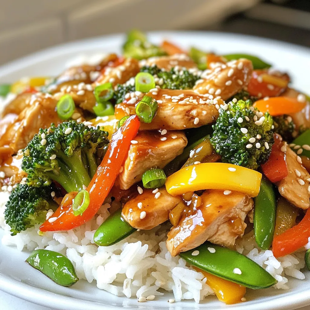 - 2 boneless, skinless chicken breasts, thinly sliced - 4 cloves garlic, minced - 1 cup broccoli florets - 1 bell pepper (any color), sliced - 1 medium carrot, julienned - 1 cup snap peas, trimmed - 3 tablespoons low-sodium soy sauce - 1 tablespoon honey - 1 teaspoon freshly grated ginger - Salt and freshly ground black pepper Gathering the right ingredients is key to a great stir fry. I love using fresh, vibrant produce, as it adds life to the dish. Start with two boneless, skinless chicken breasts. Slice them thinly for even cooking. Next, garlic is a must. Using four cloves of minced garlic gives a strong flavor. Garlic not only adds taste but also has health benefits. Broccoli florets add a nice crunch and bright color. For your veggies, pick a bell pepper. Any color works, but I prefer red for sweetness. A medium carrot, julienned, adds a touch of sweetness and crunch. Snap peas give a crisp bite that everyone loves. Now, let's talk sauce. Three tablespoons of low-sodium soy sauce balance the flavors well. One tablespoon of honey adds a hint of sweetness. Freshly grated ginger gives a warm, spicy note. Don’t forget salt and black pepper for seasoning. With these ingredients, you can create a tasty and healthy meal. Each part plays a role in making the stir fry delicious. Enjoy the cooking process and the tasty results! {{ingredient_image_2}} First, heat 2 tablespoons of olive oil in a large skillet or wok over medium-high heat. Once the oil shimmers, add 2 thinly sliced boneless chicken breasts. Season the chicken with salt and freshly ground black pepper. Cook the chicken for 5 to 7 minutes until it is browned and fully cooked. After cooking, transfer the chicken to a plate and set it aside for later. Next, in the same skillet, add the remaining tablespoon of olive oil. Then, add 4 cloves of minced garlic and 1 teaspoon of freshly grated ginger. Sauté these for about 30 seconds, stirring constantly. You want them to become fragrant but be careful not to burn them. Now it's time to add the veggies! Toss in 1 cup of broccoli florets, 1 sliced bell pepper, 1 julienned medium carrot, and 1 cup of trimmed snap peas. Stir-fry these vibrant vegetables for 4 to 5 minutes. You want them to look bright and be tender-crisp. After the vegetables are cooked, return the chicken to the skillet. In a small bowl, mix together 3 tablespoons of low-sodium soy sauce and 1 tablespoon of honey until smooth. Pour this sauce mixture over the chicken and veggies. Stir well to coat everything evenly. Continue to cook the stir-fry for another 2 to 3 minutes. This allows the sauce to thicken and mingle with the ingredients. Once done, serve the stir-fry over fluffy cooked jasmine rice or quinoa. For a finishing touch, garnish with toasted sesame seeds and finely sliced green onions. Enjoy your colorful and healthy meal! For garlic chicken veggie stir fry, use high heat. This method helps to keep the chicken juicy and the veggies crisp. Heat your skillet or wok until it shimmers. Then, add the chicken and let it sear without stirring for a minute. This gives it a nice color and flavor. Do not overcook your vegetables! They should remain vibrant and tender-crisp. Stir-fry them for just a few minutes. This will keep their nutrients and taste fresh. You can boost the flavor with spices. Try adding red pepper flakes for heat. A dash of black sesame seeds adds nutty notes. Fresh herbs like cilantro or basil can brighten the dish. Choose fresh ingredients whenever possible. Fresh garlic and ginger give a much stronger flavor than dried. If you use dried, cut the amount in half. It’s less potent but still adds depth. Presentation is key! Top your stir fry with toasted sesame seeds for crunch. Thinly sliced green onions add a pop of color. You can also sprinkle some chopped cilantro for freshness. To make it look like a restaurant dish, serve it on a white plate. This contrast highlights the vibrant colors. Add a drizzle of soy sauce or honey on top for a glossy finish. Pro Tips Marinate for Extra Flavor: Consider marinating the chicken in soy sauce, garlic, and ginger for at least 30 minutes before cooking to enhance its flavor. Use Fresh Vegetables: Opt for fresh, seasonal vegetables for the best taste and texture. Frozen vegetables can become mushy when stir-fried. High Heat is Key: Make sure your skillet or wok is hot before adding the ingredients. This helps to sear the chicken and maintain the crispness of the vegetables. Customize Your Sauce: Feel free to tweak the sauce with additional ingredients like sesame oil or chili flakes for an extra kick. {{image_4}} You can easily switch the chicken for shrimp or tofu. Shrimp cooks fast and adds a sweet taste. Tofu is great for a plant-based meal and soaks up flavor well. If you want other meats, try beef or pork. Both add a hearty twist to the dish. Feel free to customize the stir fry with seasonal vegetables. Think about what is fresh at the market. You might try zucchini, asparagus, or mushrooms. Adding leafy greens like spinach or kale gives it a healthy boost. These greens cook quickly and add nice color. Experiment with different sauces to find your favorite flavor. Teriyaki sauce gives a sweet and savory taste. Oyster sauce adds depth and richness. If you want a vegan option, swap honey for agave syrup or maple syrup. This keeps the sauce sweet without using animal products. To store leftovers, let the stir-fry cool down first. Place it in a tight container. Make sure to seal it well. This keeps moisture in and air out. Store it in the fridge for up to three days. If you want, you can keep the rice or quinoa separate from the stir-fry. This helps to keep the rice fluffy. If you have extra stir-fry, freezing is a great option. Pack it in a freezer-safe container or bag. Remove as much air as you can before sealing. Label the bag with the date. You can freeze it for up to three months. When you want to eat it, just thaw it in the fridge overnight before reheating. To reheat the stir-fry, use a skillet or a microwave. If using a skillet, heat it over medium heat. Add a splash of water or broth to keep it moist. Stir often until it’s warmed through. In the microwave, use a microwave-safe bowl. Cover it loosely with a lid or a paper towel. Heat it in short bursts, stirring in between. This way, you keep the veggies crisp and the chicken juicy. Garlic chicken veggie stir fry lasts for about 3 to 4 days in the fridge. Store it in an airtight container. This keeps the food fresh and safe. If you notice any strange smell or change in color, it’s best to toss it out. Yes, you can make this recipe ahead of time. Cook the stir fry and let it cool. Then, place it in the fridge for later. You can also prep the ingredients the night before. Slice the chicken and chop your veggies. This makes cooking easier and faster on a busy day. Garlic chicken veggie stir fry pairs well with a few sides. Consider serving it over jasmine rice or quinoa. You can also add a side salad for some crunch. Steamed rice noodles are another tasty option. For a flavorful twist, try it with some fresh spring rolls. This blog post explored a simple and tasty garlic chicken veggie stir-fry. You learned about key ingredients, step-by-step cooking instructions, and helpful tips to enhance your dish. We discussed variations like protein substitutes and alternative sauces to keep your meals exciting. When you try this recipe, you’ll create a flavorful dish that is healthy and satisfying. Enjoy customizing it to meet your tastes. Happy cooking!