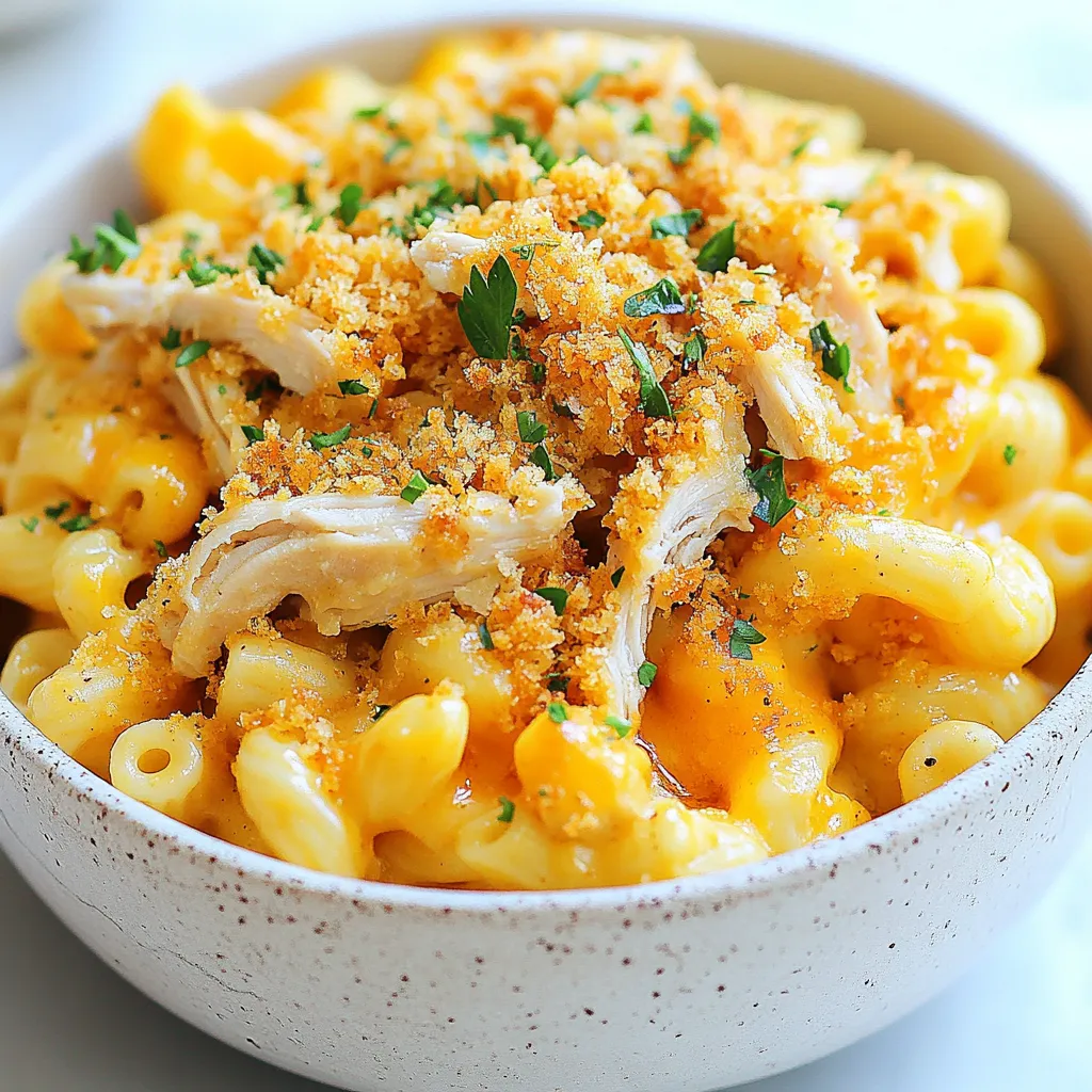 - 8 ounces elbow macaroni - 2 cups cooked chicken, shredded - 1 cup shredded sharp cheddar cheese - 1 cup shredded mozzarella cheese - 1 cup whole milk - 1 cup honey BBQ sauce - 2 tablespoons unsalted butter - 2 tablespoons all-purpose flour - 1 teaspoon garlic powder - 1 teaspoon onion powder - Salt and freshly ground black pepper - ½ cup seasoned breadcrumbs - 2 tablespoons freshly chopped parsley This recipe shines with its simple yet flavorful ingredients. First, the elbow macaroni serves as the perfect base. It holds the creamy sauce well, making each bite enjoyable. I like to use rotisserie chicken for ease. It saves time and adds great flavor. For the cheese, I use sharp cheddar and mozzarella. Sharp cheddar gives a nice tang, while mozzarella adds creaminess. Together, they create a rich, gooey texture that you will love. The sauce combines milk and honey BBQ sauce. This mix brings a sweet and savory taste. The butter and flour help thicken it into a creamy sauce that coats your pasta and chicken perfectly. Seasonings are key. Garlic powder and onion powder add depth. Adjust the salt and pepper to your taste. Lastly, the seasoned breadcrumbs on top add a crunchy finish. The parsley not only adds color but also freshness. With these ingredients, you create a dish that is hearty and comforting. It's perfect for a weeknight meal and sure to please everyone at your table. {{ingredient_image_2}} First, bring a big pot of salted water to a boil. This adds flavor to the pasta. Once the water boils, add 8 ounces of elbow macaroni. Cook it until it is al dente, which usually takes about 7 to 8 minutes. Drain the pasta and set it aside in a bowl. Next, you will need a medium saucepan. Over medium heat, melt 2 tablespoons of unsalted butter. After it melts, whisk in 2 tablespoons of all-purpose flour, 1 teaspoon of garlic powder, and 1 teaspoon of onion powder. Keep whisking for about 2 minutes until it turns smooth and light golden. Then, slowly add 1 cup of whole milk while whisking. Stir for about 5 minutes until the sauce thickens to a creamy texture. Now, take the saucepan off the heat. Add 1 cup each of shredded sharp cheddar and mozzarella cheese. Stir until the cheeses melt and blend smoothly. Next, fold in 1 cup of honey BBQ sauce. Make sure it mixes well with the cheese. In a large bowl, combine the cooked macaroni, shredded chicken, and the creamy cheese mixture. Use a spatula to coat everything evenly. Season with salt and freshly cracked pepper to taste. Preheat your oven to 350°F (175°C). Grease a medium-sized baking dish with cooking spray or a bit of butter. Pour the entire mixture into the dish and spread it out evenly. For the topping, mix ½ cup of seasoned breadcrumbs with a splash of olive oil or melted butter in a small bowl. This will give your topping a nice crunch. Sprinkle the breadcrumb mixture over the mac and cheese. Bake in the oven for 20 to 25 minutes. Look for a golden brown and crispy top before taking it out. To avoid lumps in your cheese sauce, whisk the flour and spices into the melted butter well. This step is key. When you add milk, do it slowly. Whisk constantly to keep it smooth. If you find lumps, use an immersion blender to fix it. For a creamy texture, cook the sauce over medium heat. Stir often, so it doesn't stick. Once the sauce thickens, remove it from the heat before adding cheese. This step helps the cheese melt evenly. You can use different types of cheese to change the flavor. Gouda or pepper jack adds a nice twist. You might also try cream cheese for extra creaminess. Mix and match to find your favorite blend. If you want to swap out proteins, shredded pork or turkey works well. For a veggie option, try adding steamed broccoli or sautéed mushrooms. This adds flavor and color. For garnishes, sprinkle fresh parsley on top. It adds a nice pop of color. You could also drizzle more honey BBQ sauce for extra sweetness. When serving a crowd, use a large baking dish. Scoop portions into bowls for easy serving. This way, guests can dish out their own servings. It makes the meal feel more casual and fun. Pro Tips Cheese Choices: For added depth, consider mixing in some smoked gouda or pepper jack cheese along with the cheddar and mozzarella. Chicken Variations: Use leftover turkey or even cooked sausage for a different flavor profile in your mac and cheese. Breadcrumb Topping: For extra flavor, combine the breadcrumbs with some grated Parmesan cheese and Italian herbs before sprinkling on top. Make-Ahead Option: Assemble the mac and cheese in advance and refrigerate it. Just add an extra 5-10 minutes to the baking time when you're ready to cook. {{image_4}} You can easily swap chicken for vegetables. Use bell peppers, zucchini, or mushrooms for a great taste. Roast the veggies first to enhance their flavor. Mix them into the cheese sauce and pasta for a hearty meal. This version is just as creamy and satisfying. For a kick, add jalapeños or hot sauce. Chop fresh jalapeños and mix them into the cheese sauce. You can also drizzle hot sauce on top before baking. This adds heat and depth to your mac and cheese. Adjust the spice level to suit your taste. Instead of chicken, try using pulled pork. This gives the dish a smoky flavor. Simply fold in the pulled pork with the cheeses and BBQ sauce. The tender meat pairs well with the creamy sauce. You’ll get a delicious twist on the classic recipe. To keep your Honey BBQ Chicken Mac and Cheese fresh, follow these steps: - Let it cool to room temperature before storing. - Place leftovers in an airtight container. - Store in the fridge for up to three days. This helps keep the flavors intact. Reheat portions in the microwave. Cover with a lid or paper towel to prevent splatters. Stir halfway through for even heating. You can freeze this dish for later enjoyment. Here’s how: - Allow the mac and cheese to cool completely. - Transfer it to a freezer-safe container. - Seal tightly and label with the date. It can stay in the freezer for up to three months. To reheat: - Thaw in the fridge overnight. - Bake at 350°F (175°C) until heated through, about 25-30 minutes. This method keeps it creamy and delicious. How long will Honey BBQ Chicken Mac and Cheese last? - In the fridge, it lasts about three days. - In the freezer, it stays good for up to three months. Always check for signs of spoilage, like odd smells or changes in texture. Proper storage helps maintain taste and quality, making it a great meal option for busy nights. Yes, you can use other types of pasta. Some great alternatives include: - Penne - Fusilli - Shells - Rotini These shapes hold sauce well and add fun texture. If you need a substitute, consider these options: - Homemade BBQ sauce with honey - Store-bought BBQ sauce mixed with honey - Sweet chili sauce for a twist These options keep the sweet and tangy flavor. To prepare in advance, follow these tips: 1. Cook the pasta and make the cheese sauce. 2. Mix in chicken and BBQ sauce with pasta. 3. Transfer to the baking dish but do not bake yet. 4. Cover tightly and refrigerate for up to 24 hours. When ready to eat, bake straight from the fridge. Just add a few extra minutes to the bake time. We covered how to make a delicious Honey BBQ Chicken Mac and Cheese. You now know the key ingredients, steps, and tips to create a creamy dish. Remember, you can customize it with different cheeses or proteins. Try the vegetarian or spicy versions for new flavors. Store leftovers well, and enjoy them later. This dish is perfect for sharing with family or friends. You have everything needed to make this recipe a hit every time. Enjoy your cooking adventure!