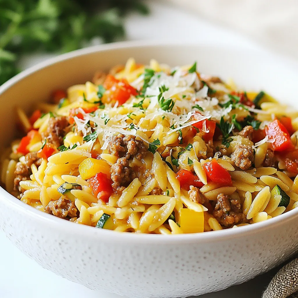- 1 lb ground turkey - 1 cup orzo pasta - 2 cups low-sodium chicken broth - 1 medium onion, diced - 2 cloves garlic, minced - 1 red bell pepper, diced - 1 medium zucchini, chopped - 1 teaspoon Italian seasoning - ½ teaspoon smoked paprika - 2 tablespoons olive oil - Salt and freshly ground black pepper to taste Gather these ingredients before you start cooking. Ground turkey gives a nice lean protein base. Orzo pasta adds a fun texture. Low-sodium chicken broth keeps the dish flavorful without too much salt. Next, choose fresh vegetables. Diced onion and minced garlic bring a strong aroma. The red bell pepper adds sweetness and color. Finally, chop the zucchini for a nice crunch. Seasonings and oils are key to flavor. Italian seasoning gives a warm herbal note. Smoked paprika adds a subtle smokiness. Use olive oil for cooking; it’s healthy and tasty. Don’t forget salt and pepper to taste. This list keeps the recipe simple and fresh. Feel free to add more veggies or spices as you like! {{ingredient_image_2}} - Heat 2 tablespoons of olive oil in a large pot over medium heat for one minute. - Add 1 medium diced onion and sauté for 3-4 minutes until it turns translucent. - Stir in 2 minced garlic cloves and cook for one more minute until fragrant. - Next, add 1 pound of ground turkey. Break it into smaller pieces as it cooks. - Cook the turkey for 5-7 minutes until it turns brown and is fully cooked. - Now, mix in 1 diced red bell pepper and 1 chopped medium zucchini. - Sauté this mixture for 3-4 minutes until the veggies soften. - Season it by adding 1 teaspoon of Italian seasoning, ½ teaspoon of smoked paprika, salt, and freshly ground black pepper to your taste. - Carefully pour in 2 cups of low-sodium chicken broth and raise the heat to bring it to a gentle boil. - Once boiling, add 1 cup of orzo pasta. - Lower the heat and cover the pot. Let it simmer for 10-12 minutes, stirring occasionally. - When done, remove the pot from heat and let it sit for a few minutes to thicken. - Fluff the orzo and turkey mixture with a fork and taste to adjust seasoning. - Serve hot, garnished with fresh parsley and grated Parmesan cheese if you like. To ensure ground turkey is fully cooked, check that it reaches 165°F. Use a meat thermometer for best results. Brown the turkey evenly in the pot. This helps enhance the flavor. For cooking orzo to al dente, follow the package directions. Keep an eye on it as it cooks. Stir occasionally to prevent sticking. Taste a piece a minute before the time is up. You want it firm but not hard. For spices, I recommend using Italian seasoning and smoked paprika. They add depth and warmth. If you want a kick, try adding red pepper flakes. Fresh herbs like basil or thyme can brighten the dish. When garnishing, sprinkle fresh parsley on top right before serving. This adds color and freshness. If you like cheese, add grated Parmesan for a rich touch. You need a large pot for this recipe. A sturdy wooden spoon is great for mixing. Use a sharp knife for chopping the vegetables. A cutting board will make prep easier. I recommend a non-stick pot for easy cleanup. It prevents sticking and makes serving simpler. A ladle can help dish out the orzo beautifully. Pro Tips Use Lean Turkey: Opt for lean ground turkey to keep the dish healthier while still being flavorful. Customize Veggies: Feel free to mix in other vegetables like spinach or carrots for added nutrition and color. Stir Occasionally: Stir the orzo mixture occasionally to prevent it from sticking to the bottom of the pot. Flavor Boost: Add a splash of lemon juice just before serving to brighten the flavors in the dish. {{image_4}} You can swap ground turkey for other proteins. Lean ground beef works well. Ground chicken is also a good choice. For a vegetarian option, try lentils or chickpeas. They add protein and fiber. Tofu crumbles make for a nice meat alternative too. Adding more veggies can enhance this dish. Spinach or kale boosts nutrition and flavor. Carrots add sweetness and color. You can also use seasonal vegetables, like asparagus in spring. In fall, consider butternut squash for a warm taste. You can adjust the spice levels to suit your taste. For heat, add red pepper flakes or diced jalapeños. To explore different cuisines, use cumin for a Mexican twist. For an Asian flair, try soy sauce and ginger. These changes can transform your dish easily. To keep your Ground Turkey Orzo fresh, store leftovers in a sealed container. This method helps to lock in flavor. Make sure the dish is cool before sealing. It stays fresh for up to three days in the fridge. Always check for any off smells before eating. If it smells funny, it’s best to toss it. Freezing is a great option for longer storage. Divide the orzo into single-serve portions. Use airtight containers or freezer bags to prevent freezer burn. Label the bags with the date for easy tracking. Ground Turkey Orzo can last up to three months in the freezer. To reheat, thaw it in the fridge overnight. Then warm it gently on the stove or in the microwave. Add a splash of broth to help it stay moist. This dish is perfect for meal prep. You can make a big batch on the weekend. Store it in portions for quick meals during the week. It’s easy to heat and serve. For a twist, try adding different toppings. Fresh herbs or a squeeze of lemon can change the flavor. You can also serve it with a side salad for a complete meal. To make Ground Turkey Orzo gluten-free, use gluten-free orzo pasta. Many brands offer this option. Check labels to ensure no gluten is present. You can also use rice or quinoa as a substitute. Both will cook well with the other ingredients. Yes, you can use other pasta types. Small pasta like ditalini or elbow macaroni works well. Just adjust the cooking time to match the pasta you choose. Remember to check the package for cooking instructions, as different shapes can vary. Great side dishes include a fresh salad or steamed vegetables. A simple green salad adds crunch and freshness. Roasted broccoli or green beans also complements the dish. Garlic bread is another tasty option to serve alongside. To boost protein, add beans or chickpeas. These ingredients mix well with the flavors of the dish. You can also top with shredded cheese or serve with a side of Greek yogurt. Both options enhance protein and add creaminess. To lower sodium, use sodium-free broth. This change cuts down on salt without losing flavor. You can also skip added salt while cooking. Fresh herbs and spices can enhance taste without adding sodium. This blog post gave you a clear path to make Ground Turkey Orzo. You learned about the key ingredients, simple steps, and helpful tips. I highlighted how to swap proteins and add seasonal veggies. You also saw how to store leftovers safely for later. With these tools, you can create a tasty and fun dish. Enjoy experimenting with flavors and sharing your meals with others! Cooking should be easy and enjoyable. Happy cooking!